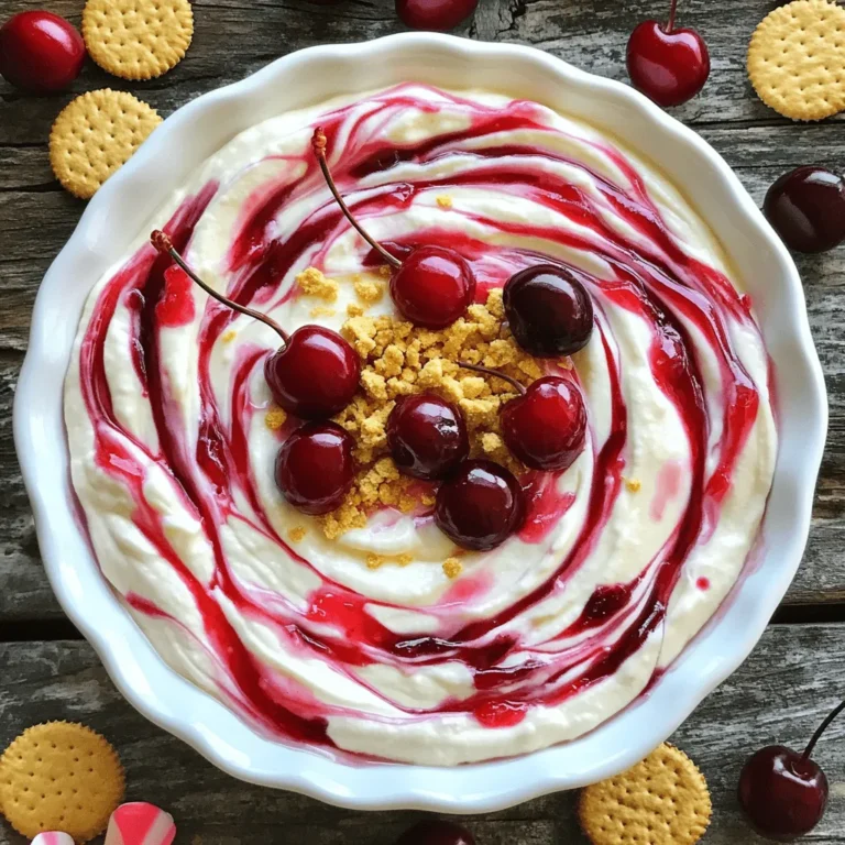 To make Cherry Cheesecake Dip, you need a few simple items: - 8 oz cream cheese, at room temperature - 1 cup powdered sugar - 1 tsp pure vanilla extract - 1 cup sour cream - 1/2 cup heavy whipping cream - 1 cup cherry pie filling (can be canned or homemade) - 1/2 cup crushed graham crackers These ingredients create a rich and creamy dip. The cream cheese gives it a smooth texture. The sour cream adds tanginess, while the powdered sugar sweetens it just right. The cherry pie filling gives your dip its fruity flavor and color. For a fun touch, consider adding: - Fresh cherries for garnish - Additional crushed graham crackers These garnishes not only make your dip look great but also add extra flavor and texture. Fresh cherries provide a burst of taste, while more graham crackers give a nice crunch. To make this dip, you will need: - Mixing bowls - Electric mixer or hand mixer - Spatula - Serving bowl These tools help you mix the ingredients well and serve your dip beautifully. A good mixer is key for getting that creamy texture. A spatula helps fold in the whipped cream gently, keeping it light and airy. Start by taking your cream cheese out. It should feel soft. Place it in a large bowl. Add the powdered sugar on top. Use an electric mixer on medium speed. Mix until it is smooth and creamy. You want to remove all lumps. Then, add the pure vanilla extract. Pour in the sour cream next. Keep mixing on low speed. Your mixture should feel silky and well combined. Now, let’s whip the heavy cream. Pour it into a separate bowl. Use a hand mixer or a stand mixer. Beat it on high speed. Watch for stiff peaks to form. This step is key for a light dip. Once you have stiff peaks, gently fold this whipped cream into the cream cheese mix. Use a spatula for this. Be careful not to deflate the whipped cream. This keeps your dip airy and fluffy. Once the whipped cream is folded in, it is time for the cherry pie filling. Spoon the filling into your dip mixture. Gently fold it in, making sure to keep those pretty swirls. You want to see the cherry color spread. Once mixed well, transfer your dip to a serving bowl. Top it with crushed graham crackers for some crunch. Cover it with plastic wrap. Place it in the fridge for at least 30 minutes. This helps the flavors blend. Check out the Full Recipe for more details! To get the best dip, start with soft cream cheese. Make sure it’s at room temperature. This helps it blend well. Beat the cream cheese and sugar until smooth. When you add the whipped cream, fold it gently. This keeps the dip light and fluffy. If it feels too thick, add a splash of milk to loosen it up. You can mix things up a bit. Instead of sour cream, use Greek yogurt for a tangy twist. If you want a lower-calorie dip, try using light cream cheese. For a dairy-free option, go for vegan cream cheese. You can also swap cherry pie filling for other fruit fillings like strawberry or blueberry. This dip is versatile and can fit many tastes! Serve your dip with a variety of dippers. Graham crackers and vanilla wafers are classic choices. Fresh fruit like apple slices or strawberries also works great. For a fun twist, use pretzels for a salty contrast. Make your dip a centerpiece by adding fresh cherries on top and a sprinkle of graham crackers. This makes it look beautiful and inviting. For the full recipe, check out the instructions above. {{image_4}} You can mix chocolate into your cherry cheesecake dip for a rich twist. Start with the base dip recipe. Melt about 4 ounces of semi-sweet chocolate and let it cool. Once cool, fold the chocolate into the cream cheese mixture. This adds a deep flavor that pairs well with cherries. The chocolate brings a new layer to your dip. Serve it with chocolate wafers or pretzels for a fun crunch. Turn your dip into no-bake bars! Use the dip as a filling. Spread it into a pan lined with parchment paper. Press crushed graham crackers on top for the crust. Chill it in the fridge for at least two hours. Once set, cut it into squares. These bars are perfect for parties and easy to grab. You can even drizzle chocolate over the top for extra sweetness. You can swap out cherries for other fruits in the dip. Fresh strawberries or blueberries work great. Just use the same amount of fruit pie filling. You can also mix in diced peaches or raspberries for a summer twist. Each fruit brings its own taste profile. Experimenting with flavors keeps the dip fresh and exciting. Don’t forget to serve it with an array of colorful dippers! After you enjoy your Cherry Cheesecake Dip, keep any leftovers in the fridge. Place the dip in an airtight container. This helps keep it fresh. Always cover the top with plastic wrap if you do not have a lid. Choose a container that seals well. Glass containers work great. They do not absorb smells and keep flavors intact. Plastic containers are lighter and easy to store. Just make sure they are safe for the fridge. The dip lasts about 3 to 5 days in the fridge. To enjoy the best taste, eat it within 3 days. Always check for signs of spoilage, like odd smells or changes in texture. To keep the dip fresh, do not let it sit out for too long during serving. Return it to the fridge when not in use. For the full recipe, you can refer to the Cherry Cheesecake Dip recipe section. Yes, you can use other fruit fillings. Strawberry, blueberry, or raspberry work well. Each fruit adds a different flavor. You can even mix fruits for a fun twist. Just make sure the filling is thick enough. This keeps the dip creamy. Absolutely! You can make this dip a day before your event. Just store it in the fridge. This gives the flavors time to blend. Just remember to cover it well. This keeps it fresh and tasty. You have many tasty options for serving. Try these: - Graham crackers - Vanilla wafers - Fresh fruit like strawberries or apple slices - Pretzel sticks for a salty crunch These will add fun textures and flavors. Each bite will be a delight! Check the Full Recipe for more tips on serving. This blog post covered how to make Cherry Cheesecake Dip from start to finish. We explored the main ingredients, optional garnishes, and key kitchen tools. You learned how to mix the base, incorporate whipped cream, and add cherry filling. You now have tips for consistency, substitutions, and serving ideas. Variations like chocolate cherry dip offer new flavors, while proper storage helps keep leftovers fresh. Remember, it's easy to customize this dip. Experiment and enjoy your sweet creation!