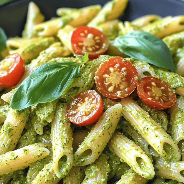 To make vegan creamy pesto pasta, gather these fresh and simple ingredients. - 12 oz pasta (penne, spaghetti, or your favorite variety) - 2 cups fresh basil leaves, tightly packed - 1/2 cup raw cashews (soaked in water for at least 2 hours) - 1/4 cup nutritional yeast (for a cheesy flavor) - 3 cloves garlic, minced - 1/4 cup extra virgin olive oil - 1 tablespoon fresh lemon juice - Sea salt and freshly ground black pepper, to taste - 1 cup cherry tomatoes, halved (for topping) - Extra fresh basil leaves (for garnish) Each ingredient plays a vital role. The pasta is the base, while basil brings freshness. Cashews create a rich, creamy texture. Nutritional yeast adds a cheesy taste, perfect for vegan dishes. Garlic gives depth, while olive oil provides smoothness. Lemon juice brightens the flavors. Salt and pepper enhance everything. Cherry tomatoes add color and sweetness. Extra basil leaves make the dish look beautiful. For the full recipe, check out the link to ensure a delicious meal! First, fill a large pot with water and add a generous amount of salt. Bring the water to a rapid boil. This step is key; the salt helps flavor the pasta. Once boiling, add 12 ounces of your favorite pasta, like penne or spaghetti. Cook according to the package instructions. You want the pasta to be al dente, which means it should be tender but still firm to bite. Usually, this takes about 8 to 12 minutes. When the pasta is ready, drain it well and set it aside. Next, it’s time to make the vegan pesto. Grab your blender or food processor. Add 2 cups of fresh basil leaves, 1/2 cup of soaked raw cashews, and 1/4 cup of nutritional yeast. Also, include 3 cloves of minced garlic and 1 tablespoon of fresh lemon juice. Season with a pinch of sea salt and freshly ground black pepper. Blend this mixture until it becomes smooth and creamy. If it doesn't blend well, scrape down the sides of the blender and blend again until you get a silky texture. Now, combine the drained pasta with the creamy pesto sauce. Use a large mixing bowl for this. Pour the pesto over the pasta. With a pair of tongs or a spatula, toss everything together. Ensure that each piece of pasta gets coated with the vibrant pesto. If the sauce looks too thick, add a little water, one teaspoon at a time, until it reaches the desired consistency. Don't forget to taste! Adjust the seasoning with more salt, pepper, or lemon juice if needed. Finally, gently fold in 1 cup of halved cherry tomatoes for a fresh burst of flavor. Serve this delicious dish warm, garnished with extra basil leaves. Enjoy your vegan creamy pesto pasta! For the complete recipe, check the [Full Recipe]. Soaked cashews are the secret to a smooth and creamy sauce. They soften and blend well, making the pesto rich. Soak them in water for at least two hours before use. This step is key for a silky texture. If your pesto is too thick, don’t worry. Just add water! Start with a teaspoon at a time. Blend until you reach your desired creaminess. This helps the sauce hug the pasta perfectly. Don’t stop at just basil! You can spice it up with some red pepper flakes for heat. A pinch of black pepper adds depth. Try adding a bit of garlic powder for more flavor. Lemon juice adds freshness, but balance is key. If it’s too tangy, add a pinch of sugar or more cashews. This helps round out the flavors and brings the dish to life. Pair this pasta with roasted vegetables for a colorful plate. A side salad adds crunch and freshness. For a drink, consider a light white wine, like Sauvignon Blanc. As for portion sizes, aim for about one and a half cups per person. This ensures everyone leaves satisfied. Enjoy this dish warm for the best flavor experience! {{image_4}} You can change nuts or seeds in your pesto. Try using almonds or sunflower seeds. Each option brings a unique taste. For those avoiding gluten, select gluten-free pasta. Options like brown rice or chickpea pasta work well. Both choices give a nice texture and flavor. To mix up the flavor, add different herbs like parsley or spinach. These herbs bring extra freshness to your dish. You can also incorporate various vegan cheeses. Options like cashew cheese or nutritional yeast can enhance the creamy taste. This helps create layers of flavor in your pesto. Make your dish fresh by using seasonal veggies. For example, zucchini or asparagus can add crunch and color. You can also try different tomatoes. Roasted tomatoes can bring a sweet touch, while cherry tomatoes add a pop of freshness. Finish with garnishes like pine nuts or extra basil for a lovely look. For the complete recipe, check the Full Recipe. After enjoying your vegan creamy pesto pasta, store any leftovers in an airtight container. This keeps the pasta fresh and tasty. Place it in the fridge right away. The best storage time is up to 3 days. Beyond that, the pasta may lose its flavor and texture. To reheat your pasta, the best method is using a stovetop. Heat a pan over medium heat. Add a splash of water or olive oil to keep it moist. Stir gently to warm it up. When reheating, avoid high heat, as this can dry out the sauce. You want to keep that creamy goodness intact. Enjoy your delicious meal again! To make vegan creamy pesto pasta, follow these simple steps: 1. Cook the Pasta: Bring salted water to a boil. Add 12 oz of your pasta and cook until tender. This usually takes about 8-12 minutes. Drain and set aside. 2. Prepare the Pesto: In a blender, add 2 cups of fresh basil leaves, 1/2 cup of soaked raw cashews, and 3 minced garlic cloves. Pour in 1/4 cup of nutritional yeast and 1 tablespoon of lemon juice. Add a pinch of sea salt and black pepper. Blend until smooth. 3. Emulsify with Olive Oil: While blending, slowly add 1/4 cup of extra virgin olive oil. Keep blending until creamy. If it’s too thick, add water, one teaspoon at a time. 4. Combine Pasta and Pesto: In a large bowl, mix the drained pasta with your creamy pesto. Toss gently to coat the pasta well. 5. Final Touches: Taste the mix and adjust the seasoning. Fold in 1 cup of halved cherry tomatoes for a fresh touch. 6. Serve: Serve warm with extra basil leaves on top. Enjoy your delicious vegan creamy pesto pasta! Yes, you can freeze vegan creamy pesto pasta. Here are some tips to keep it tasty: - Cool Before Freezing: Let the pasta cool down before packing it. - Use Airtight Containers: Store the pasta in airtight containers or freezer bags. - Leave Space: Leave some room in the container for the pasta to expand. - Label and Date: Always label your containers with the date. Use within 2-3 months for best quality. When ready to eat, thaw in the fridge overnight. Reheat gently on the stove or in the microwave. Add a splash of water if it seems dry. If you don’t have nutritional yeast, try these alternatives: - Grated Vegan Cheese: Use a dairy-free cheese for a similar flavor. - Ground Flaxseed: This can add a nutty taste, though it won't mimic the cheese flavor. - T nutritional yeast: You can use this if you want a similar profile. - Parmesan Substitute: Some brands offer vegan parmesan that works well in pesto. Each substitute will change the flavor a bit, so adjust to your taste! This blog post covered how to make vegan creamy pesto pasta. You learned about ingredients, cooking pasta, and blending the pesto. We explored tips for smooth texture and flavor. I shared variations to keep things fresh, plus storage and reheating advice. In the end, making this dish is quick and fun. Enjoy experimenting with flavors and textures. This pasta will please vegans and non-vegans alike!