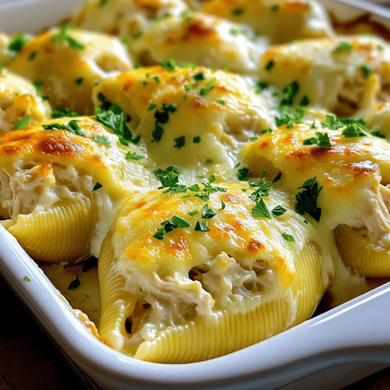 To make Chicken Alfredo Stuffed Shells, you need a few key ingredients. Here’s the complete list: - 20 jumbo pasta shells - 2 cups cooked chicken, shredded - 1 cup ricotta cheese - 1 cup shredded mozzarella cheese - 1/2 cup grated Parmesan cheese - 2 cups Alfredo sauce (store-bought or homemade) - 1 teaspoon garlic powder - 1 teaspoon Italian seasoning - Salt and pepper, to taste - Fresh parsley, finely chopped (for garnish) These ingredients come together to create a creamy and comforting dish. You will love the mix of flavors and textures in every bite! The combination of ricotta and mozzarella makes the filling rich and cheesy. Adding shredded chicken gives it heartiness. The Alfredo sauce ties it all together with creamy goodness. For an even more delightful experience, sprinkle some fresh parsley on top. It not only adds color but also a fresh taste. If you want the full details on how to bring this dish to life, check the Full Recipe. Enjoy making this delicious meal! - Preheat the oven to 350°F (175°C). - Cook the jumbo pasta shells in salted boiling water until al dente. Drain them and place on a tray. This keeps them from sticking. - In a bowl, combine the shredded chicken, ricotta, and cheeses. - Add garlic powder, Italian seasoning, and a pinch of salt and pepper. - Mix well until the filling is creamy and smooth. - Spread one cup of Alfredo sauce in a baking dish. - Carefully fill each pasta shell with about two tablespoons of the chicken mixture. - Place the filled shells seam side up in the dish. - Drizzle the remaining Alfredo sauce over the top of the shells. - Sprinkle the rest of the mozzarella cheese on top. - Cover the dish with foil and bake for 25 minutes. - After this, remove the foil and bake for an extra 10-15 minutes until the cheese is golden brown. These steps make a warm and cozy meal. For the full recipe, check the details above. To prevent your shells from sticking, place them on a parchment-lined tray. After boiling, let the shells cool on the tray. This method stops them from bonding together. It is simple and effective. You can easily boost the flavor by adding more garlic or Italian herbs. These ingredients can make your filling pop. Try using fresh basil or oregano for a bright taste. You can also mix in some red pepper flakes for a little heat. This way, you can customize the dish to fit your taste. For a lovely presentation, serve stuffed shells in deep pasta bowls. This makes your dish look warm and inviting. Garnish with extra parsley for color. A drizzle of Alfredo sauce around the plate adds elegance, too. Your family and friends will be impressed! If you want the full recipe, check out the details above. {{image_4}} You can make a great vegetarian version of Chicken Alfredo Stuffed Shells. Just swap the chicken for sautéed vegetables. Think about using spinach, mushrooms, or zucchini. These veggies add flavor and texture. Sauté them in olive oil with garlic for extra taste. This option is not only tasty but also colorful. It makes the dish fun and filling without the meat. Cheese is key in stuffed shells, and you can mix it up! Instead of the usual ricotta and mozzarella, try cottage cheese or goat cheese. Each type gives a unique taste. You can even add some cream cheese for a richer filling. Mixing different cheeses can create a fun surprise in every bite. So, don't be afraid to get creative with your cheese choices! Using a homemade Alfredo sauce makes a big difference. It is easy to whip up and tastes so fresh. If you want to try it, just melt butter and add garlic. Then, whisk in cream and cheese until smooth. You can also add herbs like basil or parsley for extra flavor. This way, your Chicken Alfredo Stuffed Shells will be even more special. For the full recipe, check out the link provided. After enjoying your Chicken Alfredo Stuffed Shells, store leftovers in an airtight container. Let them cool to room temperature before sealing. Place the container in the fridge. These shells can stay fresh for up to three days. If you want to keep them longer, consider freezing. To reheat, use the oven for the best results. Preheat your oven to 350°F (175°C). Place the stuffed shells in a baking dish. Add a splash of Alfredo sauce on top to keep them moist. Cover with foil to prevent drying out. Heat for about 20 minutes, or until warmed through. You can also use the microwave, but be careful not to overcook them. Yes, you can freeze these shells. If you want to freeze unbaked shells, assemble them in the dish and cover tightly with foil. You can freeze them for up to three months. To bake, just add an extra 10-15 minutes to the cooking time. If you freeze baked shells, let them cool first. Wrap them well in plastic wrap and foil. They will stay tasty for two months in the freezer. Yes, you can prepare Chicken Alfredo Stuffed Shells ahead of time. This makes meal prep easier. To do this, follow these tips: - Cook and cool the shells: Prepare the pasta shells as directed, then cool them on a tray. - Make the filling: Mix the cooked chicken, cheeses, and seasonings in advance. - Assemble the dish: Fill the shells and place them in the baking dish. Cover with Alfredo sauce and cheese. - Store in the fridge: Wrap the dish tightly with foil or plastic wrap. You can keep it in the fridge for a day or two. - Bake when ready: When you want to eat, preheat your oven and bake the shells. They may need a few extra minutes if cold. Chicken Alfredo Stuffed Shells are rich and creamy. Pair them with lighter side dishes for balance. Here are some great options: - Garlic bread: This adds a crunchy texture and complements the flavors. - Green salad: Fresh greens with a simple vinaigrette provide a refreshing contrast. - Roasted vegetables: Try asparagus or broccoli for a healthy side. - Steamed green beans: They add color and a slight crunch to your meal. To check if your stuffed shells are done, look for these signs: - Bubbling edges: The sauce should be bubbling around the sides of the dish. - Golden-brown cheese: The cheese on top should be melted and slightly browned. - Firm shells: The stuffed shells should feel firm and not too soft when you touch them. Once they show these signs, they are ready to serve! You now know how to make Chicken Alfredo Stuffed Shells from start to finish. We covered ingredients, steps, and some helpful tips. Remember, you can change up the filling or sauce to make it your own. Don't shy away from adding extra flavor or trying new cheeses. Enjoy these tasty shells with your favorite side dishes. With careful cooking and some creativity, your meal will impress! Use these tips, and happy cooking!