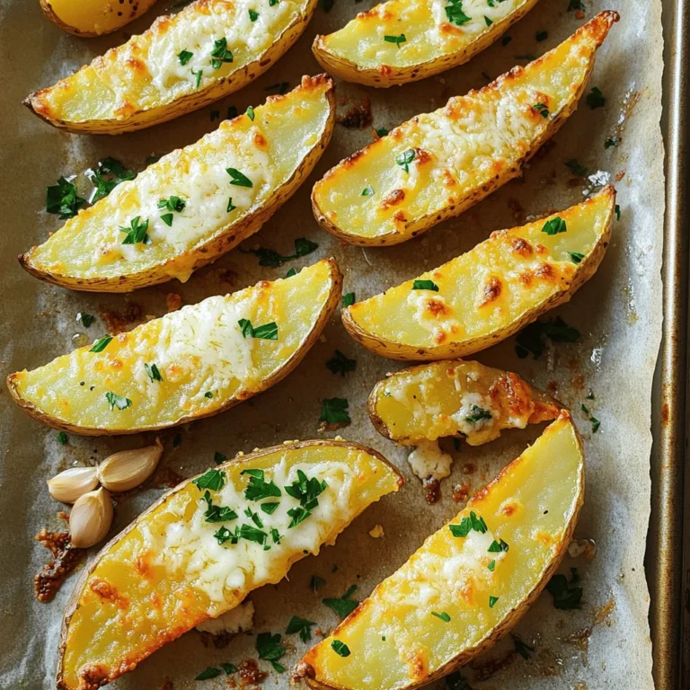 To make crispy garlic Parmesan potato wedges, you'll need a few simple items: - 4 large russet potatoes, scrubbed and cut into generous wedges - ¼ cup extra virgin olive oil - 4 cloves of garlic, finely minced - 1 cup freshly grated Parmesan cheese - 1 tablespoon dried Italian herb mix (a blend of oregano, thyme, and basil) - 1 teaspoon smoked paprika for added flavor - Salt and freshly cracked black pepper to taste - Fresh parsley, finely chopped (for a vibrant garnish) Russet potatoes are perfect because they are starchy. This helps the wedges get crisp. Fresh garlic adds a strong, tasty kick. Using fresh Parmesan cheese will give the best flavor. For great flavor and texture, use these measurements: - Potatoes: 4 large russets give a good serving size. - Olive oil: ¼ cup keeps the wedges crisp without being greasy. - Garlic: 4 cloves provide a bold garlic taste. - Parmesan cheese: 1 cup melts beautifully and adds richness. - Herbs: 1 tablespoon of dried mix adds depth. - Paprika: 1 teaspoon brings a subtle smokiness. - Salt and pepper: Use to your taste. Start with ½ teaspoon of each. If you want to switch things up, try using different cheeses like cheddar or mozzarella. Fresh herbs can replace dried ones but use more of them for the same punch. First, preheat your oven to 425°F (220°C). This high heat will help the wedges become crispy. Next, take a large baking sheet and line it with parchment paper. This step makes cleanup easier and helps the wedges crisp up nicely. Now, let’s mix the garlic herb mixture. In a large mixing bowl, combine ¼ cup of extra virgin olive oil, 4 cloves of finely minced garlic, and 1 tablespoon of dried Italian herbs. I like to use a blend of oregano, thyme, and basil. Add 1 teaspoon of smoked paprika for a hint of warmth, and season with salt and black pepper to taste. Whisk until the mixture is well combined and fragrant. Time to coat the potato wedges! Add 4 large russet potatoes—cut into generous wedges—to the bowl with the garlic herb mixture. Gently toss the wedges in the mixture, making sure every piece is well-coated. This step ensures that each wedge tastes great. Next, arrange the coated wedges on the lined baking sheet. Spread them out in a single layer. Make sure not to overcrowd the pan; this helps the wedges get that amazing crispiness. Place the baking sheet in your preheated oven and bake for 25-30 minutes. Remember to flip the wedges halfway through. This helps them brown evenly and turn golden. Once they’re baked, take the wedges out of the oven. Immediately sprinkle 1 cup of freshly grated Parmesan cheese over the hot wedges. The heat will help the cheese melt into the wedges, making them even better. Put the baking sheet back in the oven for an extra 5 minutes. This time allows the cheese to get bubbly and golden brown, creating a delightful topping. After the final baking, take them out and garnish with finely chopped fresh parsley. This adds a pop of color and freshness. Serve these crispy garlic Parmesan potato wedges hot for the best experience! For the full recipe, check out the details above! To get those potato wedges crispy, start with the right potato. Russet potatoes are the best choice. They have a high starch content that helps them crisp up well. Next, cut the wedges evenly. This ensures they cook at the same rate. When you coat them with oil and seasonings, make sure to toss them well. Every wedge should be covered. The spacing on the baking sheet is key. Lay the wedges out in a single layer. If they touch, steam forms, which leads to soggy wedges. Use a large baking sheet if needed. To elevate the flavor, think about adding spices. Some ideas include cayenne pepper for heat or garlic powder for an extra kick. You could even try adding fresh herbs like rosemary or thyme. Dipping sauces can make your wedges even better. Classic choices include ranch or ketchup. For something unique, try a spicy aioli or a tangy yogurt dip. These pair well and add a fun twist to your snack. If you want to explore more, check out the Full Recipe for all the details. {{image_4}} You can easily change the taste of your crispy garlic Parmesan potato wedges. Try adding different spices to make them spicy or herb-filled. For spicy wedges, mix in cayenne pepper or chili powder. You could also add paprika for a smoky kick. If you want a more herbaceous flavor, consider using fresh herbs like rosemary or thyme. Fresh herbs can bring a bright taste that pairs well with garlic. You can also get creative with the cheese. Swap out Parmesan for cheddar for a rich and sharp flavor. Feta cheese adds a tangy twist that works well with garlic. Just remember, the cheese should melt nicely for the best taste. While baking is great, you can try other cooking methods too. Air frying your wedges gives them a crunchy texture with less oil. Simply follow the same steps as the recipe, but adjust the cooking time to 15-20 minutes in the air fryer. Frying is another option if you want a rich flavor. Heat oil in a pot and fry the wedges until golden brown. This method will yield crispy results, but be cautious with hot oil. You can also use other types of potatoes. Sweet potatoes give a sweet and earthy taste. Gold potatoes are creamy and less starchy, which makes them great for a soft texture. You can even try other vegetables like zucchini or carrots. Just cut them into thick wedges for even cooking. For the full recipe, check out the Crispy Garlic Parmesan Potato Wedges recipe. To keep your crispy garlic Parmesan potato wedges fresh, store them in an airtight container. Place them in the fridge if you plan to eat them within three days. They will stay safe and tasty for that time. If you want to keep them longer, freeze the wedges. They can last up to three months in the freezer. Just make sure to let them cool completely before freezing. This keeps them from getting soggy. When you want to enjoy your leftover wedges, the best way to reheat them is in the oven. Preheat your oven to 400°F (200°C). Place the wedges on a baking sheet lined with parchment paper. Bake for about 10-15 minutes until they are heated through and warm. To restore their crispiness, try not to overcrowd the pan. If you prefer using a microwave, be aware that they may lose their crunch. For the best results, stick to the oven method. Enjoy your delicious snack again! To make potato wedges crispier, avoid common mistakes. One common error is not drying the potatoes after washing them. Moisture leads to soggy wedges. Always pat them dry with a clean towel before cooking. Another mistake is overcrowding the baking sheet. When wedges are too close, they steam instead of roast. Give them space to breathe on the pan for that golden crunch. For expert tips, try soaking the wedges in cold water for about 30 minutes before cooking. This removes excess starch, allowing for a crispier texture. Also, don’t skip the extra virgin olive oil; it helps with browning and crisping. Lastly, flip the wedges halfway through baking to promote even cooking. Yes, you can prepare these potato wedges ahead of time. Cut them and toss them in the garlic herb mixture. Then, store them in the fridge for up to 24 hours. This makes meal prep super easy! However, keep in mind that the longer they sit, the less crispy they might become. The oil can soak into the potatoes, which affects texture. For the best flavor and crunch, bake them shortly after coating. Dipping sauces can elevate your garlic Parmesan wedges. Classic choices include ketchup or ranch dressing. They add a nice contrast to the savory flavors. For something creative, try a garlic aioli or spicy sriracha mayo. Others love a tangy balsamic reduction for a gourmet touch. Explore different flavors to find your favorite pairing! Crispy Garlic Parmesan Potato Wedges are a delight. We covered key ingredients, cooking steps, and tips for crispiness. You now know how to tweak flavors and create variations. If you follow the guidelines, your wedges will impress anyone. Storing and reheating them is easy, so enjoy every bite later, too. This dish is perfect as a side or snack. Ready to make your own delicious wedges? Start cooking, and savor the flavor!