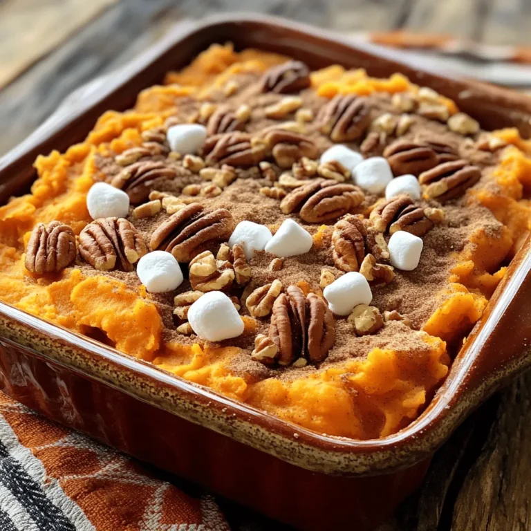 - Sweet Potatoes and Main Components - 4 medium sweet potatoes, peeled and cut into 1-inch cubes - 1/4 cup unsalted butter, melted and slightly cooled - 2 large eggs, lightly beaten - Sweeteners and Flavor Enhancers - 1/2 cup packed brown sugar - 1/2 teaspoon ground cinnamon - 1/4 teaspoon ground nutmeg - 1/2 teaspoon pure vanilla extract - 1/4 teaspoon salt - Optional Toppings - 1 cup mini marshmallows (optional but recommended) - 1/2 cup crushed pecans (for topping) This sweet potato casserole is simple yet rich in flavor. The sweet potatoes provide a creamy base, while the butter and eggs bind everything together. The brown sugar adds a delightful sweetness, balanced by the warm spices of cinnamon and nutmeg. Don't skip the vanilla extract; it elevates the dish. For toppings, mini marshmallows add a fun touch, while crushed pecans give a nice crunch. You can always mix and match to suit your taste. This blend of ingredients makes the casserole a crowd-pleaser at any gathering. For the full recipe, check out Sweet Potato Delight Casserole. 1. Preheat the oven to 350°F (175°C). This warms the oven for baking. 2. Fill a large pot with water. Bring it to a boil, then add the sweet potatoes. Cook for 15-20 minutes until fork-tender. Drain them and let them cool. 3. In a bowl, mash the sweet potatoes until smooth. You can use a potato masher or fork for this. 4. Add brown sugar, melted butter, cinnamon, nutmeg, vanilla, and salt to the mashed sweet potatoes. Mix until everything is well combined, and the sugar is dissolved. 5. Fold in the beaten eggs carefully. Mix until fully combined with the sweet potato mix. 1. Grease a 9x13-inch baking dish with butter or cooking spray. Pour the sweet potato mixture into the dish. Spread it evenly with a spatula. 2. If you want extra sweetness, sprinkle mini marshmallows on top. 3. In a small bowl, mix crushed pecans with a tablespoon of brown sugar. Sprinkle this mix over the casserole for crunch and flavor. 4. Bake in the preheated oven for 25-30 minutes. The top should turn a golden brown color when done. 1. Let the casserole cool for a few minutes before serving. This helps it set and makes it easier to serve. 2. Serve in the baking dish for a rustic look. You can garnish with fresh mint or a dusting of cinnamon for a fun touch. Enjoy your Sweet Potato Delight Casserole! - Overcooking Sweet Potatoes: Cooking sweet potatoes too long can make them mushy. Aim for fork-tender. - Skipping the Cooling Time: Letting the potatoes cool helps the mix set well. Don't rush this step. - Balancing Sweetness: Sweet potatoes are naturally sweet. Adjust the brown sugar to your taste. - Experimenting with Spices: Try adding ginger or cloves for a unique twist. A little spice goes a long way. - Recommended Kitchen Tools: Use a potato masher for smooth sweet potatoes. A large bowl helps mix well. - Desired Texture and Consistency: Aim for a creamy texture. It should hold together but still be spoonable. Remember, these tips will help you create a perfect Sweet Potato Delight Casserole. Enjoy the process! {{image_4}} You can easily make a vegan sweet potato casserole. Just swap the eggs and butter. Use flaxseed meal mixed with water instead of eggs. For butter, use coconut oil or vegan butter. This keeps the dish creamy and tasty without dairy. For a gluten-free version, ensure your toppings are gluten-free. Most sweet potatoes are naturally gluten-free. Just check labels on any extras like marshmallows or sugar. If you want nut-free choices, skip the pecans. Instead, try using crushed graham crackers or oats. This gives a nice crunch without nuts. You can also add a sprinkle of cinnamon for more flavor. For sweeteners, you have options. Maple syrup or honey can replace brown sugar. These sweeteners add a different taste and can be healthier. Just remember to adjust the amount to keep it sweet. Check out the [Full Recipe] for more on making this dish your own! To keep your sweet potato casserole fresh, use these tips: - Refrigeration Tips: Allow the casserole to cool completely. Transfer it to an airtight container or cover the dish tightly with plastic wrap. Store it in the fridge for up to three days. This keeps it safe and tasty. - Freezing for Later: If you want to save some for later, freezing works well. Wrap the casserole tightly in plastic wrap, then in aluminum foil. This prevents freezer burn. You can freeze it for up to three months. When ready, thaw it in the fridge overnight before reheating. To enjoy your leftovers, follow these methods: - Best Methods for Reheating: The oven is the best choice for reheating. Preheat it to 350°F (175°C). Place the casserole in an oven-safe dish. Cover it with foil to keep it moist. Heat for about 20-25 minutes. - Ensuring Optimal Texture: To keep the topping crisp, remove the foil for the last 10 minutes. This helps the top brown nicely. If you use the microwave, heat in short bursts and stir in between to avoid hot spots. You can use unsweetened applesauce as a great egg substitute. Use 1/4 cup of applesauce for each egg. This keeps the dish moist and adds some natural sweetness. You can also try mashed bananas or flaxseed meal mixed with water. Use 1 tablespoon of flaxseed meal and 3 tablespoons of water, letting it sit for a few minutes to thicken. Sweet potato casserole lasts about 3 to 5 days in the fridge. Make sure to cover it tightly with plastic wrap or foil. This keeps it fresh and prevents it from absorbing other fridge odors. If you notice any off smell or mold, it’s best to throw it out. Yes, you can make sweet potato casserole ahead of time! Prepare it a day in advance and store it in the fridge. Just cover it well. When you are ready to bake, let it sit at room temperature for about 30 minutes before putting it in the oven. This helps it cook evenly. You can also freeze it for up to 2 months. Just thaw it in the fridge before baking. Check out the Full Recipe for more details! In this post, we explored sweet potato casserole, covering ingredients, preparation, and tips. We also discussed variations, storage, and common questions. Sweet potato casserole is easy to make and delicious. You can adjust it to fit your diet. Remember to avoid overcooking and cool it before serving. Enjoy making this comforting dish and share it with others!
