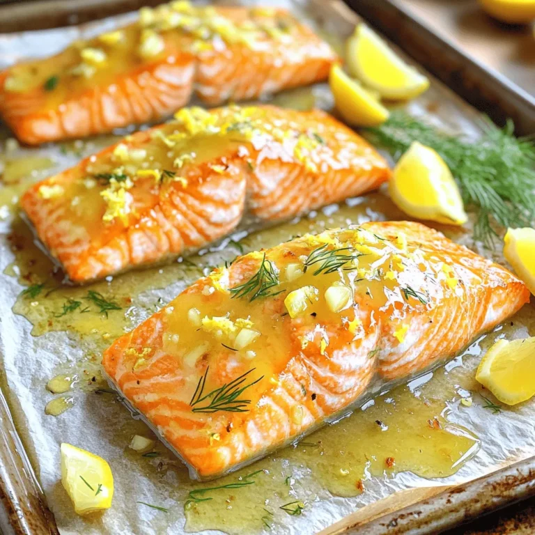 To make honey lemon roasted salmon, you need a few simple items: - 4 salmon fillets (6 oz each) - 1/4 cup honey - 2 tablespoons freshly squeezed lemon juice - Zest of 1 lemon (about 1 teaspoon) - 2 tablespoons extra virgin olive oil - 3 cloves garlic, finely minced - Salt and black pepper to taste These ingredients work well together. The honey adds sweetness, while the lemon gives a bright flavor. The olive oil helps keep the salmon moist. Garlic brings a nice kick to the dish. You can add some optional garnishes to make your dish look even better. Consider these: - Fresh dill sprigs for a pop of color and taste - Extra lemon wedges for serving These garnishes add freshness and make the dish more appealing. They also enhance the flavors. If you don't have all the ingredients, don't worry! You can swap some things out: - Use maple syrup instead of honey for a different sweet flavor. - Lime juice can replace lemon juice for a zesty twist. - If you lack fresh garlic, garlic powder works in a pinch. These swaps can still give you a tasty meal. Feel free to get creative! For the full recipe, check the detailed steps. To start, preheat your oven to 400°F (200°C). This gives the salmon a nice roast. In a bowl, mix honey, lemon juice, lemon zest, olive oil, and minced garlic. Whisk it well until smooth. Next, take your salmon fillets and season both sides with salt and black pepper. This will boost the flavor. Place the fillets skin-side down on a baking sheet lined with parchment paper. This step makes cleanup easy. Now, use a brush or spoon to spread the honey lemon mix over the salmon fillets. Make sure to coat them well for great taste. Now, place the baking sheet in the oven. Roast the salmon for 12-15 minutes. It’s done when the flesh looks opaque and flakes easily with a fork. This means it's tender and juicy. After roasting, take the salmon out of the oven. Let it rest for a few minutes. This keeps it warm and moist. When serving, lay the salmon on a white platter. Drizzle any leftover honey lemon mixture from the baking sheet on top. For a nice touch, add lemon wedges around the salmon. If you like, you can garnish with fresh dill sprigs. This adds color and flavor. You can find the full recipe and more tips at [Full Recipe]. Enjoy your meal! To get perfectly roasted salmon, start with fresh fillets. Fresh fish tastes better. Always preheat your oven to 400°F (200°C). This helps the salmon cook evenly. Make sure to line your baking sheet with parchment paper. This keeps the salmon from sticking. For a nice glaze, brush the honey lemon mixture on thick. This adds more flavor and caramelizes well. Roast for 12 to 15 minutes. The salmon is done when it flakes easily with a fork. One common mistake is overcooking the salmon. This makes it dry and tough. Always check it a few minutes before the time is up. Another mistake is not seasoning enough. Salt and pepper bring out the salmon's natural taste. Skipping the marinade is also a no-go. The honey and lemon mix adds great flavor. Lastly, don’t skip resting the salmon after cooking. This keeps it juicy and tender. Marinating is key to enhancing flavor. You can use the honey lemon mix as a marinade. Let the salmon sit in the mixture for 30 minutes before cooking. This allows the fish to soak up all the flavors. Feel free to add herbs like thyme or rosemary. These herbs pair well with salmon. You can also try different citrus juices for a twist. Orange or lime can add a nice touch. For more ideas, check out the Full Recipe. {{image_4}} Grilling salmon gives it a lovely smoky flavor. Start with the same honey lemon mix. Marinate the salmon in this blend for about 30 minutes. Preheat your grill to medium-high heat. Cook each side for about 5-7 minutes. Look for grill marks and a nice char. This method adds depth to the dish. Fresh herbs can brighten your meal. Add herbs like thyme or parsley to the honey lemon mix. These herbs work well with the salmon's rich flavor. Simply brush the mixture over the salmon fillets before cooking. It gives each bite a fresh taste. You can also sprinkle herbs on top after cooking for added color and flavor. Want a faster option? Pan-searing is quick and easy. Heat a bit of olive oil in a skillet over medium heat. Season the salmon with the honey lemon mix. Place the fillets skin-side down in the hot skillet. Cook for about 4-5 minutes per side. This method gives you a crispy skin and juicy inside. It's a great way to enjoy salmon on a busy night. For more cooking ideas, check out the Full Recipe. After cooking your honey lemon roasted salmon, let it cool down. Place the leftover salmon in an airtight container. This keeps it fresh. Store it in the fridge for up to three days. If you want to enjoy it later, do not wait too long. The sooner you store it, the better it tastes when you reheat. You can freeze honey lemon salmon if you have extra. Wrap each piece tightly in plastic wrap. Then, place them in a freezer-safe bag. Squeeze out the air before sealing. Label the bag with the date. You can freeze it for up to three months. When you're ready to eat it, thaw it overnight in the fridge. To reheat salmon, the oven works best. Preheat the oven to 275°F (135°C). Place the salmon on a baking sheet. Cover it with foil to prevent drying. Heat for about 15 minutes or until warm. You can also use a microwave. Put it on a plate and cover it with a microwave-safe lid. Heat for 30 seconds at a time until warm. Enjoy your meal again! For the full recipe, check back to our earlier section. You can tell salmon is done when it looks opaque. The flesh should flake easily with a fork. Use a meat thermometer if you want to be sure. The internal temp should reach 145°F (63°C). If you cut into the fish, it should look moist and tender. Overcooked salmon can be dry, so check it closely. Yes, you can use frozen salmon for honey lemon roasted salmon. Just make sure to thaw it first. Place the salmon in the fridge overnight or run it under cold water. Once thawed, pat it dry with a paper towel. Then, follow the recipe as usual. Cooking from frozen may require a few extra minutes. Honey lemon roasted salmon pairs well with many sides. Here are some ideas: - Steamed broccoli - Roasted asparagus - Quinoa salad - Garlic mashed potatoes - Lemon rice - Mixed greens with vinaigrette These sides add color and nutrition to your meal. You can mix and match based on your taste. Enjoy trying out different combinations! For the full recipe, check out the section above. This blog post covered how to make honey lemon roasted salmon. We explored key ingredients, including essential and optional items. I shared step-by-step cooking instructions and tips to avoid mistakes. You also learned about variations and how to store salmon. Try these methods to create simple and tasty meals. With practice, you'll impress yourself and others with your cooking skills. Enjoy your journey to making delicious honey lemon salmon!
