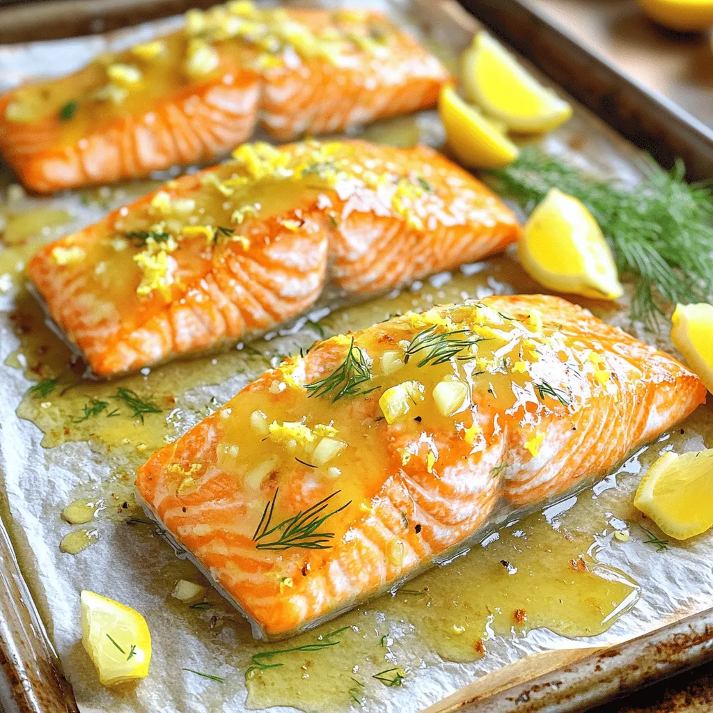 To make honey lemon roasted salmon, you need a few simple items: - 4 salmon fillets (6 oz each) - 1/4 cup honey - 2 tablespoons freshly squeezed lemon juice - Zest of 1 lemon (about 1 teaspoon) - 2 tablespoons extra virgin olive oil - 3 cloves garlic, finely minced - Salt and black pepper to taste These ingredients work well together. The honey adds sweetness, while the lemon gives a bright flavor. The olive oil helps keep the salmon moist. Garlic brings a nice kick to the dish. You can add some optional garnishes to make your dish look even better. Consider these: - Fresh dill sprigs for a pop of color and taste - Extra lemon wedges for serving These garnishes add freshness and make the dish more appealing. They also enhance the flavors. If you don't have all the ingredients, don't worry! You can swap some things out: - Use maple syrup instead of honey for a different sweet flavor. - Lime juice can replace lemon juice for a zesty twist. - If you lack fresh garlic, garlic powder works in a pinch. These swaps can still give you a tasty meal. Feel free to get creative! For the full recipe, check the detailed steps. To start, preheat your oven to 400°F (200°C). This gives the salmon a nice roast. In a bowl, mix honey, lemon juice, lemon zest, olive oil, and minced garlic. Whisk it well until smooth. Next, take your salmon fillets and season both sides with salt and black pepper. This will boost the flavor. Place the fillets skin-side down on a baking sheet lined with parchment paper. This step makes cleanup easy. Now, use a brush or spoon to spread the honey lemon mix over the salmon fillets. Make sure to coat them well for great taste. Now, place the baking sheet in the oven. Roast the salmon for 12-15 minutes. It’s done when the flesh looks opaque and flakes easily with a fork. This means it's tender and juicy. After roasting, take the salmon out of the oven. Let it rest for a few minutes. This keeps it warm and moist. When serving, lay the salmon on a white platter. Drizzle any leftover honey lemon mixture from the baking sheet on top. For a nice touch, add lemon wedges around the salmon. If you like, you can garnish with fresh dill sprigs. This adds color and flavor. You can find the full recipe and more tips at [Full Recipe]. Enjoy your meal! To get perfectly roasted salmon, start with fresh fillets. Fresh fish tastes better. Always preheat your oven to 400°F (200°C). This helps the salmon cook evenly. Make sure to line your baking sheet with parchment paper. This keeps the salmon from sticking. For a nice glaze, brush the honey lemon mixture on thick. This adds more flavor and caramelizes well. Roast for 12 to 15 minutes. The salmon is done when it flakes easily with a fork. One common mistake is overcooking the salmon. This makes it dry and tough. Always check it a few minutes before the time is up. Another mistake is not seasoning enough. Salt and pepper bring out the salmon's natural taste. Skipping the marinade is also a no-go. The honey and lemon mix adds great flavor. Lastly, don’t skip resting the salmon after cooking. This keeps it juicy and tender. Marinating is key to enhancing flavor. You can use the honey lemon mix as a marinade. Let the salmon sit in the mixture for 30 minutes before cooking. This allows the fish to soak up all the flavors. Feel free to add herbs like thyme or rosemary. These herbs pair well with salmon. You can also try different citrus juices for a twist. Orange or lime can add a nice touch. For more ideas, check out the Full Recipe. {{image_4}} Grilling salmon gives it a lovely smoky flavor. Start with the same honey lemon mix. Marinate the salmon in this blend for about 30 minutes. Preheat your grill to medium-high heat. Cook each side for about 5-7 minutes. Look for grill marks and a nice char. This method adds depth to the dish. Fresh herbs can brighten your meal. Add herbs like thyme or parsley to the honey lemon mix. These herbs work well with the salmon's rich flavor. Simply brush the mixture over the salmon fillets before cooking. It gives each bite a fresh taste. You can also sprinkle herbs on top after cooking for added color and flavor. Want a faster option? Pan-searing is quick and easy. Heat a bit of olive oil in a skillet over medium heat. Season the salmon with the honey lemon mix. Place the fillets skin-side down in the hot skillet. Cook for about 4-5 minutes per side. This method gives you a crispy skin and juicy inside. It's a great way to enjoy salmon on a busy night. For more cooking ideas, check out the Full Recipe. After cooking your honey lemon roasted salmon, let it cool down. Place the leftover salmon in an airtight container. This keeps it fresh. Store it in the fridge for up to three days. If you want to enjoy it later, do not wait too long. The sooner you store it, the better it tastes when you reheat. You can freeze honey lemon salmon if you have extra. Wrap each piece tightly in plastic wrap. Then, place them in a freezer-safe bag. Squeeze out the air before sealing. Label the bag with the date. You can freeze it for up to three months. When you're ready to eat it, thaw it overnight in the fridge. To reheat salmon, the oven works best. Preheat the oven to 275°F (135°C). Place the salmon on a baking sheet. Cover it with foil to prevent drying. Heat for about 15 minutes or until warm. You can also use a microwave. Put it on a plate and cover it with a microwave-safe lid. Heat for 30 seconds at a time until warm. Enjoy your meal again! For the full recipe, check back to our earlier section. You can tell salmon is done when it looks opaque. The flesh should flake easily with a fork. Use a meat thermometer if you want to be sure. The internal temp should reach 145°F (63°C). If you cut into the fish, it should look moist and tender. Overcooked salmon can be dry, so check it closely. Yes, you can use frozen salmon for honey lemon roasted salmon. Just make sure to thaw it first. Place the salmon in the fridge overnight or run it under cold water. Once thawed, pat it dry with a paper towel. Then, follow the recipe as usual. Cooking from frozen may require a few extra minutes. Honey lemon roasted salmon pairs well with many sides. Here are some ideas: - Steamed broccoli - Roasted asparagus - Quinoa salad - Garlic mashed potatoes - Lemon rice - Mixed greens with vinaigrette These sides add color and nutrition to your meal. You can mix and match based on your taste. Enjoy trying out different combinations! For the full recipe, check out the section above. This blog post covered how to make honey lemon roasted salmon. We explored key ingredients, including essential and optional items. I shared step-by-step cooking instructions and tips to avoid mistakes. You also learned about variations and how to store salmon. Try these methods to create simple and tasty meals. With practice, you'll impress yourself and others with your cooking skills. Enjoy your journey to making delicious honey lemon salmon!