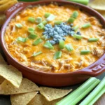 - 2 cups shredded cooked chicken - 1 (8 oz) package of cream cheese - 1/2 cup buffalo sauce - 1/2 cup ranch dressing For buffalo chicken dip, the main ingredients create a creamy and rich base. Shredded cooked chicken gives it that hearty texture. You can use rotisserie chicken to save time. Cream cheese adds smoothness, while buffalo sauce brings the heat. Ranch dressing balances the flavors and adds a nice creaminess. - 1/2 cup crumbled blue cheese - 1 green onion for garnish - Tortilla chips or celery sticks for serving Optional ingredients enhance the dip. Crumbled blue cheese adds a bold taste that many love. It pairs well with the spicy buffalo flavor. A sprinkle of green onion on top looks great and adds freshness. For serving, I recommend crunchy tortilla chips or crisp celery sticks. They both complement the dip's rich and creamy texture. Always remember to adjust the buffalo sauce to match your spice preference. You can find the full recipe in the section above for more detailed steps! 1. First, preheat your oven to 350°F (175°C). This helps the dip cook evenly. 2. In a large bowl, combine the shredded chicken, cream cheese, buffalo sauce, and ranch dressing. Mix until smooth. 1. Now, gently fold in the shredded cheddar cheese and blue cheese, if you use it. This adds great flavor and creaminess. 2. Next, transfer the chicken mixture to a baking dish. Spread it evenly with a spatula. 3. Bake the dip for 20-25 minutes. Look for bubbling edges and a slightly golden top. 1. When your dip is done, take it out and garnish with sliced green onions. This adds freshness. 2. Serve it warm with tortilla chips or celery sticks. Enjoy this creamy and flavorful delight! For the full recipe, check out the details above. Adjusting buffalo sauce is key for your dip. If you love heat, add more buffalo sauce. If you prefer mild dishes, use less. Start small and taste as you go. You can always add more but can’t take it out. If you want a cream cheese alternative, try Greek yogurt. It gives a nice tang and cuts some fat. You can also use vegan cream cheese for a plant-based option. This keeps the dip creamy without dairy. To get the perfect crust, bake your dip until it’s bubbly and golden. This usually takes about 20-25 minutes at 350°F. You want the edges to have a light brown color. This shows the dip is ready and adds flavor. For a crispy top, use a broiler after baking. Set your oven to broil and watch closely. Just a few minutes under the broiler can give your dip a nice crunch. Be careful not to burn it! When serving at parties, focus on presentation. Put the dip in the center of a colorful platter. Surround it with chips and celery sticks. This makes it look inviting and fun. For drinks, consider pairing it with light beers or sparkling water. The lightness balances the richness of the dip. You can also serve it with a side of fresh veggies for a nice crunch. {{image_4}} You can make buffalo chicken dip healthier with just a few swaps. - Low-fat cream cheese options: Use low-fat cream cheese. It cuts fat and calories but keeps the creaminess. - Using Greek yogurt instead of ranch dressing: Greek yogurt adds a tangy taste and protein. It's a great way to lower calories while keeping it creamy. You might want to kick up the flavor in your dip. - Additions like diced jalapeños or hot peppers: These add heat and a fresh taste. Adjust to your spice level. - Incorporating other cheeses for unique flavors: Try mixing in mozzarella or gouda. Each cheese adds its own twist to the dip's flavor. Change how you serve your buffalo chicken dip for fun. - Buffalo chicken dip stuffed in peppers: Hollow out mini bell peppers and fill them with the dip. Bake until warm for a tasty bite. - Spinach and buffalo chicken dip combo: Mix in fresh spinach. It adds color and nutrition, making the dip even better. For the complete recipe, check out the [Full Recipe]. To keep buffalo chicken dip fresh, place it in an airtight container. This helps prevent it from drying out. Store the dip in the fridge for up to five days. You may notice the flavors deepen as it sits. Just be sure to cover it well to avoid any fridge odors. You can freeze buffalo chicken dip for longer storage. First, let the dip cool completely. Then, transfer it to a freezer-safe container. Press plastic wrap directly on the dip before sealing. It can last for up to three months in the freezer. When you're ready to enjoy it, thaw it in the fridge overnight. You have two great options to reheat buffalo chicken dip: the oven or microwave. If using the oven, preheat it to 350°F (175°C). Place the dip in an oven-safe dish and heat for about 20 minutes. Stir halfway through for even warming. If you choose the microwave, heat in 30-second intervals. This prevents hot spots and keeps the dip creamy. To maintain texture, avoid overheating. Let the dip sit for a minute after reheating. This helps the flavors come back together. Enjoy your dip warm with chips or celery sticks! Yes, you can make buffalo chicken dip ahead of time. To prepare in advance, follow these steps: - Mix the ingredients: Combine the shredded chicken, cream cheese, buffalo sauce, and ranch dressing. - Store it: Place the mixture in a baking dish, cover it with plastic wrap, and put it in the fridge. - Bake when ready: When you are ready to serve, take it out and bake it at 350°F for 20-25 minutes. This way, you save time and enjoy a warm dip at your gathering. If you want to swap ranch dressing, here are some great options: - Blue cheese dressing: This adds a tangy flavor that works well. - Greek yogurt: Use plain Greek yogurt for a healthier twist. - Caesar dressing: This offers a different but tasty flavor profile. Feel free to experiment with your favorite dressings! To kick up the spice level, try these ideas: - Extra buffalo sauce: Add more buffalo sauce to your mix. - Diced jalapeños: Mix in fresh or pickled jalapeños for heat. - Hot sauce: Drizzle hot sauce on top before serving for an extra kick. Adjust the spice to match your taste, and enjoy the heat! Buffalo chicken dip can be gluten-free, but check your ingredients. Here’s what to know: - Buffalo sauce: Most brands are gluten-free, but confirm by reading the label. - Ranch dressing: Look for gluten-free options if using store-bought. - Dipping options: Use gluten-free tortilla chips or fresh veggies for dipping. With careful choices, everyone can enjoy this dip! You now know how to make buffalo chicken dip from scratch. We covered key ingredients like chicken, cream cheese, and buffalo sauce. I shared step-by-step instructions to get delicious results. You learned tips for adjustments and variations to suit your taste. Remember, this dip is versatile; you can customize it for any gathering. Enjoy experimenting with flavors and serving styles. Your next snack night will be a hit!