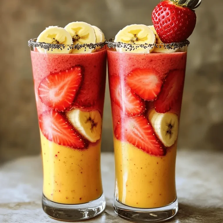 - 1 cup fresh strawberries, hulled and halved - 1 ripe banana, peeled and sliced - 1 cup unsweetened almond milk (or other milk options) - 1/2 cup plain Greek yogurt (or vegan alternative) - 1 tablespoon honey or maple syrup - 1/2 teaspoon pure vanilla extract - 1/2 cup ice cubes To make a great strawberry banana smoothie, you start with fresh produce. Strawberries bring a sweet, tangy taste. They are juicy and bright. Bananas add creaminess and natural sweetness. Choose ripe bananas for the best flavor. Next, we need a dairy alternative. Unsweetened almond milk works well here. It’s light and nutty. You can also use oat or coconut milk if you prefer. For added creaminess, add plain Greek yogurt. If you want a vegan option, choose a plant-based yogurt. Sweeteners come next. Honey adds a touch of natural sweetness. If you want a vegan smoothie, use maple syrup instead. Pure vanilla extract enhances the flavors nicely. Just a little bit goes a long way. Finally, don’t forget the ice! It makes the smoothie cold and thick. It gives that perfect icy texture. These ingredients combine to create a quick and tasty drink. You can find the full recipe in the main text. Enjoy making this refreshing smoothie! Start by washing your strawberries well. Remove the tops and cut them in half. Next, peel the banana and slice it into small pieces. This will help everything blend smoothly. In your blender, add the strawberries and banana. Pour in the almond milk, Greek yogurt, honey, and vanilla extract. These ingredients mix to create a tasty base. Now, add the ice cubes. They will cool the smoothie and make it thick. This step is key to a refreshing drink. Blend on high speed until smooth. You want a creamy texture with no lumps. This usually takes about 30 seconds to a minute. After blending, take a quick taste. If you want it sweeter, add a little more honey or maple syrup. If it feels too thick, add a splash of milk to thin it out. Pour the smoothie into two glasses. You can garnish with a slice of banana or a whole strawberry on the rim. Enjoy your berrylicious drink! For the full recipe, check out the complete guide. To adjust thickness with milk, start with the base. If your smoothie is too thick, add more milk. For a thicker smoothie, use less milk. Always blend the frozen ingredients first for a smoother result. For the best blend, add the soft fruits before the liquids. This method helps everything mix evenly. Start with strawberries, then bananas, and finally pour in the milk and yogurt. This order creates a creamy texture. Want to boost your smoothie flavor? Try adding more fruits! Blueberries, mangoes, or peaches mix well with strawberries and bananas. You can also add a splash of orange juice for a citrus twist. To add nutrients, toss in a handful of spinach or kale. These greens blend well, but you won’t taste them. They add vitamins and minerals without changing the flavor. Garnishing your smoothie makes it look fancy. Add a slice of banana or a whole strawberry on the rim of the glass. A sprinkle of chia seeds on top adds crunch and fun. Consider serving in unique glassware. Use mason jars, tall glasses, or even bowls. This small change makes your smoothie feel special and looks great for sharing on social media. {{image_4}} You can easily make this smoothie vegan. Just swap the Greek yogurt for a dairy-free option. Some great choices include coconut yogurt or almond yogurt. For the milk, use almond, oat, or soy milk. These options keep the smoothie creamy and delicious! Want to mix things up? You can add other fruits too! Blueberries or raspberries pair great with strawberries and bananas. You can also sprinkle in some spices like cinnamon or nutmeg for an extra kick. Just a pinch goes a long way! To make a thicker smoothie, use less milk or add more yogurt. This gives it a nice consistency for bowls. You can top your smoothie bowl with fun extras! Try sliced fruits, granola, or chia seeds. These toppings add texture and nutrition. Enjoy your smoothie in a whole new way! If you have extra smoothie, store it in a sealed container. Glass jars work well. Keep it in the fridge. Use it within 24 hours for the best taste. Shake or stir before enjoying it again. If you see separation, don’t worry. Just mix it back together. To save time, prep your fruits ahead. Wash and cut strawberries and bananas. Place them in a freezer bag. Make sure to remove as much air as possible before sealing. You can use these frozen fruits in your next smoothie. This makes making smoothies quick and easy. Got leftover smoothie? Use it in different meals. Pour it over oatmeal for breakfast. You can also freeze it in ice cube trays. Later, add these cubes to smoothies or drinks. Another fun idea is to blend them into pancake batter for a fruity twist. These options keep your meals interesting and reduce waste. You can use several alternatives for Greek yogurt. Here are some great options: - Dairy-free yogurt: Look for almond, coconut, or soy yogurt. - Silken tofu: Blend it for a creamy texture. - Cottage cheese: This adds protein and smoothness. - Avocado: For a rich and creamy feel. These options fit different diets and can bring unique flavors to your smoothie. Yes, you can use frozen fruits! Here’s how they change your drink: - Texture: Frozen fruits make your smoothie thicker and creamier. - Flavor: They may taste slightly less sweet but still delicious. - Convenience: Frozen fruits last longer and are always ready to use. Using frozen strawberries and bananas can create a refreshing drink, especially on hot days. You can store your smoothie in the fridge for up to 24 hours. Here are some tips: - Use an airtight container: This will help keep it fresh. - Stir before drinking: Smoothies may separate, so give it a good shake or stir. - Watch for changes: If it smells or tastes off, it's best to toss it. Enjoy your smoothie within a day for the best taste and nutrition! You now have a clear guide to making a delicious smoothie. Start with fresh produce like strawberries and bananas, then mix in dairy alternatives and sweeteners. Follow the easy steps to blend and chill for the best taste. Remember, you can adjust the thickness and flavor to make it just right. Experiment with variations and tips to find your favorite version. Smoothies are fun, healthy, and perfect for any time. Enjoy your new creations and share them with friends!