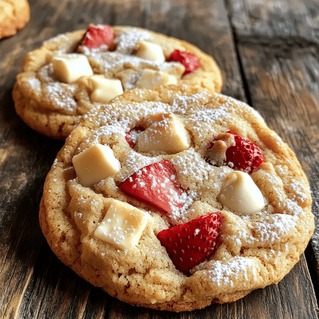 To make these Viral Strawberry Cheesecake Cookies, you need simple ingredients. They create a delicious treat that everyone loves. You can find the full recipe at the end to guide you through. - Butter, cream cheese, and sugars You need 1 cup of unsalted butter and 1 cup of cream cheese. Both should be soft. You will mix these with 1 cup of granulated sugar and 1 cup of brown sugar. This mix gives the cookies a rich flavor and creamy texture. - Eggs and vanilla extract Use 2 large eggs at room temperature. Add 1 teaspoon of pure vanilla extract. The eggs help bind the dough, while the vanilla adds a nice touch of sweetness. - Dry ingredients: flour, baking powder, baking soda, salt Combine 3 cups of all-purpose flour, 1 teaspoon of baking powder, 1/2 teaspoon of baking soda, and 1/2 teaspoon of salt in a bowl. This mix gives your cookies the right structure and rise. - Fresh strawberries and optional white chocolate chips Use 1 cup of fresh strawberries, hulled and diced. If you love sweetness, add 1/2 cup of white chocolate chips. The strawberries bring freshness, and the chocolate adds a fun twist. Each ingredient plays a crucial role in making these cookies tasty and fun to eat! First, heat your oven to 350°F (175°C). This will help the cookies bake evenly. Next, line a baking sheet with parchment paper. This step stops the cookies from sticking to the pan. In a big bowl, mix the softened butter and cream cheese. Add granulated and brown sugars, then beat until fluffy. This takes about 3-4 minutes. Next, add the eggs one at a time. Mix well after each egg. Then stir in the vanilla extract. In another bowl, whisk together the flour, baking powder, baking soda, and salt. Slowly add this mix to the wet ingredients. Keep mixing on low speed until just combined. Now, fold in the diced strawberries. If you like, add white chocolate chips for extra sweetness. Scoop rounded balls of dough onto your prepared baking sheet. Leave about 2 inches between each ball. This space helps cookies spread while baking. Bake for 12-15 minutes. Look for light golden edges and soft centers. After baking, let the cookies sit on the sheet for 5 minutes. Then, transfer them to a wire rack to cool completely. For the final touch, dust the cookies with powdered sugar. This makes them look nice and adds a bit of sweetness. For the full recipe, check out the details above. Enjoy baking these viral strawberry cheesecake cookies! To get the best texture in your cookies, start with room temperature butter and cream cheese. This mix needs to be light and fluffy. I beat them together for about 3-4 minutes. This air helps the cookies rise. When you add the eggs, do it one at a time. This way, you mix well after each. It keeps the batter smooth. For a burst of flavor, use fresh strawberries. Make sure they are ripe and sweet. Dice them into small pieces, so they mix well into the dough. If you want more sweetness, add white chocolate chips. They melt into the cookies, adding a creamy taste. Try using vanilla extract for a deeper flavor. It makes a big difference in taste. After baking, let the cookies cool on a wire rack. This keeps them soft. For a pretty touch, dust them with powdered sugar. It gives a nice look and taste. You can stack the cookies in a mason jar for a gift. Or, arrange them on a colorful platter. Add fresh strawberries around them for a fun display. This makes your cookies look inviting and tasty. {{image_4}} You can easily adjust this recipe to fit different diets. If you need a dairy-free option, use vegan butter and dairy-free cream cheese. For gluten-free cookies, swap all-purpose flour for a gluten-free blend. You can also try using maple syrup instead of granulated sugar for a healthier choice. These swaps keep the cookies tasty while meeting your needs. Want to mix it up? You can add different flavors to your cookies. Try using lemon zest for a bright touch. You can also fold in crushed graham crackers for a cheesecake crunch. If you love chocolate, add dark chocolate chips instead of white ones. Each variation brings a new twist to the classic strawberry cheesecake taste. These cookies shine with strawberries, but other fruits work well too. In summer, use fresh peaches or blueberries. In fall, try diced apples or pears with a sprinkle of cinnamon. Each fruit brings its own flavor and flair. This gives you a chance to enjoy these cookies all year long, no matter the season! Check out the Full Recipe for more ideas. To keep your viral strawberry cheesecake cookies fresh, store them in an airtight container. This helps maintain their soft texture. If you want to keep them longer, layer the cookies with parchment paper. This prevents them from sticking together. Store the container at room temperature for easy access. You can freeze these cookies for later enjoyment. Place them in a single layer on a baking sheet. Freeze until solid, then move them to a freezer-safe bag or container. Be sure to remove as much air as possible. This helps avoid freezer burn. You can also freeze the cookie dough. Shape the dough into balls, freeze, and store as above. When you want to bake, just thaw and bake straight from the freezer. When stored correctly, these cookies can last up to one week at room temperature. If you freeze them, they can last up to three months. Just remember to label your containers with the date. This helps track their freshness. Enjoy these cookies anytime you want a sweet treat! For an easy guide, check the Full Recipe for more details. Yes, you can use frozen strawberries for these cookies. Just thaw and drain them first. This keeps the cookies from getting too wet. Frozen berries may not hold their shape as well, but they will still taste great! To make gluten-free cookies, swap the all-purpose flour for a gluten-free blend. Use a blend that works well for baking. This helps maintain the right texture. Check the blend for xanthan gum; it helps with structure. You can use Greek yogurt or mascarpone cheese as substitutes for cream cheese. Both options provide creaminess but may change the flavor slightly. Just make sure they are soft enough to mix easily. If you're dairy-free, try a plant-based cream cheese alternative. In this blog post, we explored a delicious cookie recipe featuring strawberries and cream cheese. We broke down the key ingredients, from sugars to fresh strawberries. The step-by-step instructions guide you through preparing, mixing, and baking. I shared tips for perfect texture and flavor enhancements. We also discussed variations like substitutions and seasonal fruits. Finally, we covered storage practices to keep your cookies fresh. Enjoy making these tasty treats, and feel free to get creative with flavors!