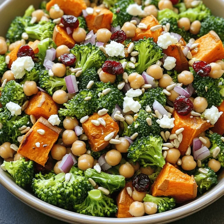 - 2 medium sweet potatoes, peeled and cut into 1-inch cubes - 4 cups fresh broccoli florets - 1 cup canned chickpeas, thoroughly drained and rinsed - 1/2 red onion, finely diced - 1/2 cup dried cranberries - 1/4 cup feta cheese, crumbled (optional) - 1/4 cup sunflower seeds - 3 tablespoons extra-virgin olive oil - 2 tablespoons apple cider vinegar - 1 tablespoon pure maple syrup - 1 teaspoon Dijon mustard - Salt and freshly ground black pepper to taste Gathering your ingredients is the first step towards a great salad. Sweet potatoes bring natural sweetness and a creamy texture. Broccoli adds crunch and a bright color. Chickpeas provide protein and heartiness. Red onion gives a mild bite, while dried cranberries offer a little tartness. Feta cheese adds creaminess, but it's optional. Sunflower seeds give a nice crunch and extra flavor. Next, for the dressing, you’ll use extra-virgin olive oil for richness. Apple cider vinegar adds tang, while maple syrup balances with sweetness. Dijon mustard gives depth, and salt plus pepper tie everything together. This mix will dress your salad perfectly. Check out the Full Recipe for detailed steps! Roasting the sweet potatoes Start by preheating your oven to 400°F (200°C). In a bowl, toss 2 medium sweet potatoes, peeled and cut into 1-inch cubes, with olive oil, salt, and pepper. Spread the cubes on a baking sheet. Roast them for 25-30 minutes. Flip them halfway for even cooking. You want them tender and slightly caramelized. Blanching the broccoli While the sweet potatoes roast, prepare the broccoli. Boil a pot of water. Add 4 cups of fresh broccoli florets and blanch for 2-3 minutes. You want them bright green and tender-crisp. Drain the broccoli and place it in ice water. This stops the cooking and keeps the color. After a couple of minutes, drain it again and set aside. Combining the main ingredients In a large mixing bowl, combine the roasted sweet potatoes, blanched broccoli, 1 cup of drained and rinsed canned chickpeas, 1/2 finely diced red onion, 1/2 cup of dried cranberries, and 1/4 cup of sunflower seeds. Mix gently to combine all the ingredients well. Making the salad dressing In a small bowl, whisk together 3 tablespoons of extra-virgin olive oil, 2 tablespoons of apple cider vinegar, 1 tablespoon of pure maple syrup, and 1 teaspoon of Dijon mustard. Add a pinch of salt and pepper to taste. Feel free to adjust the seasoning to your liking. Tossing and serving tips Drizzle the dressing over the mixed salad. Toss gently but thoroughly to coat everything. If you like, add 1/4 cup of crumbled feta cheese for extra creaminess. Serve the salad in a large bowl or on individual plates. For a pop of color, garnish with extra sunflower seeds and cranberries. This salad tastes great chilled or at room temperature. For the full recipe, check the details above. To achieve caramelized sweet potatoes, start by cutting them into even 1-inch cubes. This helps them cook uniformly. Toss the cubes in olive oil, salt, and pepper. Spread them out on a baking sheet and roast at 400°F (200°C). Bake for 25-30 minutes, flipping halfway through. You want them to be soft and golden brown. The caramelization brings out the sweet flavor. To elevate the taste, add fresh herbs like parsley or cilantro. You can also sprinkle spices such as cumin or paprika. These add warmth and depth. Try adding lemon zest for a bright twist. You can mix and match based on what you enjoy, making the dish your own. This salad pairs well with grilled chicken or fish for a complete meal. It also works as a side to a hearty main dish. Consider serving it with quinoa or brown rice for added texture. The salad is great on its own, too. It’s versatile and fits any occasion. For the full recipe, check out the details above. {{image_4}} You can change up the vegetables in this salad. Try using cauliflower instead of broccoli. You can also add bell peppers for a sweet crunch. Carrots or zucchini work great too. If you want more protein, add black beans or edamame. Nuts like almonds or walnuts can replace sunflower seeds. Each swap gives a new taste and texture. Making this salad vegan is easy. Just skip the feta cheese or use a plant-based option. For gluten-free needs, check your dressing ingredients. All the main items are gluten-free, so you're good to go. You can also add quinoa for a hearty touch. It’s a great way to make it filling and healthy. Change the salad with the seasons. In spring, add fresh peas and asparagus. In summer, toss in cherry tomatoes and corn. Fall is perfect for roasted Brussels sprouts instead of broccoli. Winter can bring kale for a hearty bite. Adjusting the ingredients keeps the dish fresh and exciting all year. To keep your sweet potato broccoli salad fresh, store it in the fridge. Place leftovers in an airtight container. This helps prevent moisture loss. You can enjoy the salad for up to three days. If you notice the salad is starting to dry out, add a splash of dressing to revive it. If you want to save the salad for later, freezing is a great option. However, I recommend freezing only the sweet potatoes and broccoli. The chickpeas and other ingredients may not freeze well. To freeze, place the sweet potatoes and broccoli in a freezer-safe bag. Remove as much air as possible. This helps prevent freezer burn. You can store it in the freezer for up to three months. When you’re ready to enjoy your salad again, proper reheating is key. You can microwave the sweet potatoes and broccoli on low heat. Stir every 30 seconds to keep them from getting mushy. If you want a crisp texture, consider roasting the vegetables in the oven. This will help regain some of their original flavor and crunch. Always check that the salad is heated through before serving. You can use other proteins in your salad. Good options include: - Canned black beans - Cooked lentils - Edamame - Grilled chicken - Tofu Each option adds flavor and protein. Choose what you like best. Yes, you can prepare this salad in advance. Here are some tips: - Roast the sweet potatoes and chill them. - Blanch the broccoli and cool it quickly. - Store all ingredients separately. - Mix everything together just before serving. This keeps everything fresh and tasty. Look for these signs of perfect roasting: - They should be tender when pierced with a fork. - The edges should be slightly caramelized. - A golden-brown color adds to the flavor. These signs mean your sweet potatoes are ready to enjoy! This blog post shared a recipe for a tasty salad, highlighting fresh ingredients like sweet potatoes and chickpeas. I walked you through the easy steps to prepare and assemble the dish, plus tips to make it even better. You can swap ingredients based on your tastes or diet, ensuring it fits any meal. Remember, proper storage keeps it fresh, and reheating maintains flavor. Enjoy making this vibrant salad that packs a nutritious punch!