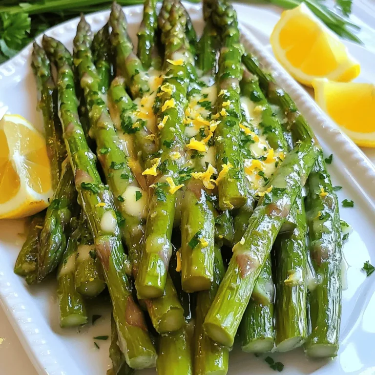 - 1 pound fresh asparagus, trimmed - 3 tablespoons unsalted butter - 2 tablespoons freshly squeezed lemon juice - Zest of 1 lemon - 2 cloves garlic, finely minced Fresh asparagus is key to this dish. When you choose asparagus, look for bright green stalks that feel firm. The butter adds richness, while the lemon juice and zest bring a bright, zesty punch. Garlic gives a nice aroma and flavor, making the dish exciting. - Salt and freshly ground black pepper, to taste Salt and pepper enhance all the flavors. Use good-quality salt for the best taste. Freshly ground black pepper adds warmth and a bit of spice. - 1 tablespoon fresh parsley, finely chopped (for garnish) Fresh parsley adds color and freshness. You can also use lemon wedges for extra zing. They allow you to customize how much lemon flavor you want. These small touches make the dish look and taste even better. For the full recipe, check out the details above! Start by washing the fresh asparagus. Rinse it well under cool water to remove dirt. Next, trim the tough ends. You can snap them off or cut 1-2 inches from the bottom. This makes the asparagus more tender and easy to eat. In a large skillet, melt the unsalted butter over medium heat. Watch for the butter to bubble and foam; this means it is hot enough. Once it is ready, add the minced garlic. Cook the garlic for about 30 seconds and stir often. It should smell great but not turn brown. Brown garlic can taste bitter. Now, add the trimmed asparagus to the skillet. Toss it gently in the garlic butter. Make sure each piece gets coated well. Sauté the asparagus for 4-6 minutes. Turn it with tongs so it cooks evenly. You want it bright green and still a bit crisp. Once cooked, drizzle the lemon juice over the asparagus and sprinkle the zest on top. Season with salt and black pepper. Toss everything together to mix the flavors. Finally, transfer the asparagus to a serving dish. Garnish with chopped parsley for a lovely look. For the complete recipe, check the [Full Recipe]. To cook asparagus just right, start with fresh, vibrant stalks. Look for asparagus that is firm and bright green. Trim the ends, as they can be tough. When cooking, aim for a tender yet crisp texture. Sauté for 4 to 6 minutes. The color should become a vivid green. If you want to test doneness, simply pierce a stalk with a fork. It should be easy to pierce but still hold its shape. If you're out of any ingredients, don't worry! You can swap unsalted butter for olive oil. This will give a different flavor but still taste great. For lemon juice, you can use lime juice instead. If you lack fresh garlic, try garlic powder. Use half the amount, as it's stronger. Fresh parsley can be replaced with basil or cilantro for a fun twist. These substitutions keep the dish flavorful while using what you have. How you present your dish matters! Arrange the asparagus neatly on a white platter. This will highlight the bright green color. For a pop of color, add lemon wedges around the sides. This not only looks nice but also invites guests to add more lemon. You can sprinkle extra parsley on top for a fresh look. A simple, clean presentation makes your lemon butter asparagus look gourmet. {{image_4}} You can make Lemon Butter Asparagus a full meal by adding protein. Chicken or shrimp works well. For chicken, use thin strips and sauté them in the butter first. Cook until they turn golden brown. Then, add the asparagus and follow the recipe as usual. For shrimp, add them after the garlic. Cook until they turn pink, then toss in the asparagus. This adds flavor and makes it more filling. To spice things up, add red pepper flakes. Just a pinch can bring a nice kick. You can mix them in with the garlic for a burst of heat. If you love bold flavors, try adding lemon zest or herbs like thyme or basil. These add depth and make the dish more exciting. Feel free to mix in other seasonal vegetables. Cherry tomatoes, bell peppers, or snap peas all pair nicely with asparagus. Add them in the skillet after the garlic to keep them fresh. This not only enhances the taste but also boosts the nutrition of your dish. For the full recipe, check out the details above. After enjoying your Lemon Butter Asparagus, you might have some left. Store it in an airtight container. Keep it in the fridge for up to three days. The asparagus will stay fresh, but it may lose its crispness over time. To reheat, use a skillet over medium heat. Add a splash of water or a bit of butter. This helps keep the asparagus moist. Cook for about 3-4 minutes. Stir occasionally until warm. You can also use a microwave. Heat in 30-second bursts until hot. Freezing is a great option if you want to save this dish for later. Start by blanching the asparagus for 2-3 minutes in boiling water. Then, cool it quickly in ice water. Once cool, drain and pat dry. Place it in a freezer-safe bag, removing as much air as possible. It can stay frozen for up to three months. When you're ready to eat, thaw it in the fridge overnight before reheating. Yes, you can use frozen asparagus. It is a great option if fresh asparagus is not available. Just remember to thaw it first. Drain any excess water before cooking. You may need to adjust cooking time. Frozen asparagus cooks faster, so keep an eye on it. Aim for a tender yet crisp texture. Lemon Butter Asparagus pairs well with many dishes. Here are some ideas: - Grilled chicken - Pan-seared fish - Quinoa or rice - Pasta with olive oil - A fresh salad These options balance the flavors and add variety to your meal. Making lemon butter sauce is simple. Here’s how: 1. Melt butter in a pan over medium heat. 2. Add minced garlic and sauté until fragrant. 3. Stir in freshly squeezed lemon juice and zest. 4. Season with salt and pepper. This easy lemon butter sauce elevates many dishes, not just asparagus. For the full recipe, refer to the earlier sections. In this post, we covered everything you need for Lemon Butter Asparagus. I shared the fresh ingredients, pantry staples, and optional garnishes. We went through step-by-step instructions to prepare and cook each part. Tips and tricks helped you perfect your dish and suggested tasty variations. Finally, I gave you storage info and answered common questions. Embrace this dish, and enjoy your cooking adventure!