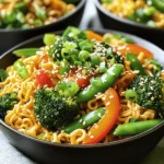- 2 packs of instant ramen noodles (discard the flavor packets) - 2 tablespoons vegetable oil - 1 small onion, thinly sliced - 3 cloves garlic, minced - 1 cup bell peppers (a mix of red, green, and yellow), julienned - 1 cup broccoli florets (washed and trimmed) - 1 medium carrot, peeled and julienned - 1 cup snap peas (trimmed) - 2 tablespoons soy sauce - 1 tablespoon sriracha (adjust to your spice preference) - 1 tablespoon sesame oil - 1 teaspoon ginger, freshly grated - Salt and pepper to taste - 2 green onions, finely chopped (for garnish) - Sesame seeds (for garnish) - Large pot for boiling noodles - Frying pan or wok - Colander for draining Using fresh ingredients makes a big difference in flavor. I love using colorful veggies. They not only taste great but also look amazing in the bowl. You can customize the vegetables based on what you have. If you want to use leftover veggies, go for it! For the equipment, a large pot is a must for cooking the noodles. A frying pan or a wok works well for stir-frying. They heat evenly, which helps cook everything fast. A colander is handy for draining the noodles after cooking. This recipe is all about speed and flavor. You can find the full recipe to follow the steps easily. Just gather your ingredients and equipment, and let’s get cooking! 1. First, fill a large pot with water and bring it to a boil. Make sure to use enough water to cover the noodles. 2. Once boiling, add the ramen noodles. Cook them according to the package instructions, usually around 3-4 minutes. 3. After cooking, drain the noodles in a colander. Shake off any extra water and set them aside for later. 1. In a large frying pan or wok, heat 2 tablespoons of vegetable oil over medium-high heat. Wait until the oil shimmers. 2. Add the thinly sliced onion. Sauté for about 2 minutes until the onion becomes soft and fragrant. 3. Next, stir in 3 cloves of minced garlic, 1 cup of julienned bell peppers, and 1 teaspoon of freshly grated ginger. Cook for 2-3 minutes until the peppers soften. 4. Now, add 1 cup of broccoli florets, 1 medium julienned carrot, and 1 cup of snap peas. Stir-fry for 3-4 minutes. The veggies should stay bright and slightly crisp. 1. Lower the heat to medium. Gently add the cooked ramen noodles to the pan. Toss everything together carefully. 2. Drizzle 2 tablespoons of soy sauce, 1 tablespoon of sriracha, and 1 tablespoon of sesame oil over the mixture. Toss again for about 2 minutes. Ensure everything gets heated through and coated well. 3. Season with salt and pepper to taste. Toss once more to mix the seasoning evenly. 4. Turn off the heat and serve your stir-fry. Garnish with finely chopped green onions and a sprinkle of sesame seeds. For the full recipe, have a look at the detailed instructions above. Enjoy your cooking! You can change the spice level to match your taste. Start with one tablespoon of sriracha. If you like more heat, add more sriracha gradually. You can also try other spicy options. Chili flakes or hot sauce work great too. For a crunchy veggie texture, add them at the right time. Start with onions and garlic, then add bell peppers. Next, include broccoli, carrots, and snap peas. This order keeps them crisp. Stir-fry each batch for about three minutes. Do not overcook them. Serving is key to making your dish pop. Use deep bowls to showcase the vibrant colors. A sprinkle of sesame seeds adds flair. You might also offer extra sriracha on the side. This lets guests spice it up as they like. {{image_4}} You can add protein to your spicy ramen noodle stir fry for extra flavor and nutrition. If you enjoy meat, try using: - Chicken: Cut into thin strips and cook until golden. - Shrimp: Toss in fresh or frozen shrimp that cooks quickly. For a vegetarian or vegan option, consider these protein sources: - Tofu: Press and cube it, then sauté until crispy. - Tempeh: Slice it thin and stir-fry for a nutty taste. If you want to switch things up, you have other noodle options. Try these: - Udon: Thick and chewy, they add a hearty touch. - Rice noodles: They cook quickly and have a nice texture. If you need a gluten-free choice, look for rice noodles or gluten-free ramen. Many brands offer tasty options that fit your diet. To make your dish even better, think about adding more spices and sauces. Here are some ideas: - Chili paste: If you want more heat, add a spoonful. - Garlic powder: A pinch can enhance the garlic flavor. You can also use homemade sauces for a unique twist. Try mixing soy sauce with lime juice or sesame oil with chili flakes for exciting new flavors. This is a great way to personalize your meal and impress your guests! For the full recipe, check out the [Full Recipe]. To keep your ramen stir fry fresh, store leftovers in an airtight container. Make sure the dish cools to room temperature before sealing. This practice helps prevent moisture and keeps it tasty. You can store it in the fridge for up to three days. When ready to enjoy your leftovers, you have two great options. You can use a microwave or a skillet. - Microwave: Place the stir fry in a microwave-safe bowl. Add a splash of water to keep it moist. Heat it for 1-2 minutes, stirring halfway through. - Skillet: Heat a small amount of oil in a skillet over medium heat. Add your stir fry and cook for about 3-5 minutes. Keep stirring to ensure even heating. Both methods work well, but the skillet can help revive the stir fry's original texture better. Enjoy your meal again without losing any flavor! For more delicious ideas, check out the Full Recipe. Yes, you can. Instant ramen noodles are great, but you can try others too. Here are some options: - Udon noodles: These are thick and chewy. They hold sauce well. - Rice noodles: They are light and gluten-free. Just soak them in hot water. - Soba noodles: These are made from buckwheat. They add a nutty taste. When using different noodles, adjust cooking times as needed. You can easily ramp up the heat in this dish. Here are some ideas: - Add more sriracha: Increase the amount to suit your taste. - Include red pepper flakes: Sprinkle these in while cooking for extra kick. - Use fresh chilies: Slice them thin and toss them in with the veggies. - Try spicy sesame oil: This adds flavor and heat in one step. Experiment with these options until you find your perfect spice level! Absolutely! This recipe is perfect for meal prep. Here are some tips: - Cook the noodles and veggies in advance. Store them separately. - Mix everything together just before eating for the best taste. - Store in airtight containers in the fridge for up to three days. Reheat in a skillet for great flavor. You can also add fresh toppings when serving. For the full recipe, check out the details. You can create a tasty spicy ramen noodle stir fry with simple steps and fresh ingredients. We covered the main ingredients and useful equipment needed for success. I shared tips for adjusting spice levels and achieving that perfect crunch in your stir-fry. Explore variations to customize your dish with proteins or alternative noodles. Remember to store leftovers properly and reheat them well. Enjoy your cooking adventures while making this vibrant and flavorful meal!