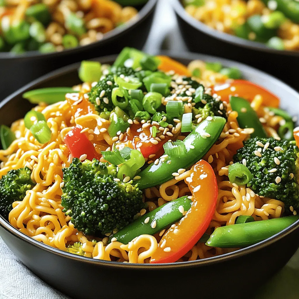 - 2 packs of instant ramen noodles (discard the flavor packets) - 2 tablespoons vegetable oil - 1 small onion, thinly sliced - 3 cloves garlic, minced - 1 cup bell peppers (a mix of red, green, and yellow), julienned - 1 cup broccoli florets (washed and trimmed) - 1 medium carrot, peeled and julienned - 1 cup snap peas (trimmed) - 2 tablespoons soy sauce - 1 tablespoon sriracha (adjust to your spice preference) - 1 tablespoon sesame oil - 1 teaspoon ginger, freshly grated - Salt and pepper to taste - 2 green onions, finely chopped (for garnish) - Sesame seeds (for garnish) - Large pot for boiling noodles - Frying pan or wok - Colander for draining Using fresh ingredients makes a big difference in flavor. I love using colorful veggies. They not only taste great but also look amazing in the bowl. You can customize the vegetables based on what you have. If you want to use leftover veggies, go for it! For the equipment, a large pot is a must for cooking the noodles. A frying pan or a wok works well for stir-frying. They heat evenly, which helps cook everything fast. A colander is handy for draining the noodles after cooking. This recipe is all about speed and flavor. You can find the full recipe to follow the steps easily. Just gather your ingredients and equipment, and let’s get cooking! 1. First, fill a large pot with water and bring it to a boil. Make sure to use enough water to cover the noodles. 2. Once boiling, add the ramen noodles. Cook them according to the package instructions, usually around 3-4 minutes. 3. After cooking, drain the noodles in a colander. Shake off any extra water and set them aside for later. 1. In a large frying pan or wok, heat 2 tablespoons of vegetable oil over medium-high heat. Wait until the oil shimmers. 2. Add the thinly sliced onion. Sauté for about 2 minutes until the onion becomes soft and fragrant. 3. Next, stir in 3 cloves of minced garlic, 1 cup of julienned bell peppers, and 1 teaspoon of freshly grated ginger. Cook for 2-3 minutes until the peppers soften. 4. Now, add 1 cup of broccoli florets, 1 medium julienned carrot, and 1 cup of snap peas. Stir-fry for 3-4 minutes. The veggies should stay bright and slightly crisp. 1. Lower the heat to medium. Gently add the cooked ramen noodles to the pan. Toss everything together carefully. 2. Drizzle 2 tablespoons of soy sauce, 1 tablespoon of sriracha, and 1 tablespoon of sesame oil over the mixture. Toss again for about 2 minutes. Ensure everything gets heated through and coated well. 3. Season with salt and pepper to taste. Toss once more to mix the seasoning evenly. 4. Turn off the heat and serve your stir-fry. Garnish with finely chopped green onions and a sprinkle of sesame seeds. For the full recipe, have a look at the detailed instructions above. Enjoy your cooking! You can change the spice level to match your taste. Start with one tablespoon of sriracha. If you like more heat, add more sriracha gradually. You can also try other spicy options. Chili flakes or hot sauce work great too. For a crunchy veggie texture, add them at the right time. Start with onions and garlic, then add bell peppers. Next, include broccoli, carrots, and snap peas. This order keeps them crisp. Stir-fry each batch for about three minutes. Do not overcook them. Serving is key to making your dish pop. Use deep bowls to showcase the vibrant colors. A sprinkle of sesame seeds adds flair. You might also offer extra sriracha on the side. This lets guests spice it up as they like. {{image_4}} You can add protein to your spicy ramen noodle stir fry for extra flavor and nutrition. If you enjoy meat, try using: - Chicken: Cut into thin strips and cook until golden. - Shrimp: Toss in fresh or frozen shrimp that cooks quickly. For a vegetarian or vegan option, consider these protein sources: - Tofu: Press and cube it, then sauté until crispy. - Tempeh: Slice it thin and stir-fry for a nutty taste. If you want to switch things up, you have other noodle options. Try these: - Udon: Thick and chewy, they add a hearty touch. - Rice noodles: They cook quickly and have a nice texture. If you need a gluten-free choice, look for rice noodles or gluten-free ramen. Many brands offer tasty options that fit your diet. To make your dish even better, think about adding more spices and sauces. Here are some ideas: - Chili paste: If you want more heat, add a spoonful. - Garlic powder: A pinch can enhance the garlic flavor. You can also use homemade sauces for a unique twist. Try mixing soy sauce with lime juice or sesame oil with chili flakes for exciting new flavors. This is a great way to personalize your meal and impress your guests! For the full recipe, check out the [Full Recipe]. To keep your ramen stir fry fresh, store leftovers in an airtight container. Make sure the dish cools to room temperature before sealing. This practice helps prevent moisture and keeps it tasty. You can store it in the fridge for up to three days. When ready to enjoy your leftovers, you have two great options. You can use a microwave or a skillet. - Microwave: Place the stir fry in a microwave-safe bowl. Add a splash of water to keep it moist. Heat it for 1-2 minutes, stirring halfway through. - Skillet: Heat a small amount of oil in a skillet over medium heat. Add your stir fry and cook for about 3-5 minutes. Keep stirring to ensure even heating. Both methods work well, but the skillet can help revive the stir fry's original texture better. Enjoy your meal again without losing any flavor! For more delicious ideas, check out the Full Recipe. Yes, you can. Instant ramen noodles are great, but you can try others too. Here are some options: - Udon noodles: These are thick and chewy. They hold sauce well. - Rice noodles: They are light and gluten-free. Just soak them in hot water. - Soba noodles: These are made from buckwheat. They add a nutty taste. When using different noodles, adjust cooking times as needed. You can easily ramp up the heat in this dish. Here are some ideas: - Add more sriracha: Increase the amount to suit your taste. - Include red pepper flakes: Sprinkle these in while cooking for extra kick. - Use fresh chilies: Slice them thin and toss them in with the veggies. - Try spicy sesame oil: This adds flavor and heat in one step. Experiment with these options until you find your perfect spice level! Absolutely! This recipe is perfect for meal prep. Here are some tips: - Cook the noodles and veggies in advance. Store them separately. - Mix everything together just before eating for the best taste. - Store in airtight containers in the fridge for up to three days. Reheat in a skillet for great flavor. You can also add fresh toppings when serving. For the full recipe, check out the details. You can create a tasty spicy ramen noodle stir fry with simple steps and fresh ingredients. We covered the main ingredients and useful equipment needed for success. I shared tips for adjusting spice levels and achieving that perfect crunch in your stir-fry. Explore variations to customize your dish with proteins or alternative noodles. Remember to store leftovers properly and reheat them well. Enjoy your cooking adventures while making this vibrant and flavorful meal!