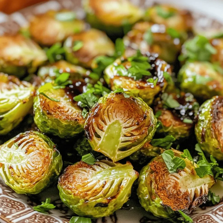 - 1 lb Brussels sprouts, trimmed and halved - 2 tablespoons extra virgin olive oil - 1 teaspoon garlic powder - 1 teaspoon onion powder - 1 teaspoon smoked paprika - ½ teaspoon sea salt - ¼ teaspoon freshly ground black pepper - 2 tablespoons balsamic glaze (for drizzling) - Fresh parsley, finely chopped (for garnish) To make crispy air fryer Brussels sprouts, you need fresh Brussels sprouts. Choose bright green ones without blemishes. Halve them for even cooking. The olive oil helps them crisp up nicely. Garlic powder and onion powder add great flavor. Smoked paprika gives a warm, smoky taste. Sea salt and black pepper balance the dish perfectly. Balsamic glaze adds a sweet finish, while parsley brightens the look. This list creates a simple, tasty dish that anyone can enjoy. For the full recipe, check out the instructions later in this article. Set the air fryer to 375°F (190°C). Preheat it for 5 minutes. This step ensures your Brussels sprouts cook evenly and get that perfect crisp. Take 1 pound of trimmed and halved Brussels sprouts. In a large bowl, add 2 tablespoons of extra virgin olive oil. Then, sprinkle in 1 teaspoon of garlic powder, 1 teaspoon of onion powder, 1 teaspoon of smoked paprika, ½ teaspoon of sea salt, and ¼ teaspoon of freshly ground black pepper. Toss everything together until the Brussels sprouts are well coated. This mix brings out their natural flavor and adds a nice kick. Place the seasoned Brussels sprouts in the air fryer basket. Make sure they sit in a single layer. This step is key to getting them crispy. Cook for 15 to 18 minutes. Halfway through, shake the basket to ensure all sides get crispy. When they turn golden brown, they’re ready to enjoy! For a finishing touch, drizzle with balsamic glaze and sprinkle fresh parsley on top. You can find the full recipe for more details. To get your Brussels sprouts crispy, keep a few tips in mind. First, do not overcrowd the air fryer basket. This step is key for even cooking and crispiness. If you pack too many in, they will steam instead of fry. Spread them out in a single layer for the best results. Next, I recommend cooking them for 15 to 18 minutes. Check them halfway through and shake the basket. This action helps them brown evenly on all sides. If you want them extra crispy, add a few more minutes, but watch closely! Presentation matters! When serving, place your crispy Brussels sprouts on a nice platter. Drizzle extra balsamic glaze over them for a beautiful finish. Sprinkle chopped parsley on top for color and freshness. If you want to add a zesty kick, serve lemon wedges on the side. A squeeze of fresh lemon juice can brighten the dish and enhance the flavors. Pair these crispy sprouts with your favorite protein for a complete meal. Enjoy! {{image_4}} You can easily change the flavor of crispy air fryer Brussels sprouts. Here are some ideas: - Add spices: Try chili powder for heat or cumin for a warm, earthy taste. - Use fresh herbs: Toss in rosemary or thyme before cooking for a fragrant aroma. - Alternate cooking methods: If you prefer, roast the Brussels sprouts in the oven. Just heat it to 400°F (200°C) and follow the same steps. The flavors will be rich and the texture nice. These small changes can take your dish to the next level. Adjusting the recipe for dietary needs is simple: - Vegan option: The recipe is already vegan! Just make sure your balsamic glaze has no added sugars or animal products. - Gluten-free: This dish is naturally gluten-free. Just check your seasonings to ensure they are gluten-free. - Low-sodium: Use herbs like garlic powder and lemon juice instead of salt. This keeps flavor high while sodium stays low. These adjustments make the dish suitable for everyone. Enjoy experimenting with flavors and dietary needs! To keep your crispy Brussels sprouts fresh, store them in an airtight container. Place them in the fridge within two hours of cooking. They will stay good for about three days. After that, the flavor and texture may decline. Avoid stacking them too high. This helps keep them crispy for longer. When it’s time to enjoy your leftovers, reheating is key. I recommend using the air fryer again. Set it to 350°F (175°C) and heat for about 5 to 7 minutes. This method helps to restore their crispiness. You can also use the oven. Place them on a baking sheet at 375°F (190°C) for about 10 minutes. Either way, enjoy the great taste of your leftover crispy air fryer Brussels sprouts! For the full recipe, check out the earlier sections. To reduce bitterness, choose fresh Brussels sprouts. Look for bright green, firm sprouts. When preparing, trim the ends and remove any yellow leaves. You can also soak them in cold water for 10 minutes before cooking. This simple step can help draw out some of the bitter flavors. Roasting or air frying with seasonings like garlic or smoked paprika will add flavor and balance the bitterness. Yes, you can use frozen Brussels sprouts! Just remember they may not get as crispy as fresh ones. For frozen sprouts, increase the cooking time by 3 to 5 minutes. Make sure to thaw and drain them first. Pat them dry with a towel to remove excess moisture. This will help achieve better crispiness. Crispy Brussels sprouts are great with many dishes. Pair them with grilled chicken or baked salmon for protein. They also go well with quinoa or mashed potatoes for starch. Add a fresh salad on the side for a colorful touch. Drizzle more balsamic glaze over your meal for extra flavor. Enjoy the balance of textures and tastes! For the full recipe, check out the Crispy Air Fryer Brussels Sprouts. In this post, we covered how to make crispy Brussels sprouts in an air fryer. You learned essential ingredients, step-by-step cooking instructions, and tips for the perfect crunch. We explored flavor variations and dietary adjustments, plus storage and reheating methods. Enjoy these tasty sprouts as a side or snack! With some practice, you'll impress with your crispy creations. Keep experimenting, and you'll find your favorite way to enjoy Brussels sprouts.
