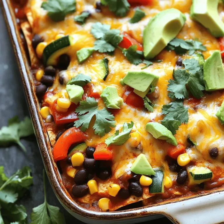 To make a delicious vegetarian enchilada casserole, you need the right mix of fresh ingredients. Here’s a detailed list: - 2 cups black beans, rinsed and drained - 1 cup corn kernels (fresh or frozen) - 1 bell pepper, diced (choose your favorite color) - 1 small zucchini, diced - 1 small red onion, finely chopped - 2 cloves garlic, minced - 1 teaspoon ground cumin - 1 teaspoon smoked paprika - 1 tablespoon olive oil - 12 corn tortillas - 2 cups enchilada sauce (store-bought or homemade) - 1 ½ cups shredded Mexican cheese blend (or your preferred dairy-free cheese) - Fresh cilantro, for garnish - Avocado slices, for serving (optional) - Sour cream or Greek yogurt, for serving (optional) Each ingredient plays a key role in flavor and texture. Black beans add protein and creaminess. Corn brings sweetness and crunch. The bell pepper and zucchini add color and freshness. Onions and garlic create a savory base. The spices, ground cumin and smoked paprika, give the dish depth. Olive oil helps sauté the veggies and enhances the flavors. Corn tortillas serve as the foundation, soaking up all the delicious sauce. Enchilada sauce ties everything together with a rich, tangy taste. Cheese melts on top, adding gooey goodness. Finally, garnishes like cilantro and avocado elevate the dish, offering freshness and creaminess. For the complete cooking process, check out the Full Recipe. 1. Preheating the oven: Start by preheating your oven to 375°F (190°C). This helps the casserole bake evenly and reach the right texture. 2. Sautéing the aromatics: In a large skillet, heat one tablespoon of olive oil over medium heat. Add the finely chopped red onion and minced garlic. Cook these for about 2-3 minutes until they become soft and clear. This step brings out their flavors and aromas. 1. Layering with tortillas: Grab a 9x13 inch baking dish. Spread a thin layer of enchilada sauce on the bottom. Lay three corn tortillas on top of the sauce. Overlap them slightly for full coverage. 2. Adding vegetable and bean mixture: Now, take half of your sautéed vegetable mix. Spread it over the tortillas. Sprinkle one-third of the shredded cheese on top. Repeat this layering with more sauce, tortillas, and the remaining vegetable mix. Finish with another layer of tortillas and the last of the sauce and cheese. 1. Initial baking with foil: Cover your baking dish tightly with aluminum foil. Place it in the preheated oven and bake for 20 minutes. This helps steam the veggies and melt the cheese. 2. Final bake without foil for cheese browning: After 20 minutes, carefully take off the foil. Continue baking for an extra 10-15 minutes. The cheese should bubble and turn a lovely golden brown. After baking, let the casserole cool for a few minutes before slicing. Enjoy your tasty vegetarian enchilada casserole! For more detailed steps, check the Full Recipe. Layering is key to the flavor of your casserole. Start with enchilada sauce to moisten the tortillas. Each layer should have beans, vegetables, and cheese. This method creates a great taste and texture. Ovens can heat differently, so check your casserole often. If your oven runs hot, reduce the baking time. If it runs cool, you may need to bake it longer. Keep an eye on the cheese; it should bubble and turn golden brown. You can switch up the beans and veggies based on what you have. Black beans work well, but pinto or kidney beans are great too. For veggies, try spinach, mushrooms, or even sweet potatoes. When it comes to cheese, you have options. If you prefer dairy-free, use a plant-based cheese blend. Just ensure it melts well for that perfect finish. You can find the full recipe for more detailed steps and ingredient lists. {{image_4}} You can make your vegetarian enchilada casserole unique with some simple changes. If you like heat, try a spicy vegetarian enchilada casserole. Add diced jalapeños or a splash of hot sauce to the veggie mix. This gives your dish a nice kick! For a taco-flavored enchilada casserole, you can use taco seasoning instead of cumin and smoked paprika. This adds a new flavor twist. You can also mix in some diced tomatoes or black olives for extra taste and texture. Meal prepping is a smart way to save time. Here are some tips for busy weeknights. You can make your casserole a day ahead. Just follow the steps, but do not bake it. Cover it well and store it in the fridge. When ready, bake it as per the instructions. If you want to freeze the casserole, assemble it and wrap it tightly in foil. It can stay in the freezer for up to three months. When you want to eat it, thaw it overnight in the fridge. Then, bake it as usual. Enjoy these ideas and get creative with your vegetarian enchilada casserole! For the full recipe, check out the section on ingredients and step-by-step instructions. To keep your vegetarian enchilada casserole fresh, choose airtight containers. Glass or plastic containers work well. Make sure they can hold the casserole without crowding. For best results, let the casserole cool down before storing. Store leftovers in the fridge for up to four days. If you want to keep it longer, consider freezing. Wrap the casserole tightly in plastic wrap and then in foil. This will prevent freezer burn and keep it tasty. You can reheat your casserole in two ways: microwave or oven. For the microwave, place a portion on a microwave-safe plate. Cover it with a damp paper towel to keep moisture. Heat it for about 2-3 minutes, checking if it's warm throughout. For the oven, preheat it to 350°F (175°C). Place the casserole in a baking dish and cover it with foil. Bake for about 15-20 minutes. This method keeps the cheese nice and melty. If you want the top crispy, remove the foil for the last 5 minutes. Enjoy your meal! How to make enchilada sauce from scratch? To make enchilada sauce at home, combine 2 tablespoons of olive oil with 2 tablespoons of flour in a pot over medium heat. Stir until smooth. Add 2 cups of vegetable broth, 1 can of tomato sauce, and spices like chili powder, cumin, and garlic powder. Simmer for 15 minutes. This sauce adds a fresh taste to your vegetarian enchilada casserole. Can I use flour tortillas instead of corn? Yes, you can use flour tortillas. They will add a different texture and flavor. However, corn tortillas are traditional and give a unique taste to the casserole. Choose what you enjoy most! What to serve with vegetarian enchilada casserole? This dish pairs well with a fresh salad, guacamole, or Mexican rice. You can also add a dollop of sour cream or Greek yogurt for creaminess. Fresh cilantro on top adds a lovely touch too. How long can leftovers be stored in the fridge? Leftovers can last for about 3 to 5 days in the fridge. Store them in an airtight container to keep them fresh. You can also freeze the casserole for up to 3 months. Just make sure to reheat well before serving again! This vegetarian enchilada casserole is a colorful and tasty dish. It uses simple ingredients like black beans, corn, and fresh veggies. You’ll need about 30 minutes to prep and 50 minutes to cook. This recipe serves six people. 1. Preheat your oven to 375°F (190°C). 2. Heat olive oil in a large skillet over medium heat. 3. Sauté chopped red onion and minced garlic for 2-3 minutes until soft. 4. Add diced bell pepper and zucchini, cooking for 5 minutes. 5. Stir in rinsed black beans, corn, ground cumin, and smoked paprika. Cook for 2-3 minutes more. 6. Spread a thin layer of enchilada sauce in a 9x13 inch baking dish. 7. Layer 3 corn tortillas over the sauce, slightly overlapping. 8. Add half of the vegetable mixture and sprinkle with 1/3 of the cheese. 9. Repeat the layers until all ingredients are used, ending with tortillas. 10. Pour remaining enchilada sauce over the top layer and add the rest of the cheese. 11. Cover the dish tightly with aluminum foil and bake for 20 minutes. 12. Remove the foil and bake for another 10-15 minutes until the cheese bubbles and turns golden. 13. Let it cool for a few minutes, then slice and serve with cilantro, avocado, and sour cream, if desired. This is the full recipe for a delicious vegetarian enchilada casserole. Enjoy! This blog post explored a tasty vegetarian enchilada casserole. We covered key ingredients like black beans, corn, and spices. You learned to prepare the casserole with easy steps, layer flavors, and bake it to perfection. I shared tips for customization and meal prep, ensuring your dish fits your needs. Remember, proper storage and reheating help you enjoy leftovers. With these insights, you can create a delicious meal for any occasion. Happy cooking!