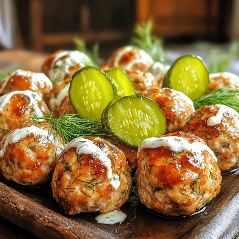 To make Pickle Ranch Chicken Meatballs, you need fresh and flavorful ingredients. Here’s the complete list of ingredients you'll want to gather: - Ground chicken - Breadcrumbs - Dill pickle juice - Chopped dill pickles - Ranch dressing - Grated Parmesan cheese - Garlic powder - Onion powder - Black pepper - Salt - Fresh dill (optional) - Cooking spray or olive oil These ingredients work together to create a tasty dish. The ground chicken serves as the base, while the breadcrumbs add texture. Dill pickle juice and chopped dill pickles give a tangy kick. Ranch dressing brings creaminess and flavor that ties it all together. Parmesan cheese adds a savory note, while garlic and onion powders enhance the taste. Don’t forget the black pepper and salt; they balance the other flavors. Using fresh dill is optional, but it can brighten up the dish. For cooking, you will need either cooking spray or olive oil to help the meatballs bake perfectly. If you want to dive deeper, check out the Full Recipe for step-by-step guidance on making these meatballs. Start by preheating your oven to 400°F (200°C). This is the best temperature for cooking the meatballs evenly. Next, line a baking sheet with parchment paper. This step helps with easy cleanup and keeps the meatballs from sticking. In a large bowl, add 1 lb ground chicken and 1 cup breadcrumbs. Pour in 1/4 cup dill pickle juice and then 1/2 cup finely chopped dill pickles. Add 1/4 cup ranch dressing, 1/4 cup grated Parmesan cheese, 1 teaspoon garlic powder, 1 teaspoon onion powder, 1/2 teaspoon black pepper, and 1/2 teaspoon salt. If you like, mix in 1 tablespoon chopped fresh dill. Use a fork or your hands to mix everything together. Make sure the flavors blend well for a tasty bite. To shape the meatballs, wet your hands slightly. This will help prevent sticking. Scoop out a tablespoon of the mixture and roll it into a ball. Aim for uniform sizes, so they cook evenly. Place each meatball on the lined baking sheet, leaving space between them. Lightly spray the meatballs with cooking spray or drizzle some olive oil over them. Place the baking sheet in the oven. Bake for 20-25 minutes. You'll know they're done when they turn golden brown and reach an internal temperature of 165°F (75°C). After baking, let the meatballs cool for a few minutes. Serve them warm on a platter. You can drizzle extra ranch dressing on top or have it on the side for dipping. To make it pretty, add fresh dill sprigs and pickle slices to the platter. For the full recipe, check out the earlier sections! When making meatballs, avoid over-mixing. This keeps them tender and light. Too much mixing can make them tough. To keep meatballs moist, add enough pickle juice and ranch dressing. These ingredients add moisture and flavor. You can boost flavor by adding herbs or spices. Try a pinch of paprika or a dash of cayenne for a kick. You can also add fresh parsley or chives to brighten the taste. For ranch dressing, use a trusted brand like Hidden Valley or Annie's. These brands offer a creamy texture that complements the meatballs. You can make these meatballs ahead of time. Shape them, then store in the fridge for up to two days. When you're ready, just bake them. For longer storage, freeze the meatballs on a tray. Once frozen, transfer them to a bag. They last for about three months. You can bake them straight from the freezer; just add a few extra minutes to cooking time. For the full recipe, check out the details in the main section. {{image_4}} You can swap ground chicken for other meats. Turkey or beef work great too. They add their own flavor. If you want a lighter choice, turkey is perfect. Ground beef gives a richer taste and texture. For those who prefer plant-based meals, try using lentils or chickpeas. You can mash them up and blend in the same ingredients. This gives a tasty vegetarian option. For a vegan twist, use a meat substitute like tofu or tempeh. Just make sure to season well to keep the flavors bold. Want to kick things up a notch? Make a spicy pickle ranch version! Add some chili powder or cayenne pepper to the mix. This brings a nice heat to the meatballs. You can also try a sweet and spicy twist. Mix in some honey or brown sugar along with hot sauce. This creates a fun blend of flavors. You can play with spices too! Consider adding smoked paprika or cumin for a new taste. Pair these meatballs with fun side dishes. Think creamy coleslaw or crispy fries. You can also serve them over a bed of rice or pasta. If you want a fresh touch, add a salad with crunchy vegetables. Sauces can enhance the dish too. Extra ranch dressing is a classic choice. You can also try barbecue sauce or a spicy aioli. These options will complement the meatballs well. For a gourmet touch, drizzle some balsamic glaze over the top. It adds a sweet and tangy flavor. Want more ideas? Check the Full Recipe for extra tips! To keep your Pickle Ranch Chicken Meatballs fresh, place them in the fridge. Use airtight containers to prevent moisture loss. You can also wrap them tightly in plastic wrap. These methods help keep the meatballs moist and tasty. Store them for up to three days. When you reheat meatballs, you want them warm but not dry. The best way is to use an oven. Preheat it to 350°F (175°C). Place the meatballs on a baking sheet and cover them with foil. Heat for about 10-15 minutes. You can also use a microwave. Place the meatballs on a plate and cover them with a damp paper towel. Heat for 1-2 minutes. Check to ensure they are hot throughout. Freezing meatballs is easy. First, let them cool completely. Then, place them in a single layer on a baking sheet. Freeze them for about an hour until firm. After that, transfer them to a freezer bag. Remove as much air as possible before sealing. They can stay frozen for up to three months. When ready to cook, thaw them overnight in the fridge. You can also cook them directly from frozen. Just add a few extra minutes to the cooking time for best results. Yes, you can! If you want to switch things up, try using ground turkey. It offers a similar taste and texture. Ground beef also works well, but it will add more fat. If you prefer a lighter option, ground pork is great too. You can even mix different meats for unique flavors. To make these meatballs gluten-free, use gluten-free breadcrumbs. You can find these at most grocery stores. Instead of regular flour, you can use almond flour or oat flour as a binder. These options keep the texture nice and hold everything together. These meatballs go well with many sides! Serve them with a fresh salad or steamed veggies for a light meal. You could also try pairing them with mashed potatoes or rice for a hearty option. Consider adding a side of ranch dip or extra pickles for extra flavor. Check out the Full Recipe for more ideas. To make the meatballs milder, use less black pepper. You can also skip spicy pickles if you want a calmer taste. If you like heat, add a pinch of cayenne pepper or crushed red pepper flakes. Start small, then taste and adjust as needed for the perfect kick! In this post, we covered delicious pickle ranch chicken meatballs. You learned about the key ingredients and step-by-step instructions to prepare them. We also shared tips for perfecting their texture and flavor, plus storage tips for leftovers. You can even try different proteins and flavors to match your taste. Overall, these meatballs are easy to make and fun to enjoy. Get creative with your meal prep and explore new pairings. Enjoy these tasty bites any time!