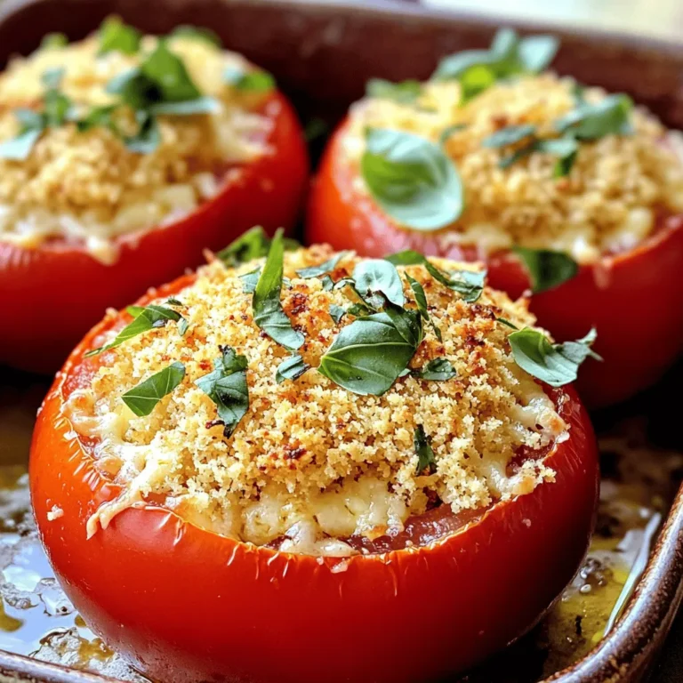 For Baked Parmesan Tomatoes, gather these simple ingredients: - 4 large ripe tomatoes - 1 cup grated Parmesan cheese - 1/2 cup breadcrumbs (panko recommended for extra crunch) - 3 cloves garlic, minced - 2 tablespoons fresh basil, finely chopped (or 1 tablespoon dried basil) - 1 teaspoon dried oregano - 1/4 teaspoon red pepper flakes (optional, for a spicy kick) - 2 tablespoons olive oil, plus extra for drizzling - Salt and pepper, to taste You will need a few basic tools: - A sharp knife for slicing tomatoes - A spoon for scooping out the insides - A mixing bowl for combining the filling - A baking dish for the stuffed tomatoes - An oven to bake the dish Each serving of Baked Parmesan Tomatoes is rich in flavor and nutrients. Here's a quick look at what you get per serving: - Calories: Approximately 200 - Protein: 8g - Carbohydrates: 12g - Fat: 14g - Fiber: 2g These tomatoes are not only tasty but also a good source of vitamins and minerals. Enjoy this dish guilt-free! Start by preheating your oven to 375°F (190°C). Take four large ripe tomatoes and slice off the tops. Use a spoon to scoop out the seeds and pulp. This creates a bowl shape. You can save the insides for another dish or toss them. Make sure to keep the tomato shells intact for filling later. In a mixing bowl, combine one cup of grated Parmesan cheese and half a cup of breadcrumbs. I like to use panko for extra crunch. Add three minced garlic cloves, two tablespoons of finely chopped fresh basil, and a teaspoon of dried oregano. If you want a bit of heat, sprinkle in a quarter teaspoon of red pepper flakes. Drizzle in two tablespoons of olive oil and season with salt and pepper. Mix everything until well combined. Now it’s time to stuff the tomatoes! Generously fill each hollowed tomato with the cheese mixture. Make sure to press down gently for a compact filling. Arrange the stuffed tomatoes in a baking dish, standing them upright. For extra flavor, drizzle a bit more olive oil on top. Bake the tomatoes for 25 to 30 minutes. Look for a golden brown top and tender tomatoes. Once done, let them cool slightly before serving. This enhances the flavors and makes them even more tasty. To make your baked Parmesan tomatoes burst with flavor, use fresh herbs. Fresh basil and oregano add brightness. You can also mix in some garlic for a fantastic aroma. If you enjoy a bit of heat, add red pepper flakes. This gives the dish a nice kick and makes it lively. For the perfect crispy top, use panko breadcrumbs. They are lighter and crispier than regular breadcrumbs. Drizzle a little extra olive oil on top before baking. This step helps the tops brown evenly. You can also broil the tomatoes for the last few minutes. Just watch them closely to prevent burning. You can customize your baked Parmesan tomatoes easily. Try adding cooked sausage or bacon to the filling for extra protein. If you prefer a vegetarian option, mix in chopped spinach or zucchini. You can even switch up the cheese. Feta or mozzarella adds a different flavor profile. Be creative and make the dish your own! For the complete recipe, check out the Full Recipe. {{image_4}} You can switch up the cheese in this recipe. Try mozzarella for a gooey texture. Feta adds a tangy bite that pairs well with tomatoes. Goat cheese gives a creamy and rich flavor. Mixing different cheeses can also create a more complex taste. Experiment with what you have on hand! Feel free to add seasonal vegetables to the filling. Zucchini or bell peppers work great with the cheese. Spinach adds a pop of color and nutrition. You can also use mushrooms for an earthy flavor. Just chop them small and mix them in. For a gluten-free version, skip the breadcrumbs or use gluten-free alternatives. Ground almonds or crushed rice cakes can work well. You can also add more cheese to help bind the filling. This keeps the dish tasty and avoids gluten. For more detailed steps, check the Full Recipe. To keep your baked tomatoes fresh, let them cool first. Place any leftovers in an airtight container. You can store them in the fridge for up to three days. If you’re using a glass dish, cover it tightly with plastic wrap. This helps keep the tomatoes moist and flavorful. Reheating baked tomatoes is easy! Preheat your oven to 350°F (175°C). Place the tomatoes on a baking sheet. Bake them for about 10-15 minutes until they warm up. This method keeps the topping crispy. You can also use a microwave, but the topping may get soft. Heat on medium for about 1-2 minutes, checking often. Freezing baked tomatoes is a great option! First, let them cool completely. Then, wrap each tomato in plastic wrap, or place them in freezer bags. Make sure to remove as much air as possible. You can freeze them for up to three months. When ready to eat, thaw them in the fridge overnight. Reheat them in the oven for the best taste. Enjoy your baked Parmesan tomatoes later with the full recipe! Yes, you can prepare Baked Parmesan Tomatoes ahead of time. You can hollow the tomatoes and mix the filling. Keep the stuffing in the fridge. When you’re ready, stuff the tomatoes and bake them. This method saves time and makes serving easy. Baked Parmesan Tomatoes pair well with many dishes. Here are a few ideas: - Grilled chicken or fish - Quinoa or rice dishes - Fresh salads - Pasta with a light sauce These options complement the rich, cheesy flavor of the tomatoes. Yes, Baked Parmesan Tomatoes are great for meal prep. You can make a batch and store them in the fridge. They last for up to three days. Just reheat them in the oven or microwave before serving. This makes it easy to enjoy a tasty meal throughout the week. In this article, we covered how to create delicious Baked Parmesan Tomatoes. We looked at ingredients, tools, and nutrition. Then we went through the steps to prep and bake. I also shared tips to enhance flavor and add your favorite touches. Finally, we discussed storage and answered common questions. Making Baked Parmesan Tomatoes is simple and fun. You can impress anyone with these tasty treats! Enjoy experimenting with flavors and sharing with friends.