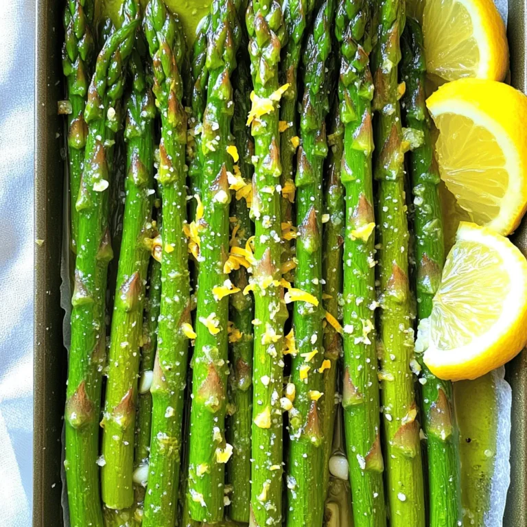 Lemon garlic asparagus uses simple, fresh ingredients. Each plays a key role in flavor. Here's what you need for this tasty dish: - 1 pound fresh asparagus, trimmed and ends snapped off - 3 tablespoons extra virgin olive oil - 4 cloves garlic, finely minced - Zest of 1 medium lemon - 2 tablespoons freshly squeezed lemon juice - 1 teaspoon crushed red pepper flakes (optional for heat) - Sea salt and freshly cracked black pepper to taste - 2 tablespoons freshly grated Parmesan cheese (optional for a savory finish) - Lemon wedges for a zesty serving suggestion 1. Fresh Asparagus: Choose firm, green spears. They should snap easily when bent. This means they are fresh and full of flavor. 2. Extra Virgin Olive Oil: This oil adds richness and helps the asparagus roast well. It also enhances the garlic flavor. 3. Garlic: Use fresh garlic for the best taste. It gives a strong, savory punch to the dish. 4. Lemon: The zest and juice brighten the flavors. It balances the richness of the olive oil and adds freshness. 5. Crushed Red Pepper Flakes: If you like heat, this adds a nice kick. Adjust the amount to your taste. 6. Sea Salt and Black Pepper: These seasonings bring out all the flavors. Use them to taste for the best result. 7. Parmesan Cheese: This is optional, but it gives a savory finish. It melts slightly on the warm asparagus. 8. Lemon Wedges: Serve these on the side for extra brightness. A squeeze of fresh lemon juice adds a final touch. You can customize this dish with some fun extras. Consider adding: - Cherry Tomatoes: They add sweetness and a pop of color. - Balsamic Vinegar: A drizzle can give depth and sweetness. - Nuts: Chopped almonds or pine nuts add crunch and nutrition. - Herbs: Fresh basil or parsley can brighten the dish further. For the full recipe, check out the detailed cooking instructions! Start by gathering all your ingredients. You need 1 pound of fresh asparagus, 3 tablespoons of olive oil, 4 cloves of garlic, lemon zest, lemon juice, red pepper flakes, salt, pepper, and Parmesan cheese if desired. Trim the asparagus by snapping off the tough ends. This helps keep the texture tender and fresh. Preheat your oven to 425°F (220°C) while you prepare. In a large bowl, toss the asparagus with olive oil. Make sure each spear is coated well. Next, add the minced garlic, lemon zest, and lemon juice. If you like some heat, sprinkle in the crushed red pepper flakes. Season with salt and pepper to taste. Mix everything well so the flavors blend. Spread the asparagus on a lined baking sheet in a single layer. This helps them roast evenly. Bake for 12 to 15 minutes. Keep an eye on them to ensure they stay crunchy. Check the asparagus around the 10-minute mark. Look for a slight browning on the tips. They should be tender but not mushy. If you want, add Parmesan cheese right after taking them out of the oven. The heat will melt it nicely. For serving, arrange the asparagus on a platter and add lemon wedges for a fresh squeeze right before eating. For the full recipe, refer to the earlier section. To get the best roast, start with fresh asparagus. Look for bright green, firm spears. Trim the ends to ensure even cooking. Coat them well with olive oil and seasonings. Spread them out in a single layer on your baking sheet. This allows hot air to circulate freely. Roasting at 425°F makes them tender and crisp. Keep an eye on them as they roast. You want them tender but still crunchy. Lemon and garlic work together to boost flavor. Use fresh garlic for the best taste. Zest the lemon before juicing it; this adds a bright note. For some heat, add crushed red pepper flakes. You can also sprinkle Parmesan cheese on top. This adds a savory twist to your dish. If you want a twist, try adding fresh herbs like thyme or dill. Serve lemon garlic asparagus on a nice platter. Drizzle any leftover oil over the top for shine. Garnish with extra lemon wedges for a pop of color. This dish pairs well with grilled fish or chicken. It also works great as a side for pasta dishes. Enjoy this zesty asparagus warm, or let it cool for a refreshing salad. For the full recipe, check the section above. {{image_4}} You can swap asparagus for other veggies. Try green beans, broccoli, or zucchini. These vegetables work well with the lemon and garlic flavors. If you want a different taste, use sesame oil instead of olive oil. You can also add herbs like thyme or rosemary for a twist. Roasting is the most common method, but you can grill asparagus too. Grilling gives it a smoky flavor. Simply toss the asparagus with oil and seasonings, then grill for 5-7 minutes. You can also steam the asparagus for a lighter dish. Just steam for about 4-5 minutes until tender. In spring, fresh asparagus shines best. You can enjoy it with fresh lemon. In summer, add cherry tomatoes or bell peppers for color and taste. Fall is great for adding a sprinkle of nuts, like almonds or walnuts. Winter? Try pairing it with hearty grains like quinoa or farro for a warm meal. For full flavor, check out the Full Recipe. After enjoying your lemon garlic asparagus, store any leftovers properly. Place the asparagus in an airtight container. This keeps the flavor fresh. You can also wrap it tightly with plastic wrap. Make sure it is sealed well to avoid moisture. Store the container in the fridge. It helps to keep the asparagus crisp. To reheat your lemon garlic asparagus, use the oven for the best results. Preheat your oven to 350°F (175°C). Spread the asparagus on a baking sheet, and drizzle a bit of olive oil on top. Heat for about 10 minutes, or until warm. You can also use the microwave. Place the asparagus in a microwave-safe dish. Cover it with a damp paper towel and heat for 1-2 minutes. Prepared lemon garlic asparagus lasts about 3 to 5 days in the fridge. Keep an eye on its look and smell. If it appears slimy or has an off odor, it's best to throw it away. Always trust your senses to judge freshness. For longer storage, consider freezing it. In the freezer, it can last up to 3 months. Just remember to blanch it first for the best taste! Check out the full recipe for more details on preparation and storage tips. You can pair Lemon Garlic Asparagus with many dishes. It goes well with grilled chicken or fish. You can also serve it alongside a hearty steak. For a vegetarian option, try it with quinoa or rice. Lemon Garlic Asparagus adds a fresh touch to any meal. You can also toss it in a salad for added crunch. Yes, you can make Lemon Garlic Asparagus ahead of time. Roast the asparagus and let it cool. Then store it in the fridge for up to three days. When you're ready to eat, just reheat it in the oven. This keeps the flavor and crunch intact. You can even serve it cold in a salad for a quick meal. To clean asparagus, start by rinsing it under cold water. This removes dirt and sand. Next, snap off the tough ends of each spear. Simply bend the asparagus until it snaps. This point is where the tender part begins. If you want, you can peel the lower part of the stem for a more delicate bite. Now your asparagus is ready for cooking! For the full recipe, check out the detailed steps above. In this blog post, we explored the key ingredients for lemon garlic asparagus. We discussed specific details and optional additions that enhance flavor. Next, we walked through each step, from preparation to cooking techniques with handy tips. Finally, I shared ways to achieve the perfect roast, variations to try, and best practices for storing leftovers. Remember, whether you serve it fresh or reheat it later, lemon garlic asparagus can delight your taste buds. Enjoy cooking and experimenting with this vibrant dish!
