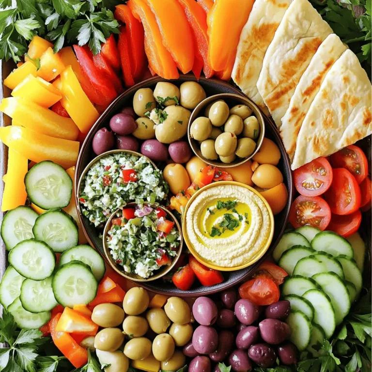 To create a delightful Mediterranean mezze platter, gather these key items: - Homemade options for dips: - 1 cup hummus - 1 cup baba ghanoush - 1 cup tzatziki - 1 cup tabbouleh salad Making these dips at home is great! You can control the flavors. For hummus, blend chickpeas, tahini, lemon juice, and garlic. For baba ghanoush, roast eggplant and mix it with tahini. Tzatziki requires strained yogurt, cucumber, garlic, and herbs. - Fresh vegetables and garnishes: - 1 cucumber, sliced into rounds - 1 bell pepper, sliced into strips - 10 cherry tomatoes, halved - Fresh parsley, for garnish - Lemon wedges, for serving Adding fresh veggies brings color and crunch. The cucumber and bell pepper add a refreshing taste. Cherry tomatoes add a pop of sweetness. - Store-bought suggestions for convenience: - 1 cup marinated mixed olives - 1 cup stuffed grape leaves (dolmas) - 10 pita bread wedges If you're short on time, store-bought dips and items work well. Look for high-quality olives and stuffed grape leaves at your local market. They save time and still taste good! Using these ingredients makes your mezze platter tasty and fun. Enjoy the variety and colors on your table! For the complete recipe, check the Full Recipe. To start, you need to make three key dips: hummus, baba ghanoush, and tzatziki. Here's how: - Hummus: Blend 1 cup of chickpeas, 1/4 cup tahini, 2 tablespoons lemon juice, and 1 garlic clove until smooth. Add water if needed. - Baba Ghanoush: Roast 1 eggplant until soft. Scoop the flesh into a blender. Add 1/4 cup tahini, 2 tablespoons lemon juice, and salt. Blend until creamy. - Tzatziki: Mix 1 cup strained yogurt with 1/2 cucumber (grated), 1 minced garlic clove, and a dash of salt. Tips for purchasing quality dips: If you buy dips, look for fresh, natural brands with few ingredients. Check the label for preservatives. Timing for preparing each dip for freshness: Make dips just before serving. If you must prep ahead, store them in airtight containers in the fridge. Next, create a delicious tabbouleh salad. Chop fresh parsley, mint, and tomatoes. Mix with cooked bulgur wheat, olive oil, and lemon juice. Season with salt and pepper to taste. Marinating olives: Toss your mixed olives in a bowl with olive oil, minced garlic, and herbs. Let them marinate for at least 30 minutes. This step adds depth to their flavor. Preparing and placing stuffed grape leaves: If using store-bought, drain and arrange them neatly on your platter. If you prefer homemade, cook and cool the grape leaves first. Now for the fun part! Organize your platter with style. Use a large serving board. Place small bowls of hummus, baba ghanoush, tzatziki, tabbouleh, and marinated olives evenly around the board. Tips for organizing dips and veggies: Keep similar colors together for a pretty look. Use vibrant vegetables like cucumber rounds, bell pepper strips, and halved cherry tomatoes for a fresh crunch. Creative serving ideas: Pile pita bread wedges on one side for easy dipping. You can toast them lightly for extra texture. Full Recipe overview referenced here: This guide helps you assemble all the parts of your Mediterranean mezze platter. Enjoy the process and share with friends! To make your mezze platter pop, focus on color and shape. Use fresh veggies in bright shades. Think deep greens, bright reds, and sunny yellows. Arrange the dips in small bowls for height and interest. Place bowls at different angles on your platter. Choose your serving dish wisely. A wooden board gives a rustic feel. A colorful ceramic plate can make the platter festive. Lay out all items before you start. This helps create a balanced look. Herbs and spices can elevate your mezze platter. Fresh parsley and mint add a burst of flavor. Drizzle olive oil over your dips for a rich taste. You could also sprinkle smoked paprika or a pinch of cumin for depth. Consider adding other dips to enhance variety. Try muhammara, a spicy walnut dip. Or add a zesty feta spread for a salty kick. Each extra dip will make your platter more exciting. {{image_4}} You can create a fun vegan mezze platter. Focus on fresh veggies and plant-based dips. Here are some ideas: - Hummus: Use chickpeas, tahini, and garlic for a creamy spread. - Baba Ghanoush: Roast eggplant and blend it with tahini for a smoky flavor. - Olive Tapenade: Blend olives with capers and olive oil for a savory twist. - Stuffed Peppers: Fill mini bell peppers with a mix of grains and herbs. You can also explore special dishes from different Mediterranean regions. For an Italian twist, add bruschetta topped with tomatoes and basil. From Turkey, include spicy lentil balls called mercimek köftesi. Each region brings unique flavors and textures. Using seasonal ingredients makes your mezze platter shine. Grab fresh veggies from local markets. They taste better and add color to your platter. Here are some seasonal ideas: - Spring: Use asparagus, peas, and radishes for a crisp touch. - Summer: Add juicy tomatoes, cucumbers, and bell peppers for brightness. - Fall: Incorporate roasted squash or sweet potatoes for warmth. - Winter: Use hearty greens and root vegetables for a satisfying crunch. You can also adapt your dips based on what’s available. If you can’t find fresh herbs, use dried ones instead. Swap out vegetables based on the season to keep things fresh. This keeps your mezze platter exciting and tasty. For a complete guide on crafting your Mediterranean mezze platter, check the Full Recipe. To keep your mezze platter fresh, store each item properly. Here’s how: - Dips: Place leftover dips in airtight containers. They stay good for about 3-5 days in the fridge. - Fresh Veggies: Store sliced veggies in a sealed bag or container. They can last for 2-3 days if kept cool. - Pita Bread: Wrap pita bread in plastic wrap or foil. It will remain fresh for up to 3 days. - Stuffed Grape Leaves: Keep them in a covered container. They can last for about a week in the fridge. You can get creative with leftover dips! Here are some fun ideas: - Hummus: Spread it on toast or use it as a sandwich filling. You can even mix it into pasta for a creamy sauce. - Baba Ghanoush: Use it as a spread for wraps or sandwiches. It also makes a great base for pizza. - Tzatziki: Try it as a salad dressing or drizzle it over grilled meats. It adds a fresh flavor. - Tabbouleh: Toss it into a grain bowl or mix with rice for a quick side dish. By reusing ingredients, you reduce waste and create new meals. Enjoy your leftovers in fun and tasty ways! A traditional mezze platter features small dishes meant for sharing. Common items include: - Hummus - Baba ghanoush - Tzatziki - Tabbouleh salad - Marinated olives - Stuffed grape leaves These dishes showcase fresh flavors and varied textures. You can mix and match based on your taste. Adding vibrant vegetables like cucumbers, peppers, and tomatoes gives the platter a lovely look. A mezze platter typically serves about four to six people. This can vary based on the number of dishes you include. If you have many dips and snacks, it can serve more. For a party, consider having two platters to avoid running out. Each guest can sample all the flavors, making it fun and interactive. Yes, you can prep a mezze platter in advance. Here are some tips: - Make dips like hummus and baba ghanoush a day before. Store them in airtight containers. - Chop vegetables and keep them in the fridge until serving. - Marinate olives 30 minutes before serving for a boost in flavor. Assemble the platter just before serving for the best presentation. Freshness matters, so try to time your prep well. Enjoy the ease of serving a beautiful platter without last-minute stress! A Mediterranean mezze platter is fun to make and share. You learned about key ingredients, steps for assembly, and helpful tips to make it perfect. Whether you choose homemade dips or store-bought options, these ideas will impress your guests. Remember to use seasonal veggies and serve it beautifully. Enjoy your mezze platter often. It's great for any occasion. Keep experimenting and have fun with different flavors!