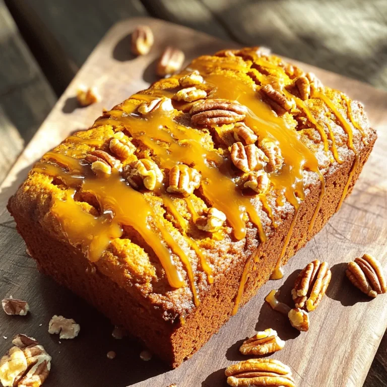 - 1 cup pumpkin puree - 1/2 cup unsalted butter, melted - 1 cup packed brown sugar - 1/2 cup granulated sugar - 2 large eggs, at room temperature - 1/4 cup whole milk - 1 teaspoon pure vanilla extract - 2 cups all-purpose flour - 1 teaspoon baking soda - 1 teaspoon baking powder - 1 teaspoon ground cinnamon - 1/2 teaspoon ground nutmeg - 1/2 teaspoon salt - 1 cup chopped pecans, toasted - 1/2 cup caramel sauce You might want to change the amounts of these ingredients. To make a larger batch, just double everything. For a smaller loaf, cut the amounts in half. Adjusting these measurements allows you to make the perfect size for your needs. Fresh pumpkin puree is best for flavor. You can find it at local farmers' markets in the fall. Canned pumpkin puree is a good option too, as it is convenient and ready to use. If you can't find unsalted butter, you can use salted butter but reduce the salt in the recipe. For a nut-free version, just leave out the pecans or use seeds. Enjoy the process of sourcing these ingredients, and remember that fresh is always best! First, preheat your oven to 350°F (175°C). This ensures even cooking. While the oven heats, take your 9x5-inch loaf pan. Grease it lightly with unsalted butter or cooking spray. Then, sprinkle a little flour inside. This step stops the bread from sticking after baking, making it easy to remove. In a large bowl, mix the pumpkin puree, melted butter, brown sugar, and granulated sugar. Use a whisk or hand mixer to blend until smooth. This mixture should be velvety. Add the eggs, one at a time, beating well after each. Then, stir in whole milk and vanilla extract. The result should be creamy and well-combined. In another bowl, whisk together the all-purpose flour, baking soda, baking powder, ground cinnamon, ground nutmeg, and salt. Sifting helps break up lumps and mixes everything evenly. When adding this dry mix to the wet ingredients, do it in small batches. Fold gently with a spatula to avoid overmixing. A few lumps are okay; they will bake out. Next, fold in the chopped pecans. This adds a nice crunch. Make sure they spread evenly in the batter. For the caramel, pour half of the batter into the prepared pan. Drizzle 1/4 cup of caramel sauce over this layer. Then, add the rest of the batter. Finish by drizzling the remaining caramel and swirling it with a knife. This creates a beautiful marbled effect. Place the loaf pan in your preheated oven. Bake for 55-65 minutes. To check if it’s done, insert a toothpick into the center. If it comes out clean, it’s ready. Once baked, let it cool in the pan for 10 minutes. This helps prevent sogginess. After that, transfer the bread to a wire rack to cool completely before slicing. - Optimal oven rack positioning: Place your rack in the center. This helps the bread bake evenly. Too high or too low causes uneven heat. - Why room temperature ingredients matter: Using room temperature eggs and milk helps the batter mix well. This creates a smooth texture. Cold ingredients can lead to lumps. - Pairing ideas with beverages: Enjoy this bread with hot coffee or spiced tea. The flavors blend well. For a festive touch, try it with apple cider. - Creative ways to serve leftovers: You can toast slices for extra crispiness. Top them with cream cheese or whipped cream for a treat. - What to do if your bread is too dense: If it feels heavy, you may have overmixed. Next time, mix gently until just combined. - Fixing an overly dry bread: To add moisture, brush slices with milk or butter. You can serve it with caramel sauce to enhance flavor. {{image_4}} If you want a nut-free bread, swap out the pecans for pumpkin seeds. They add crunch without the nuts. For a dairy-free option, use coconut oil or a plant-based butter. You can also replace whole milk with almond or oat milk. These swaps keep the bread delicious and moist. You can make this bread your own by adding chocolate chips. They melt and mix well with the pumpkin. You might also try adding spices like ginger or cloves for warmth. If you like more crunch, use walnuts or hazelnuts instead of pecans. This way, you can create new tastes each time. For holidays, think about adding cranberries or chopped apples. They give a fresh twist and add tartness. You can also sprinkle in some orange zest for a bright flavor. These seasonal twists make your bread festive and fun. To keep your Caramel Pecan Pumpkin Bread fresh, store it in an airtight container. This keeps the bread moist for a few days. If you want to enjoy it later, freezing is your best bet. Slice the bread first, then wrap each piece in plastic wrap. Place the wrapped slices in a freezer bag. This way, you can take out just what you need. Reheating the bread can be tricky. You don’t want it to dry out. The best method is to use the oven. Preheat it to 350°F (175°C). Place the bread on a baking sheet and cover it with foil. Heat for about 10-15 minutes. You can also use a microwave. Just heat for 10-15 seconds at a time. This keeps the bread soft and warm. At room temperature, the bread lasts about 3-5 days. Keep it in a cool, dry place. If you store it in the fridge, it will last about a week. Make sure to keep it wrapped well. Freezing extends its life to about 3 months. Just remember to thaw it in the fridge overnight before reheating. Enjoy your delicious bread anytime! I love to serve this bread warm. Slice it thick for the best taste. You can add a scoop of vanilla ice cream on top. A dollop of whipped cream also works great. For a crunchy touch, sprinkle more toasted pecans over the top. This extra crunch contrasts nicely with the soft bread. Yes, you can use fresh pumpkin. Fresh pumpkin gives a unique taste. It also has more nutrients. However, preparing fresh pumpkin takes time. You must peel and cook it before using. Canned pumpkin is quick and easy. It’s also consistent in flavor and texture. So, both options work well depending on your time and preference. To check if your bread is done, use a toothpick. Insert it into the center of the loaf. If it comes out clean, your bread is ready. You can also look for a golden-brown top. The edges should pull away from the pan slightly. These signs mean the bread is perfectly baked. You can make this recipe gluten-free by using special flour. Look for a gluten-free all-purpose flour blend. This blend usually works well in most recipes. Make sure it includes xanthan gum for the right texture. You may need to adjust the baking time slightly. Check for doneness as you bake. In this article, we explored a delicious Caramel Pecan Pumpkin Bread recipe. We covered the key ingredients, provided step-by-step instructions, and shared tips for success. You now know how to modify the recipe for dietary needs and store leftovers properly. Pumpkin bread is enjoyable year-round, and it can be uniquely yours. With the right techniques and ingredients, you can create a treat everyone will love. Happy baking!