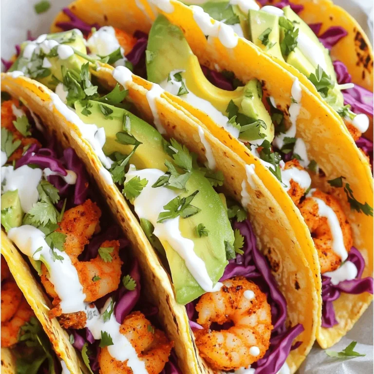 To make flavorful spicy Cajun shrimp tacos, gather the following main ingredients: - 1 lb large shrimp, peeled and deveined - 2 tablespoons Cajun seasoning - 2 tablespoons olive oil - 1 teaspoon garlic powder - 1 teaspoon onion powder - Juice of 1 lime - 8 small corn tortillas - 1 cup red cabbage, finely shredded - 1 avocado, sliced - 1/2 cup sour cream or Greek yogurt - Fresh cilantro, finely chopped (for garnish) - Salt and pepper to taste These ingredients create a flavor-packed dish. The shrimp bring a nice protein, while the spices add a kick. The tortillas hold everything together, and the toppings give texture. You can add extra toppings to customize your tacos. Here are some tasty ideas: - Diced tomatoes - Sliced jalapeños - Pickled red onions - Lime wedges - Crumbled feta or queso fresco You can also serve your tacos with sides like rice, beans, or a fresh salad. These can enhance your meal and add more flavor. To make cooking easier, use these tools: - Mixing bowl for marinating shrimp - Large skillet for cooking shrimp - Spatula for flipping shrimp - Tongs for assembling tacos - Knife and cutting board for slicing toppings Having the right tools can make cooking fun. They help you stay organized and prepare your dish quickly. For the full recipe, check out the detailed instructions and cooking tips. To start, gather your shrimp and spices. In a medium bowl, mix the shrimp with Cajun seasoning, garlic powder, onion powder, lime juice, olive oil, salt, and pepper. You want the shrimp to be fully coated in the marinade. This helps them soak in all the tasty flavors. Let the shrimp sit for about 10 minutes. This is key for good flavor. Next, heat a large skillet over medium-high heat. When the skillet is hot, add the marinated shrimp in a single layer. Cook the shrimp for 2-3 minutes on each side. They will turn pink and opaque when they are done. Be careful not to overcook them. Once done, remove the skillet from heat and set it aside. While the shrimp cooks, warm your corn tortillas. Use a dry skillet over medium heat. Warm each tortilla for about 30 seconds on each side. They should be soft and slightly toasty. Keep them warm by wrapping them in a clean kitchen towel. Now, it's time to build your tacos. Take a tortilla, add a scoop of shrimp, and top it with shredded red cabbage and avocado slices. Finally, drizzle on some sour cream or Greek yogurt and sprinkle cilantro on top for a fresh kick. Enjoy the bold flavors! When you pick shrimp, look for a few key signs. Choose shrimp that smells fresh, like the sea. They should be firm and have a shiny appearance. Avoid shrimp that feels mushy or looks dull. If possible, buy wild-caught shrimp. They tend to have better flavor than farmed shrimp. Marinating shrimp is simple and important. Use a bowl that is not metal, as it can react with the acid. Mix your Cajun seasoning, garlic powder, onion powder, lime juice, and olive oil together. Add the shrimp and toss well. Let the shrimp sit for about 10 minutes. This time helps the shrimp absorb the spices. Don’t marinate too long, or the shrimp can become tough. For great tortillas, choose small corn ones. Heating them is key. Use a dry skillet over medium heat. Warm each tortilla for about 30 seconds on both sides. This makes them soft and easy to fold. Keep them wrapped in a clean towel to stay warm. You can also use a slightly damp paper towel for extra softness. {{image_4}} If you want a meat-free option, try using jackfruit or mushrooms. Both options soak up flavors well. For jackfruit, shred it and cook with Cajun spices. For mushrooms, use large caps like portobello for a hearty feel. Both give you a nice texture and flavor. You can adjust the heat to your liking. For milder tacos, use less Cajun seasoning. You can also add a touch of honey or brown sugar to balance the heat. If you crave more spice, throw in some cayenne pepper or diced jalapeños. Tailoring spice levels makes it fun for everyone. Pair your tacos with fresh sides for a complete meal. A simple corn salad or black bean dish works great. For drinks, icy lemonade or a light beer complements the flavors well. You can also serve with chips and salsa for a fun snack. Enjoying these tacos is all about mixing and matching! After enjoying your spicy Cajun shrimp tacos, you may have some left. To keep them fresh, separate the shrimp and toppings from the tortillas. Place the shrimp and toppings in airtight containers. This helps avoid soggy tortillas. Store everything in the fridge for up to three days. When you're ready to eat, it's easy to reheat the shrimp. Heat a skillet over medium heat. Add the shrimp and cook for about two minutes, just until warm. You can also warm the tortillas. Place them on a dry skillet for about 30 seconds on each side. This way, your tacos taste fresh again! If you want to save tacos for later, freezing works well. Place the cooked shrimp in a freezer-safe container. Store for up to three months. Avoid freezing the tortillas. They can get hard or dry. When you want to eat them, thaw the shrimp in the fridge overnight. Reheat as described above for a quick meal. For the full recipe, visit the recipe section. If you can't use shrimp, try chicken or tofu. Chicken works great with the same spices. Use bite-sized pieces and cook them until they are done. Tofu is a good choice for a vegetarian option. Press the tofu to remove extra water, then cube it and marinate. Both options will soak up the Cajun flavor well. Yes, you can make these tacos gluten-free! Use corn tortillas, which are naturally gluten-free. Always check the package to ensure they state that they are gluten-free. For the marinade, make sure the Cajun seasoning has no gluten ingredients. Many brands are gluten-free, but it's always smart to check. To lower the spice level, use less Cajun seasoning. Start with one tablespoon instead of two. You can also add more lime juice to balance the heat. Adding a bit of sugar can help too. If you want more cooling, pile on the avocado and sour cream. These toppings will help tone down the heat. For the full recipe, check out the details above. This recipe is all about bold flavors and easy steps. You will love how simple it is to make spicy Cajun shrimp tacos. Let's dive into the ingredients you need to create this tasty dish. - 1 lb large shrimp, peeled and deveined - 2 tablespoons Cajun seasoning - 2 tablespoons olive oil - 1 teaspoon garlic powder - 1 teaspoon onion powder - Juice of 1 lime - 8 small corn tortillas - 1 cup red cabbage, finely shredded - 1 avocado, sliced - 1/2 cup sour cream or Greek yogurt - Fresh cilantro, finely chopped (for garnish) - Salt and pepper to taste You start by marinating the shrimp. In a bowl, mix the shrimp with Cajun seasoning, garlic powder, onion powder, lime juice, olive oil, salt, and pepper. Toss everything well so the shrimp gets full flavor. Let it sit for about 10 minutes. This step lets the shrimp soak in all those great spices. Next, you cook the shrimp. Heat a skillet over medium-high heat. When hot, add the shrimp in a single layer. Cook each side for 2-3 minutes. The shrimp should turn pink and opaque. Once cooked, remove them from the heat. While the shrimp cooks, warm the corn tortillas in a separate skillet. Heat them for about 30 seconds on each side. This makes them soft and ready to hold all that delicious filling. Now, it’s time to assemble! Place a tortilla on a plate. Add a generous scoop of the spicy shrimp in the center. Top it with shredded red cabbage and creamy avocado slices. For the finishing touch, drizzle sour cream or Greek yogurt over the top. Garnish with fresh cilantro for that extra pop of flavor. Serve these tacos warm, and enjoy every bite! If you're ready to make this dish at home, just follow the steps in the Full Recipe. In this post, we explored how to make tasty Spicy Cajun Shrimp Tacos. We covered the key ingredients, easy steps for cooking, and helpful tips. We also shared fun variations and smart storage ideas. These tacos can fit anyone's taste, whether you want spice or a milder flavor. Remember, cooking is all about fun and creativity. Try these tacos for a delicious meal! Enjoy your cooking journey!