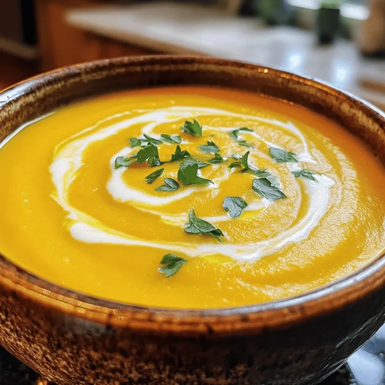 To make this roasted butternut squash soup, you'll need the following items: - 1 medium butternut squash (about 2 pounds), peeled and diced into 1-inch cubes - 2 tablespoons extra virgin olive oil - 1 medium yellow onion, finely chopped - 3 cloves fresh garlic, minced - 2 cups vegetable broth (low-sodium preferred) - 1 cup full-fat coconut milk - 1 teaspoon ground nutmeg - 1 teaspoon ground cinnamon - Salt and freshly ground black pepper, to taste - Fresh parsley or thyme sprigs for garnish If you don't have some ingredients, don't worry! Here are some easy swaps: - Instead of olive oil, you can use avocado oil or melted butter. - If you want to skip coconut milk, use heavy cream or almond milk. - For the broth, chicken broth works well if you eat meat. - If you lack nutmeg, ground ginger or allspice can add a nice touch. - You can swap the onion for shallots or leeks for a milder taste. When selecting butternut squash, look for these signs of freshness: - Choose squash that feels heavy for its size. - Check for a smooth, tan skin without soft spots or blemishes. - The stem should be dry and firm, not mushy. - Look for a squash that has a dull finish instead of shiny skin. - If you can, smell it! A sweet aroma signals ripeness. With these tips, you'll pick the best squash for your soup. Enjoy creating a warm, creamy dish that is perfect for any season! For the full recipe, check out the detailed steps. Follow these steps to make your soup extra yummy. Start by preheating your oven to 400°F (200°C). This helps the squash cook just right. Next, take a bowl and mix the diced butternut squash with one tablespoon of olive oil. Add salt and black pepper to taste. Toss it well so every piece is coated. Spread the squash on a baking sheet in one layer. Roast them for 25-30 minutes, stirring halfway. This gives them a nice caramelized look. While the squash roasts, heat the rest of the olive oil in a large pot over medium heat. Add the chopped onion and cook for about five minutes. You want the onion to be soft and see-through. Then add the minced garlic. Cook it for just one more minute, mixing well until it smells great. When the squash is done, add it to the pot with the onions and garlic. Pour in two cups of vegetable broth and mix it all up. Bring this to a gentle boil. After that, turn down the heat to low and let it simmer for ten minutes. This is when the flavors blend together nicely. Roasting butternut squash is key to getting that sweet, rich flavor. Make sure to cut the squash into even 1-inch cubes. This helps them cook evenly. Don't crowd the baking sheet; give them space. If they are too close, they will steam instead of roast. Stir the cubes halfway through to ensure they get that golden brown color. This caramelization adds depth to your soup. To make the soup creamy, blending is essential. You can use an immersion blender right in the pot for ease. If you don't have one, use a countertop blender. Just remember to let the soup cool a bit before you blend it in batches. This prevents splatters. Once blended, return the soup to the pot and stir in the coconut milk. This adds a lovely creaminess. Adjust the seasoning with salt and pepper to your liking. Heat gently, and your soup is ready to serve! For more details on this recipe, check out the Full Recipe. To boost the flavor of your roasted butternut squash soup, use fresh herbs. Thyme and rosemary bring a lovely taste. Adding a splash of balsamic vinegar can deepen the flavor. You might also try a squeeze of lemon juice for a bright finish. For warmth, include a pinch of cayenne pepper. This spice adds subtle heat without overwhelming the soup. Roasting squash enhances its sweetness and flavor. Cut the squash into even pieces. This helps it cook uniformly. Don't overcrowd the baking sheet; give each piece space. Stir halfway through roasting. This action ensures even browning and caramelization. Use a high-quality olive oil for the best taste. If your soup is too thick, add more vegetable broth. Stir in small amounts until it reaches your desired consistency. For extra creaminess, blend in more coconut milk. If you prefer a lighter soup, use less coconut milk or experiment with almond milk. Always taste and adjust the seasoning before serving. For the full recipe, check the complete instructions provided. {{image_4}} You can easily make this soup vegan. Just use vegetable broth and coconut milk. Both keep the soup creamy and rich. To make it gluten-free, be sure to check that your vegetable broth is gluten-free. Most store-bought options are, but it's always good to look at the label. If you like some heat, add red pepper flakes or diced jalapeños while cooking. This will give your soup a nice kick. For a herbed flavor, mix in fresh herbs like basil or rosemary at the end. They add brightness to the dish. You can also use curry powder for a warm, exotic twist. Garnishes make a big difference in presentation. Top your soup with a drizzle of coconut milk for creaminess. Add fresh parsley or thyme for color and flavor. You can serve the soup with crusty bread or a fresh salad. These pair well and make for a complete meal. For the full recipe, check out the complete list of instructions and ingredients. After enjoying your roasted butternut squash soup, you may have some left. To store leftovers, let the soup cool completely. Transfer it to an airtight container. Make sure to seal it tightly. You can keep it in the fridge for about three to five days. If you want to enjoy it later, freezing is a great option. To freeze the soup, pour it into freezer-safe containers. Leave some space at the top since the soup expands when frozen. Label the containers with the date, so you remember when you made it. The soup can last up to three months in the freezer. When you are ready to eat, thaw the soup overnight in the fridge. Reheat it in a pot on medium heat until warm. Stir it often to keep it smooth and creamy. You can also use a microwave, but be careful not to overheat it. The shelf life of roasted butternut squash soup depends on how you store it. In the fridge, it lasts about three to five days. If you freeze it, aim for three months for the best flavor. Always check for signs of spoilage before eating. If the soup smells off or has an unusual color, it is best to discard it. Safety is key when storing food, so always use clean containers and keep them sealed. Enjoy your delicious soup safely! Roasted butternut squash soup is a warm and tasty dish. It’s smooth, creamy, and perfect for chilly days. Here are some common questions I often hear: What is the best way to serve this soup? I love serving it warm in bowls. A sprinkle of fresh herbs on top adds color and flavor. You can also pair it with crusty bread or a light salad. Can I make this soup ahead of time? Yes! This soup tastes even better the next day. Just store it in the fridge and reheat it before serving. How long does it last in the fridge? This soup can stay fresh in the fridge for about 4 to 5 days. Make sure to store it in an airtight container. Sometimes things don’t go as planned. Here are some tips to fix common issues: My soup is too thick. What should I do? If your soup is too thick, add more vegetable broth or coconut milk. Stir it in slowly until you reach your desired consistency. The soup tastes bland. How can I fix this? Taste your soup! If it needs more flavor, add salt, black pepper, or a pinch of spices. A squeeze of lemon juice can also brighten the taste. Why is my soup not creamy? For a creamy texture, blend the soup well. If you still find it lumpy, blend it again until smooth. Roasted butternut squash soup brings many health benefits. Here’s a quick look: - Low in calories: It’s a great choice for a healthy meal. - Rich in vitamins: Butternut squash has high amounts of vitamins A and C. These vitamins support your immune system and skin health. - High in fiber: This soup helps with digestion and keeps you full longer. - Dairy-free option: Using coconut milk makes it a great choice for those who are lactose intolerant. For the full recipe, check out the details above and start cooking this delightful dish! In this blog post, we explored the key ingredients, cooking steps, and tips for great butternut squash soup. I shared how to choose fresh squash and offered substitutions for ingredients. The roasting methods I outlined help achieve the perfect texture. Consider variations to fit dietary needs and enhance flavors. Lastly, I provided essential storage tips to keep your soup fresh. Enjoy making this soup, and experiment with different flavors! It’s a delicious dish that you can easily adapt to your taste.