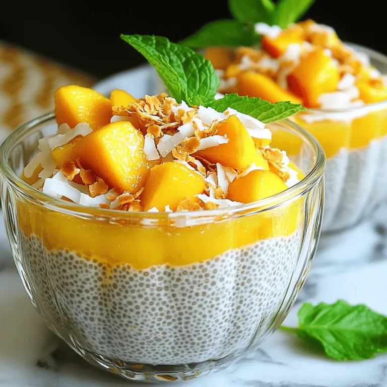 - 1 cup canned coconut milk - 1/2 cup almond milk (or any plant-based milk of your choice) - 1/4 cup chia seeds - 2 tablespoons maple syrup (adjust according to your preferred sweetness level) - 1 teaspoon pure vanilla extract - 1 large ripe peach, diced into small cubes - 2 tablespoons toasted coconut flakes (for a crunchy topping) - Fresh mint leaves (for a vibrant garnish) Creating this Peach and Coconut Chia Pudding starts with simple yet rich ingredients. The coconut milk brings creaminess, while almond milk adds a subtle nutty flavor. Chia seeds are the star, soaking up liquid and forming a delightful pudding texture. Sweetness comes from maple syrup, which can be adjusted to fit your taste. A splash of vanilla extract enhances the overall flavor, giving it a warm, inviting touch. For the fruity element, fresh peach adds sweetness and color. Finally, toasted coconut flakes provide a satisfying crunch, and fresh mint leaves offer a pop of brightness. This combination of ingredients not only makes the pudding tasty but also packed with nutrition, making it a great choice for breakfast or dessert. You can find the full recipe above to guide you through the steps. Start by combining the coconut milk and almond milk in a medium bowl. Add the chia seeds, maple syrup, and vanilla extract. Mix these well. I use a whisk to ensure all ingredients blend evenly. The chia seeds should spread throughout the mixture. Let it rest for about 5-10 minutes. This step allows the chia seeds to soak up the liquid. After the wait, give it another stir to prevent clumping. Next, cover the bowl with plastic wrap or a lid. Place it in the refrigerator. Chill the mixture for at least 4 hours. For best results, overnight chilling is ideal. This waiting period is key. It helps the chia seeds swell and turn the mix into a creamy pudding. If you're short on time, try to let it chill for the full duration. When you’re ready to serve, take the pudding out of the fridge. Stir it again to mix it well. If it feels too thick, add a bit more almond milk until it’s just right. Now, carefully spoon the pudding into four bowls. Make sure each bowl has an equal amount. Top each pudding with the diced peach and a sprinkle of toasted coconut flakes. This adds a nice crunch. For a fresh touch, finish with mint leaves on top. This makes the dish look and taste amazing. You can also layer the pudding in glasses for a fun twist. Check out the Full Recipe for more details! You can change the sweetness of your chia pudding easily. Start with two tablespoons of maple syrup. If you want it sweeter, add more syrup, one teaspoon at a time. If you prefer less sugar, use one tablespoon instead. For a low-calorie option, try stevia or monk fruit sweetener. Both work well with this recipe. Sometimes, your pudding may be too thick. If this happens, add a bit of almond milk and stir well. If it’s too thin, let it sit longer in the fridge. Chia seeds need time to soak up the liquid. Always stir before serving to mix everything nicely. This helps to ensure an even texture. Make your chia pudding look amazing! Use clear glasses to show off the layers. Top each serving with diced peaches and toasted coconut flakes. You can also add fresh mint leaves for a pop of color. These little touches make your pudding not just tasty but pretty, too. {{image_4}} You can add fun flavors to your chia pudding. Try using different fruits like mango or berries. These fruits bring sweetness and a new taste. If you want to spice things up, add a pinch of cinnamon or nutmeg. They give warmth and depth to the dish. Mixing up flavors keeps your meals exciting! Not everyone can enjoy nuts or certain sweeteners. If you need a nut-free option, swap almond milk for oat or soy milk. Maple syrup is a great sweetener, but you can also try agave or date syrup. These alternatives work well for many diets. You can still enjoy this pudding without worry! Chia pudding doesn’t have to be sweet. You can make it savory, too! Use vegetable broth instead of milk for a unique twist. Add herbs like basil or dill for extra flavor. You can mix in cooked spinach or diced tomatoes. This savory chia pudding makes a great side dish or snack. Store your peach and coconut chia pudding in an airtight container. Place it in the refrigerator right after you make it. This keeps the pudding fresh and tasty. You can enjoy it for breakfast or a snack later! If you have leftovers, try to eat them within three to four days. To keep the texture nice, avoid adding fresh fruit until you serve it. Can you freeze chia pudding? Yes, you can! To freeze it, pour the pudding into a freezer-safe container. Leave some space at the top for expansion. When you want to eat it, move it to the fridge to thaw overnight. You can also microwave it for a quick thaw, but it may change the texture a bit. The prepared pudding lasts about five days in the fridge. After that, it might lose flavor or texture. Check for signs of spoilage, like an off smell or a watery layer on top. If you see these signs, it's best to toss it. Enjoy your peach and coconut chia pudding while it’s fresh for the best taste! For the complete recipe, check out the Full Recipe section. Chia pudding is a creamy dessert made from chia seeds soaked in liquid. When you mix chia seeds with milk, they absorb the liquid and swell, forming a gel-like texture. It is tasty and can be flavored with fruits, sweeteners, or spices. Chia seeds are rich in fiber, protein, and omega-3 fatty acids. They help keep you full and support digestion. Yes, you can use many fruits in chia pudding. Some great options include: - Mango - Berries (strawberries, blueberries, raspberries) - Bananas - Pineapple - Kiwi These fruits not only add flavor but also bring extra nutrients to your pudding. Chia pudding offers several health benefits. Chia seeds are packed with fiber, which aids digestion. They also contain protein and healthy fats, making them a great choice for breakfast or a snack. The coconut milk and almond milk used in this recipe add creaminess without too many calories. Fresh fruits like peaches add vitamins and natural sweetness, making chia pudding a nutritious option. Enjoy it as part of a balanced diet to feel your best! In this post, we explored chia pudding, focusing on ingredients, preparation, and variations. You can use canned coconut milk and almond milk as your base. Chia seeds, fresh peach, and toppings create a tasty treat. I shared tips for adjusting sweetness and achieving the right texture. You can also adapt recipes for different diets or even go savory. Remember to store leftovers properly to maintain freshness. Chia pudding is not only delicious, but it's also packed with nutrition. Try out these ideas and enjoy making your own unique versions!