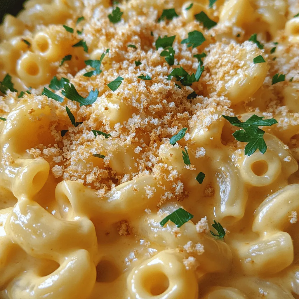 - 8 ounces elbow macaroni - 2 cups whole milk - 1 cup shredded sharp cheddar cheese - 1 cup shredded mozzarella cheese - 1/2 cup cream cheese, softened For the best stovetop mac and cheese, start with these main ingredients. The elbow macaroni holds the creamy sauce well. Whole milk gives it a rich taste. Sharp cheddar and mozzarella blend for a smooth, melty texture. Cream cheese makes it extra creamy, creating that dreamy mouthfeel. - 1/4 cup grated Parmesan cheese - 2 tablespoons unsalted butter - 1 tablespoon all-purpose flour - 1 teaspoon garlic powder - 1 teaspoon onion powder - Salt and pepper to taste - 1/4 teaspoon cayenne pepper (optional) These additional flavors boost the dish. Parmesan adds a salty kick. Butter and flour help create a thick sauce. Garlic and onion powders give depth to the flavor. Adjust salt and pepper to match your taste. If you like a little heat, cayenne pepper adds just the right touch. - 1/2 cup breadcrumbs (optional for a crunchy topping) If you enjoy a crunchy topping, breadcrumbs are perfect. They add texture and contrast to the creamy sauce. You can sprinkle them on before baking for a golden finish. This extra step makes the dish even more special. For the full experience, check out the Full Recipe and enjoy crafting this delightful dish! 1. Bring a large pot of salted water to a rolling boil. 2. Add the elbow macaroni and cook it for 7-8 minutes, or until al dente. 3. Drain the pasta well and set it aside. 1. In the same pot, melt 2 tablespoons of unsalted butter over medium heat. 2. Sprinkle in 1 tablespoon of all-purpose flour and whisk for 1-2 minutes to make a roux. 3. Gradually pour in 2 cups of whole milk while whisking to avoid lumps. 4. Cook this mixture for 3-5 minutes until it thickens slightly. 5. Lower the heat and add 1/2 cup of softened cream cheese, 1 cup of shredded sharp cheddar, 1 cup of shredded mozzarella, and 1/4 cup of grated Parmesan cheese. 6. Stir until all the cheese has melted and the sauce is smooth. 1. Season the cheese sauce with 1 teaspoon of garlic powder, 1 teaspoon of onion powder, and salt and pepper to taste. 2. Mix in the cooked pasta and stir until every piece is coated in cheese sauce. 3. Optional: For a crunchy topping, preheat the oven to 350°F (175°C). Transfer the mac and cheese to a baking dish and sprinkle 1/2 cup of breadcrumbs on top. Bake for 15-20 minutes until golden. For a full recipe, check out the details above. Enjoy your creamy stovetop mac and cheese! To get the creamiest mac and cheese, keep your heat low when melting cheese. High heat can make cheese grainy and tough. A gentle heat helps it melt smoothly. Start by adding milk slowly. This makes sure it mixes well with the cheese. If you pour in too fast, lumps can form. Stir constantly to keep the sauce smooth and creamy. Spices and herbs can really boost the taste. I often add garlic powder and onion powder. They add depth without overpowering the cheese. You can also try a pinch of cayenne pepper for heat. The key is to adjust seasoning to your liking. Taste as you go, and make it yours! Serving mac and cheese is all about the look. Use individual bowls for a nice touch. A sprinkle of fresh parsley adds color and freshness. For a special finish, drizzle a little olive oil on top. This gives shine and richness to your dish. Remember, we eat with our eyes first! {{image_4}} You can play with different cheeses. Try mixing sharp cheddar with gouda for a rich flavor. If you like a little bite, add blue cheese. Just remember, blue cheese has a strong taste. A little goes a long way. For a creamy twist, use cream cheese along with your favorite cheeses. This adds richness and smoothness to the dish. If you need gluten-free options, use gluten-free pasta. Many brands make great alternatives. You won't lose any flavor. For those who avoid dairy, try nut-based cheese. It melts well and gives that cheesy taste. You can find these options in most stores now. To make your mac and cheese heartier, add proteins. Cooked bacon or ham gives a smoky flavor. You can also add cooked chicken for a filling meal. For veggies, consider spinach or broccoli. They add color and nutrients. Just steam or sauté them before mixing in. This step keeps the veggies bright and tasty. For the full recipe, check out the details above. To keep your creamy stovetop mac and cheese fresh, store it in an airtight container. Make sure to let it cool before sealing. This helps prevent moisture buildup. You can keep it in the fridge for up to three days. If you want it to last longer, consider freezing it. When reheating, avoid the microwave if possible. Instead, heat it in a saucepan over low heat. Add a splash of milk while stirring. This helps revive the creamy texture. For an extra flavor boost, sprinkle in a dash of garlic powder or onion powder. This can make your mac and cheese taste fresh again. To freeze your mac and cheese, let it cool completely. Then, place it in a freezer-safe container. You can freeze it for up to three months. When you’re ready to eat it, thaw it overnight in the fridge. Reheat it slowly on the stove. Add a bit of milk to help restore its creaminess. This way, the texture stays nice and smooth. Enjoy your creamy delight anytime! For the full recipe, check out the details. Homemade mac and cheese lasts about three to five days in the fridge. Store it in an airtight container to keep it fresh. Make sure it cools down before you put it away. This helps keep the taste great and the texture intact. Yes, you can make mac and cheese ahead of time! Cook the pasta and prepare the cheese sauce as usual. Let it cool, then store it in the fridge. When you’re ready to eat, reheat it on the stove. Add a splash of milk for creaminess. Stovetop mac and cheese pairs well with many sides. Here are some ideas: - Steamed broccoli - Garlic bread - Garden salad - Roasted vegetables - Grilled chicken These sides add color and flavor to your meal, making it more balanced. You can use skim milk, but it may not be as creamy. Whole milk has more fat, which helps make the sauce rich and smooth. If you want a lighter version, try adding a bit of cream cheese. This still gives you that creamy texture. Creamy stovetop mac and cheese is easy to make with simple ingredients. We covered the main components like elbow macaroni, whole milk, and various cheeses. You learned how to create a smooth cheese sauce and combine it with pasta. I shared tips for perfect texture and flavor, plus ways to tweak and store your dish. This classic meal can adapt to your tastes and stands out for any occasion. Enjoy crafting your mac and cheese masterpiece, tailored just for you!