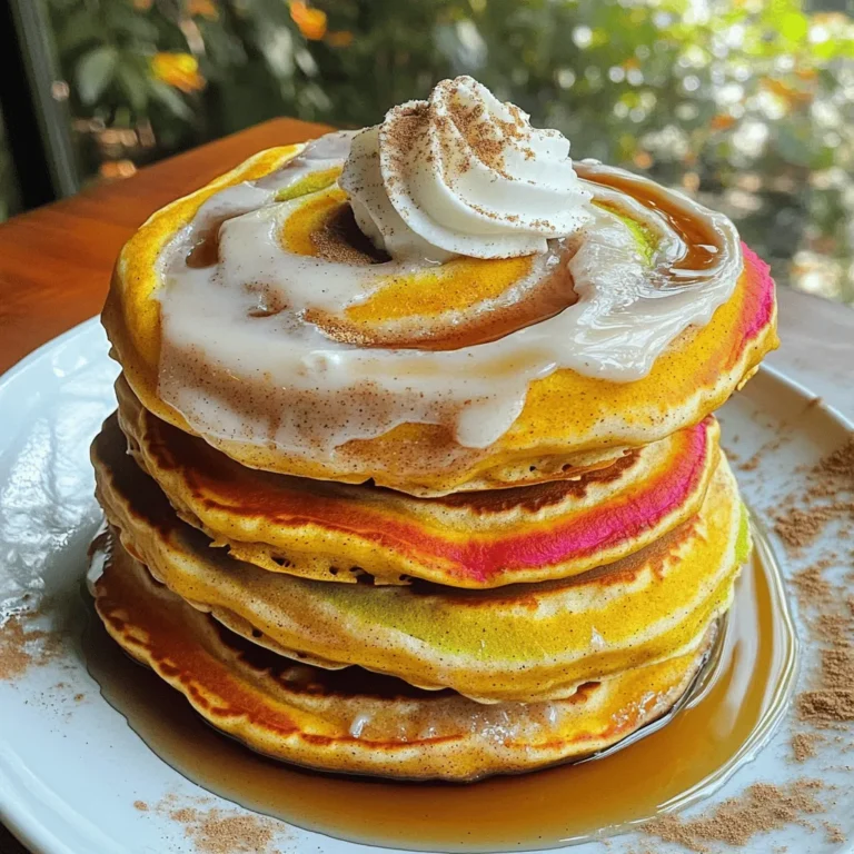 To make these tasty pancakes, you need the following items: - 1 cup all-purpose flour - 2 tablespoons brown sugar - 1 teaspoon baking powder - 1 teaspoon baking soda - 1 teaspoon ground cinnamon - 1/2 teaspoon ground nutmeg - 1/2 teaspoon ground ginger - 1/4 teaspoon salt - 1/2 cup canned pumpkin puree - 1 cup buttermilk (or 1 cup milk with a splash of vinegar) - 1 large egg - 2 tablespoons melted butter These ingredients make a rich, spiced batter that bursts with flavor. The pumpkin puree gives the pancakes a soft texture and a lovely color. The spices bring warmth and depth, perfect for cozy mornings. To make the delightful cinnamon swirl, gather these ingredients: - 2 tablespoons softened butter - 1/4 cup brown sugar - 1 tablespoon ground cinnamon This swirl adds a sweet, gooey touch. It creates that classic cinnamon roll flavor. When you drizzle it on the pancake batter, it makes a beautiful pattern. For the creamy glaze, you will need: - 4 oz cream cheese, softened - 1/2 cup powdered sugar - 2 tablespoons milk - 1/2 teaspoon vanilla extract This glaze brings everything together. It adds a sweet, tangy finish that complements the warm spices perfectly. You can adjust the glaze's thickness with more or less milk. For the full recipe, be sure to check out the detailed instructions provided. Enjoy making these delicious pancakes! To start, gather your ingredients. You need flour, brown sugar, baking powder, baking soda, cinnamon, nutmeg, ginger, salt, pumpkin puree, buttermilk, an egg, and melted butter. In a large bowl, mix the flour, brown sugar, baking powder, baking soda, cinnamon, nutmeg, ginger, and salt. Whisk them well to combine. In another bowl, blend the pumpkin puree, buttermilk, egg, and melted butter until smooth. Now, slowly add the wet mix to the dry mix. Stir gently, leaving a few lumps. This keeps the pancakes fluffy. For the cinnamon swirl, you need butter, brown sugar, and cinnamon. Take a small bowl and mix softened butter, brown sugar, and cinnamon until it forms a smooth paste. This will create that delicious, sweet spiral in your pancakes. Set it aside for later. Next, heat a non-stick skillet or griddle over medium heat. Lightly grease it with butter or cooking spray. Pour about 1/4 cup of pancake batter onto the hot surface. Quickly drizzle about one teaspoon of the cinnamon swirl on top. Use a toothpick or knife to swirl the mixture into the batter. Cook until you see bubbles and the edges look set, about 2-3 minutes. Flip the pancake and cook for another 2-3 minutes until golden brown. Repeat with the rest of the batter. Don’t forget to check the Full Recipe for all the details! To make your pancakes fluffy, use fresh baking powder and baking soda. These ingredients help the batter rise. Mix the wet and dry ingredients separately first. Combine them gently to avoid overmixing. Lumps in the batter are okay; they help keep the pancakes soft. For a great cinnamon swirl, mix softened butter with brown sugar and cinnamon. The mixture should be smooth but thick. Drizzle this swirl onto the pancake batter right after pouring it onto the skillet. Use a toothpick to gently swirl the mixture in. This creates beautiful patterns. Presentation is key for these pancakes. Stack them high on a plate for a stunning look. Drizzle the cream cheese glaze generously on top. A sprinkle of cinnamon adds a nice touch. Serve with maple syrup and whipped cream on the side for extra flavor. Enjoy the warm, cozy vibe these pancakes bring! {{image_4}} You can easily make these pancakes gluten-free. Just swap the all-purpose flour with a gluten-free blend. Many brands fit well in this recipe. Make sure your baking powder is also gluten-free. This way, everyone can enjoy these tasty treats without worry. To make these pancakes vegan, use plant-based milk instead of buttermilk. You can use almond, soy, or oat milk. Replace the large egg with a flax egg. Mix one tablespoon of flaxseed meal with three tablespoons of water. Let it sit for five minutes to thicken. Lastly, swap butter for coconut oil or a vegan butter. Feel free to get creative! Add chocolate chips to the batter for a sweet twist. Nuts like pecans or walnuts can add a nice crunch. You can also mix in dried fruits like cranberries for a burst of flavor. For toppings, try fresh fruit, whipped cream, or even a sprinkle of nuts for extra texture. Don’t forget to drizzle with maple syrup for a classic touch. You can check out the Full Recipe to explore more ideas! To store leftover pancakes, let them cool first. Place them in an airtight container. You can stack them, but use parchment paper between layers. This keeps them from sticking together. Store pancakes in the fridge for up to three days. When you're ready to enjoy those pancakes again, you have options! The quickest way is to use the microwave. Place pancakes on a plate and cover them with a damp paper towel. Heat for about 20-30 seconds. If you want them crisp, use the toaster or an oven. Preheat your oven to 350°F (175°C). Heat pancakes for about 5-10 minutes until warm. Freezing pancakes is easy and a great way to save them! First, let the pancakes cool completely. Then, place parchment paper between each pancake and stack them. Wrap the stack in plastic wrap or foil, then place it in a freezer bag. Press out as much air as possible before sealing. You can freeze them for up to three months. When you're ready to eat, just thaw them in the fridge overnight or heat them straight from the freezer. Enjoy your tasty Pumpkin Spice Cinnamon Roll Pancakes anytime! For the full recipe, check out the details above. Yes, you can use fresh pumpkin. Just cook and mash it first. Fresh pumpkin can give a brighter flavor. Make sure to remove excess moisture. This keeps your pancakes fluffy. To thicken the glaze, add more powdered sugar. Start with a tablespoon at a time. Mix well after each addition. You can also use less milk if you want a thicker texture. You can add spices like allspice or cloves. These spices add warmth and depth. A pinch of cardamom can also enhance the flavor profile. Experiment to find your perfect blend. Yes, you can prepare the batter ahead of time. Store it in the fridge for up to 24 hours. Just give it a gentle stir before cooking. This saves time on busy mornings. For the full recipe, check out the complete guide. These pumpkin spice cinnamon roll pancakes bring joy to breakfast. We covered key ingredients, including the rich cream cheese glaze. You learned step-by-step how to create fluffy pancakes with a perfect swirl. I shared tips to make them even better and fun variations to try. In conclusion, enjoy making these tasty pancakes. They’re a warm treat for any day. With some simple swaps, you can personalize your pancakes, too. Happy cooking!