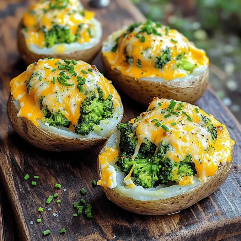 - 4 large russet potatoes - 2 cups fresh broccoli florets, steamed to perfection - 1 cup sharp shredded cheddar cheese - 1/2 cup cream cheese, softened at room temperature To make cheesy broccoli stuffed potatoes, you need the right main ingredients. Start with large russet potatoes. These potatoes have thick skins and a fluffy inside. They hold the filling well. Next, grab fresh broccoli florets. Steaming them keeps their bright color and nutrients. For the cheesy goodness, use sharp cheddar cheese. It adds a bold flavor. Cream cheese makes the filling rich and creamy. Mixing these ingredients creates a tasty filling. - 1/4 cup sour cream for creaminess - 2 tablespoons unsalted butter, melted - 1 teaspoon garlic powder for flavor - Salt and freshly cracked black pepper to taste - Fresh chopped chives for an eye-catching garnish Seasonings enhance the flavors of your dish. Sour cream adds a nice creaminess. Melted butter gives richness to the filling. Garlic powder brings a warm, savory taste. Don't forget salt and pepper. They balance all the flavors perfectly. For a lovely garnish, use fresh chives. They add color and a mild onion taste. This combination of seasonings makes your cheesy broccoli stuffed potatoes even more delightful. For the full recipe, check [Full Recipe]. To start, you need to preheat your oven to 400°F (200°C). This helps ensure your potatoes bake evenly. Next, wash and scrub the russet potatoes to remove dirt. Use a fork to prick each potato 6-8 times. This allows steam to escape while baking. Place the potatoes on a baking sheet and bake them for 45-60 minutes. They should feel soft when you poke them with a fork. While your potatoes bake, it’s time to prepare the broccoli. Steam the fresh broccoli florets in a steamer basket over boiling water. This should take about 5-7 minutes. You want the broccoli to be bright green and tender. After steaming, set it aside to cool. In a large bowl, mix the steamed broccoli with shredded cheddar cheese, softened cream cheese, sour cream, melted butter, garlic powder, salt, and pepper. Stir until everything is creamy and well combined. Once your potatoes are done baking, take them out and let them cool for about 5 minutes. Cut each potato in half lengthwise. Scoop out some of the potato flesh, but leave a thin border for strength. Take the scooped potato and mix it into the cheesy broccoli filling. Stir until it is well blended. Now, spoon this mixture back into the potato skins. Make sure to pile it high for a nice look. Place the stuffed potatoes back on the baking sheet and return them to the oven. Bake for 15-20 minutes, or until the tops are golden and bubbly. Once they are ready, let them cool slightly before serving. You can find the full recipe for even more details on how to make this dish! To achieve a creamy consistency in your Cheesy Broccoli Stuffed Potatoes, you need the right balance of ingredients. Here’s how: - Use soft cheeses: Cream cheese and sour cream create a smooth mix. They help blend well with the broccoli. - Don’t overcook the broccoli: Steam it just until tender. Overcooking makes it mushy. - Mix well: Stir the cheese and broccoli together thoroughly. This way, every bite will be creamy. Ensuring the potatoes are fully cooked is crucial for best results. Here’s how to check: - Baking time: Bake russet potatoes for 45-60 minutes. They should feel soft when pierced. - Test for doneness: Use a fork to poke the potatoes. They should yield easily without resistance. You can add extra flavors to make your dish unique. Here are some ideas: - Bacon bits: Add crispy bacon for a salty crunch. It pairs well with broccoli. - Fresh herbs: Chopped chives or parsley can brighten the dish. They add a fresh taste. Adjusting spices can also elevate your stuffed potatoes. Here are some suggestions: - Garlic powder: Add more if you love garlic. It enhances the overall flavor. - Spice it up: A pinch of red pepper flakes gives a nice kick. For more details, check the Full Recipe. {{image_4}} You can switch up the cheese in your Cheesy Broccoli Stuffed Potatoes. Use different blends to create new flavors. For a milder taste, try using mozzarella or Monterey Jack. If you want a stronger flavor, go for Gouda or blue cheese. Mixing cheeses adds a fun twist to this dish! If you need a dairy-free option, try vegan cheese. Many brands offer tasty dairy-free cheese that melts well. You could also use nutritional yeast for a cheesy flavor without dairy. This keeps your dish creamy and delicious. Want to make your stuffed potatoes more filling? Add proteins! You can mix in cooked chicken or turkey. Shredded rotisserie chicken works great and saves time. For a vegetarian option, consider black beans or lentils. They add protein and make the dish hearty. If you love seafood, shrimp or crab can be exciting additions. Cook the seafood first, then fold it into the cheese and broccoli mix. This adds a unique flavor that makes your stuffed potatoes special. To store leftovers safely, let the stuffed potatoes cool to room temperature. Place them in an airtight container. You can keep them in the fridge for up to three days. When reheating, preheat your oven to 350°F (175°C). Place the stuffed potatoes on a baking sheet. Cover them with foil to prevent drying. Heat for about 15-20 minutes, or until they are hot throughout. This method helps keep them creamy and delicious. You can freeze stuffed potatoes for later use. First, let them cool completely after baking. Wrap each potato tightly in plastic wrap. Then, place them in a freezer bag or container. They can last up to three months in the freezer. When you want to enjoy them, take the potatoes out of the freezer. Let them thaw in the fridge overnight. Then, bake them in a preheated oven at 350°F (175°C) for about 30-40 minutes. Make sure they are hot inside before serving. This way, you can savor a tasty meal anytime. For the full recipe, check out the detailed steps included above. Cheesy broccoli stuffed potatoes are baked russet potatoes filled with a creamy mix of broccoli and cheese. The dish is hearty and comforting. You can serve them as a side or a main dish. They are perfect for family dinners or casual get-togethers. Kids and adults love this meal, making it a family favorite. To make these stuffed potatoes healthier, you can reduce calories by using low-fat cheese. You can also swap sour cream for Greek yogurt. This keeps the creaminess but cuts fat. Try using less butter or replacing it with olive oil for a healthier fat option. Fresh herbs can add flavor without extra calories. Yes, you can prepare cheesy broccoli stuffed potatoes ahead of time. After filling the potatoes, cover them and store them in the fridge for up to two days. When you are ready to eat, reheat them in the oven at 350°F (175°C) for about 20-25 minutes. Make sure they are warmed through before serving. In this post, we explored how to make Cheesy Broccoli Stuffed Potatoes. You learned about the key ingredients and the step-by-step process. I also shared tips and variations to make it your own. Remember, you can adjust flavors and textures to fit your taste. These stuffed potatoes are easy to prepare and perfect for any meal. Enjoy making them, and share your creations with friends and family!