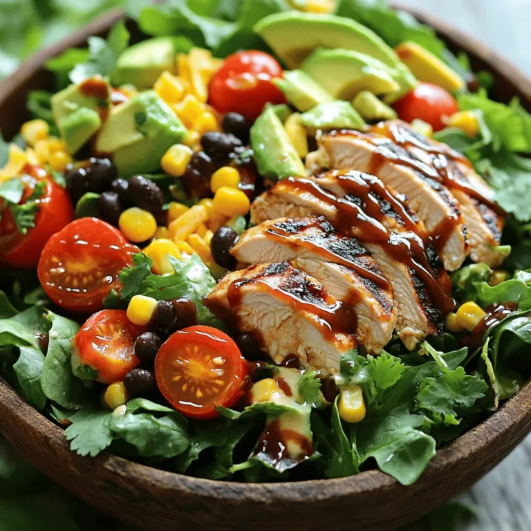 - 2 grilled chicken breasts, sliced into strips - 4 cups mixed salad greens (romaine, spinach, and arugula for texture) - 1 cup cherry tomatoes, halved for sweetness - 1 cup corn kernels (freshly cooked or canned, drained) - 1/2 cup black beans, rinsed and drained for protein - 1/2 cup shredded sharp cheddar cheese for flavor - 1/4 cup red onion, sliced for a bite - 1 ripe avocado, diced for creaminess - 1/2 cup BBQ sauce (choose your favorite style) - 1/4 cup ranch dressing for a cool finish - Salt and pepper to taste - Fresh cilantro for garnish (optional, adds color) - Additional toppings like avocado or tortilla strips for crunch When I create BBQ Ranch Chicken Salad, I focus on fresh, vibrant flavors. Grilled chicken adds heartiness, while mixed greens bring a crispy base. Cherry tomatoes and corn brighten the salad, giving a sweet pop in each bite. Black beans pack protein, and cheddar cheese adds richness. I love using BBQ sauce that reflects my taste. Whether I prefer tangy or sweet, this choice makes the salad personal. The ranch dressing cools the dish, balancing the smoky notes of the BBQ. For optional enhancements, I often sprinkle fresh cilantro on top. It adds a burst of flavor and looks great. If I want more texture, I toss in diced avocado or crispy tortilla strips. These little touches make the dish even more enjoyable. You can find the full recipe for this delightful salad, which combines all these elements beautifully. 1. Preheat your grill to medium heat. This step ensures your chicken cooks evenly and gets those nice grill marks. 2. Grill the chicken breasts for about 6-7 minutes on each side. Look for a nice brown color and ensure they are cooked through. 3. Once cooked, allow the chicken to rest for a few minutes. This keeps the juices inside, making the chicken tender. After resting, slice the chicken into strips. 1. In a large bowl, combine the salad ingredients. Add the mixed salad greens, cherry tomatoes, corn, black beans, shredded cheddar cheese, red onion, and diced avocado. 2. Toss the ingredients gently. Be careful not to mash the avocado; we want it to keep its shape. 3. Arrange the sliced grilled chicken on top of the salad. This adds a nice visual appeal to your dish. 4. Drizzle the BBQ sauce evenly over the chicken and salad. Follow it with a drizzle of ranch dressing for a creamy finish. 1. Carefully toss all the ingredients together. Make sure everything gets coated with the BBQ and ranch dressings. 2. Season the salad with salt and pepper to taste. This small step enhances all the flavors. 3. Serve the salad immediately. This keeps it fresh and crisp. If you like, add fresh cilantro on top for extra color and flavor. To achieve juicy chicken, start by preheating your grill to medium heat. This helps cook the chicken evenly. Grill the chicken breasts for about 6-7 minutes on each side. To check for doneness, use a meat thermometer. The internal temperature should reach 165°F (75°C). Once cooked, let the chicken rest for a few minutes. This step keeps it tender and flavorful. For those perfect grill marks, oil the grill grates before cooking. This helps prevent sticking. Place the chicken on the grill at a 45-degree angle for nice marks. Flip the chicken once, and don’t press down on it. This preserves the juices. You can customize your BBQ Ranch Chicken Salad by adding seasonal vegetables. Think about using fresh bell peppers, cucumbers, or even roasted corn. These additions add color and crunch. Feel free to swap out the mixed salad greens too. Try kale or baby spinach for a different taste. Enhancing flavor profiles is easy. You can add spicy elements like jalapeños or a sprinkle of red pepper flakes. If you prefer a sweeter touch, diced fruits like apples or mango work great. They balance the savory flavors nicely. For serving suggestions, consider a large bowl for family-style meals. This looks inviting and encourages sharing. You can also use individual bowls for a personal touch. This way, each person can enjoy their own serving. When it comes to presentation, arrange the salad with care. Layer the greens first, then add the other ingredients. Finally, place the sliced grilled chicken on top. Drizzle the BBQ sauce and ranch dressing just before serving. For extra flair, garnish with fresh cilantro or crispy tortilla strips. These touches make the salad pop and look delicious. {{image_4}} You can change the protein in this salad. Grilled shrimp is a great swap for chicken. It adds a nice flavor and cooks quickly. You can also try tofu or tempeh for a vegan option. Both are good sources of protein and soak up flavors well. If you want a vegetarian twist, use black beans or chickpeas. These legumes add texture and nutrition. Homemade BBQ sauce can add a fun touch. You can mix your favorite spices with tomato sauce for a fresh taste. If you're looking for a lighter option, try Greek yogurt instead of ranch dressing. It gives you creaminess with less fat. You can also mix yogurt with herbs for a tasty dip. Want to spice things up? Add jalapeños for heat. They bring a zesty kick that pairs well with the BBQ flavor. If you prefer something sweet, diced fruit like mango or pineapple works wonders. The sweetness balances the savory elements. You can also toss in nuts for crunch or seeds for extra nutrition. To store leftovers, place the salad in an airtight container. Keep it in the fridge. This helps keep the greens crisp. Avoid adding the dressing until ready to eat. This keeps the salad fresh longer. You can freeze the grilled chicken. Wrap it tightly in plastic wrap and then place it in a freezer bag. This helps prevent freezer burn. When you want to eat it, thaw the chicken overnight in the fridge. Reheat it on the grill or in the oven. This keeps the chicken juicy. The salad lasts up to three days in the fridge. The chicken can last about four days. Cherry tomatoes and avocado should be eaten within two days. Signs of spoilage include a slimy texture or off smell. Discard any ingredients that look or smell bad. For the full recipe, refer back to the BBQ Ranch Chicken Salad Delight section. BBQ Ranch Chicken Salad is a tasty dish filled with fresh ingredients. It has sliced grilled chicken, mixed salad greens, cherry tomatoes, corn, black beans, and diced avocado. The salad is topped with BBQ sauce and ranch dressing, giving it a sweet and tangy flavor. The mix of colors and textures makes it not only delicious but also eye-catching. Yes, you can prep BBQ Ranch Chicken Salad in advance. You can grill the chicken and chop the veggies a day before. Keep the dressing separate until you are ready to serve. This will keep your salad fresh and crisp. Store the salad in the fridge until you need it. Just remember to add the dressing just before serving. You can serve BBQ Ranch Chicken Salad with various side dishes. Good options include garlic bread, tortilla chips, or fruit salad. You can also pair it with a light soup for a complete meal. A refreshing drink like lemonade or iced tea can complement the flavors well. To make BBQ Ranch Chicken Salad gluten-free, use gluten-free BBQ sauce and ranch dressing. For a dairy-free option, skip the cheese or use a dairy-free alternative. You can also swap out the ranch dressing for a vinaigrette. These changes let everyone enjoy this tasty salad! This blog post covered how to make a tasty BBQ Ranch Chicken Salad. We discussed the key ingredients, like grilled chicken, mixed greens, and delicious dressings. I shared step-by-step instructions for grilling chicken and assembling the salad. You learned tips for perfection, variations for different diets, and storage advice to keep your salad fresh. This dish is easy to customize and great for any meal. Enjoy creating your own version!