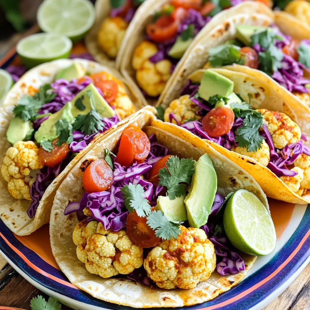 - 1 medium head of cauliflower, chopped into bite-sized florets - 2 tablespoons olive oil - 1 tablespoon chili powder - 1 teaspoon smoked paprika - 1 teaspoon ground cumin - ½ teaspoon cayenne pepper - 8 small corn or flour tortillas - 1 cup shredded red cabbage - ½ cup diced ripe tomatoes - ½ ripe avocado, sliced - ¼ cup fresh cilantro, finely chopped - 1 lime, cut into wedges - Optional: Your favorite hot sauce for an extra kick When I make spicy roasted cauliflower tacos, I focus on simple, fresh ingredients. The cauliflower serves as the main star. I chop it into bite-sized florets to ensure even roasting. The olive oil and spices coat the florets perfectly, adding flavor. I often use chili powder for heat. Smoked paprika adds a nice depth. Ground cumin gives a warm earthiness. If you like things spicy, just add more cayenne pepper. You can always adjust it to fit your taste. For the toppings, I love using fresh ingredients. Shredded red cabbage adds crunch and color. Diced tomatoes bring freshness, while avocado gives creaminess. Fresh cilantro adds a burst of flavor, and lime wedges brighten everything up. You can find the full recipe linked above. This dish is easy to make and packed with flavor. Enjoy your cooking adventure! - Preheat your oven to 425°F (220°C) and prepare a baking sheet with parchment paper. - In a mixing bowl, toss cauliflower florets with olive oil and spices. Make sure every piece is well coated. - Spread the cauliflower on the baking sheet and roast for 25-30 minutes. Flip the florets halfway through for even cooking. They should be golden and tender. - Warm the tortillas in a skillet or oven while the cauliflower roasts. This step makes them soft and easy to fold. - Once the cauliflower is done, let it cool for a few minutes. Then, assemble the tacos. Place a generous scoop of roasted cauliflower onto each tortilla. Add your favorite toppings like shredded cabbage, diced tomatoes, and avocado. Finish with cilantro and a squeeze of lime for a burst of flavor. For the complete recipe, check the Full Recipe section to dive deeper into the details! - Adjust cayenne pepper according to your spice preference. If you like it mild, use less. If you want a kick, add more. - Experiment with additional spices like garlic powder or onion powder. These can add depth and aroma to your tacos. - Use a colorful platter for serving. A bright dish makes the meal more inviting. - Scatter extra cilantro on top for added appeal. It not only looks good but also adds freshness. - Serve lime wedges on the side. Squeezing lime over the tacos brightens the flavors. - Pair your tacos with a side of Mexican rice. The rice complements the spices well. - A light salad works great too. It adds crunch and freshness to the meal. - For a complete experience, try serving with black beans or guacamole. These sides enhance the flavors of the tacos. {{image_4}} You can switch things up by using roasted chickpeas or sweet potatoes instead of cauliflower. Both options bring a satisfying texture and unique taste. For a twist, try different spices like taco seasoning. This will give your tacos a fun new flavor. If you want a low-carb version, lettuce wraps work great. They are fresh and crunchy. You can also try different types of tortillas, such as spinach or whole wheat. Each adds its own flavor and texture to your dish. For extra crunch and flavor, add jalapeños, corn, or radishes. These toppings can spice things up or provide a nice contrast to the roasted cauliflower. Feel free to mix and match to find your perfect taco combination. For the full recipe, check out the details shared earlier. Keep your assembled tacos in the fridge for up to 1 day. This way, they stay fresh and tasty. However, the tortillas may get a bit soft. If you want to enjoy them later, it’s best to store the components separately. Store the roasted cauliflower and toppings in airtight containers. This helps keep everything fresh. You can keep the roasted cauliflower for up to 3 days in the fridge. The toppings, like cabbage and tomatoes, are best used within 2 days. To reheat the cauliflower, use the oven. Set it to 350°F (175°C) and spread the cauliflower on a baking sheet. Heat for about 10 minutes. This method keeps the cauliflower crispy and delicious. After that, assemble your tacos and enjoy! For the full recipe, check out the earlier sections. Use corn tortillas or lettuce wraps instead of flour tortillas. This swap keeps your meal tasty and safe for those with gluten issues. Corn tortillas add a nice touch with their flavor and texture. Lettuce wraps offer a fresh crunch and low-carb option. Yes, this recipe is naturally vegan! Just use plant-based toppings like avocado, cabbage, and tomatoes. You can add your favorite vegan sauce or salsa for extra flavor. This keeps the meal light and healthy while still being filling. Modify the amount of cayenne pepper or add your favorite hot sauce for more control. If you like it mild, use less cayenne. For more heat, feel free to add hot sauce to your taste. This way, you can make each taco as spicy as you want. Consider serving with black beans, pico de gallo, or guacamole for a balanced meal. Black beans add protein and fiber. Pico de gallo brings freshness with its tomatoes and onions. Guacamole offers creaminess that complements the spicy tacos well. This blog post shared a simple guide to making spicy roasted cauliflower tacos. You learned about the main ingredients and how to roast cauliflower for great flavor. I provided tips for perfecting the dish and different ways to serve it. Remember, you can switch ingredients to fit your taste. Whether you like spice or not, these tacos are fresh and easy to prepare. Enjoy creating your own version, and share your experience with others!
