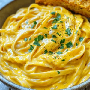 When you make Vegan Pumpkin Alfredo, the right ingredients can make your dish shine. Here’s what you need: - 1 cup pumpkin puree (canned or homemade) - 1 cup raw cashews (soaked in water for a minimum of 2 hours) - 1 cup vegetable broth (low-sodium preferred) - 2 tablespoons nutritional yeast - 2 cloves garlic, finely minced - 1 teaspoon onion powder - ½ teaspoon freshly grated nutmeg - Salt and black pepper to taste - 1 tablespoon olive oil - 12 oz fettuccine (or your favorite pasta variety) - Fresh parsley, finely chopped (for garnish) Each ingredient plays a key role. The pumpkin adds a rich flavor and color. Cashews create creaminess. Nutritional yeast gives a cheesy taste without dairy. Garlic and onion powder enhance the overall depth. Nutmeg adds warmth and spice. I always opt for low-sodium vegetable broth to keep the dish healthy. You can easily find pumpkin puree in stores, but making it at home is simple and fresh. Soaking cashews helps them blend smoothly into a creamy sauce. This combination makes a comforting meal that feels indulgent but is still plant-based. Check out the Full Recipe for detailed steps on how to put it all together. - Bring salted water to a boil in a large pot. - Add the fettuccine and cook according to package instructions, usually 8-10 minutes. - Drain the pasta and set it aside. Reserve a little pasta water if you want. - In your blender, add soaked cashews, pumpkin puree, vegetable broth, nutritional yeast, minced garlic, onion powder, nutmeg, and a pinch of salt and pepper. - Blend until smooth and creamy. If the sauce is too thick, add more vegetable broth gradually. - In a medium saucepan, warm olive oil over medium heat. - Carefully pour in the blended sauce and let it simmer for 3-5 minutes. Stir it gently to avoid sticking. - Add the drained fettuccine to the saucepan with the sauce. - Toss the pasta with the sauce using tongs or a spoon. Cook together for another 1-2 minutes until warm. Follow these steps closely, and you'll create a delightful vegan pumpkin Alfredo that warms your heart and stomach. For the full recipe, check out the details above! To adjust the thickness of your vegan pumpkin Alfredo, start with the right balance. If your sauce is too thick, add a splash of vegetable broth. Blend the mixture again until it reaches your desired creaminess. For added depth, try seasoning with a pinch of salt and a dash of black pepper. Nutritional yeast enhances the flavor, giving it a cheesy taste. Garnishing your dish is key to an inviting plate. Fresh parsley adds a burst of color and a hint of freshness. You can also sprinkle extra nutritional yeast for that cheesy touch. Pair this dish with crispy garlic bread for a perfect side. A simple salad with a light vinaigrette would also complement the meal well. You will need a few essential tools for this recipe. A high-speed blender is crucial for making the cashew sauce smooth. A large pot is necessary for cooking the fettuccine. A medium saucepan will help heat the sauce evenly. Tongs or a spoon will aid in tossing the pasta with the sauce. Having these tools ready will make your cooking experience smooth and fun. For the full recipe, visit the link to ensure perfect results! {{image_4}} You can switch up your pasta for this dish. If you want a gluten-free option, try brown rice or quinoa pasta. These options taste great and keep the meal light. You can also use whole wheat pasta for added fiber. If you prefer something different, try spiralized zucchini or spaghetti squash for a fresh twist. To make your dish even better, add some fresh veggies. Spinach or mushrooms blend well with the creamy sauce. They add nutrients and color to your plate. You can also try spices like smoked paprika or crushed red pepper for heat. Fresh herbs like basil or thyme can brighten the flavor, too. If you want to mix things up, consider using different dairy-free milks. Almond milk or oat milk can change the taste while keeping it creamy. You might also try using different purees. Butternut squash or cauliflower can create a unique flavor. This will give you a fun and varied meal every time you cook! For the full recipe, check out the section on ingredients and instructions. To keep your vegan pumpkin Alfredo fresh, place leftovers in an airtight container. Store it in the fridge for up to three days. Make sure it cools down before sealing to avoid moisture buildup. If you want to freeze the sauce, pour it into freezer-safe bags or containers. Leave some space at the top for expansion. This method helps preserve flavor and texture. The sauce can last up to three months in the freezer. When it's time to enjoy your leftovers, reheat gently. The best way is to use a saucepan over low heat. Stir frequently to keep the sauce creamy. If it thickens, add a splash of vegetable broth until it reaches your desired texture. You can also microwave it. Use a microwave-safe bowl and heat in short bursts, stirring in between. This method helps maintain the sauce's rich flavor. In the fridge, your vegan pumpkin Alfredo stays fresh for about three days. In the freezer, it can last up to three months. For best taste and quality, consume within these time frames. Always check for any off smells or changes in texture before eating. Enjoy your delicious dish while it’s at its best! Yes, you can! If you want to avoid cashews, try using silken tofu. It blends smoothly and gives a creamy texture. You could also use sunflower seeds. Just soak them in water for a few hours before blending. Another option is to use cooked white beans. They add creaminess without the nuts. To make your sauce richer, try adding a splash of coconut milk. This will boost the creaminess. You can also blend in a bit of vegan cream cheese. If you want more flavor, mix in some sautéed onions or mushrooms. These will add depth and richness to your sauce. Absolutely! This dish is great for meal prep. You can cook the pasta and sauce ahead of time. Just store them separately in airtight containers. When you’re ready to eat, reheat them together in a pan. This method keeps the pasta fresh and avoids sogginess. If you can't find pumpkin puree, sweet potato works well. It has a similar taste and texture. Butternut squash is another good option. Cook and mash it before adding to the sauce. Carrot puree can also give a sweet, earthy flavor. These alternatives keep your dish tasty and still creamy. This recipe offers a simple yet tasty way to enjoy pasta. Using pumpkin and cashews, you get a creamy sauce full of flavor. Remember to adjust the seasoning and consistency to your liking. Experiment with different vegetables or pasta for variety. Don’t forget to store leftovers properly for future meals. Enjoy this warm dish any day of the week, knowing it’s nutritious and satisfying. Happy cooking!