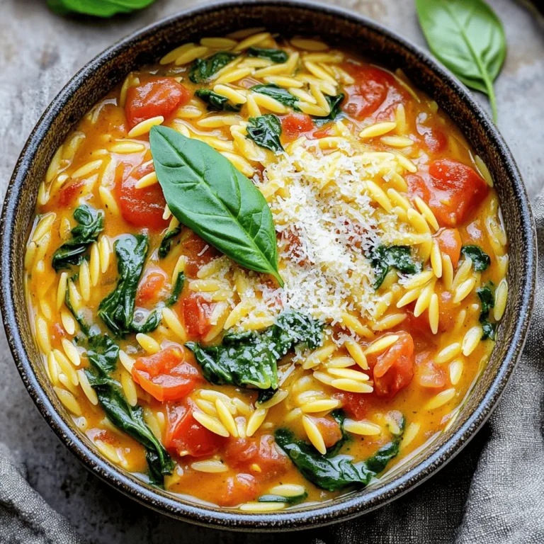 - 1 cup orzo pasta - 2 tablespoons extra virgin olive oil - 3 cloves garlic, finely minced - 1 medium onion, diced - 1 can (14 oz) diced tomatoes, with juices - 2 cups vegetable broth - 1 cup heavy cream or full-fat coconut cream - 4 cups fresh spinach leaves, washed and dried - ½ cup grated Parmesan cheese or nutritional yeast - Salt and black pepper to taste - 1 teaspoon dried oregano - 1 teaspoon red pepper flakes (optional) - Fresh basil leaves for garnish Each ingredient plays a vital role in building flavor. For example, the orzo pasta becomes perfectly tender as it absorbs the broth and cream. The garlic and onion create a fragrant base that enhances every bite. Using a can of diced tomatoes ensures a juicy, sweet taste, while the spinach adds freshness and color. If you need a gluten-free option, swap orzo with gluten-free pasta. For a vegan version, use coconut cream and nutritional yeast instead of heavy cream and Parmesan. You can also replace the vegetable broth with water, but broth adds more depth of flavor. If you're sensitive to spice, leave out the red pepper flakes. This dish is adaptable to meet your needs without losing its creamy, comforting essence. For the full recipe, check the detailed instructions and cooking tips. Before you start cooking, gather all your ingredients. This makes the process quick and easy. You will need: - 1 cup orzo pasta - 2 tablespoons extra virgin olive oil - 3 cloves garlic, finely minced - 1 medium onion, diced into small pieces - 1 can (14 oz) diced tomatoes, including juices - 2 cups vegetable broth - 1 cup heavy cream or full-fat coconut cream - 4 cups fresh spinach leaves, washed and dried - ½ cup freshly grated Parmesan cheese (or nutritional yeast for a vegan alternative) - Salt and freshly cracked black pepper to taste - 1 teaspoon dried oregano - 1 teaspoon red pepper flakes (optional, for heat) - Fresh basil leaves, for garnish Make sure to wash the spinach and chop the onion. This saves time later. 1. Heat Olive Oil: In a large pot, heat the olive oil over medium heat. 2. Sauté Onion: Add the diced onion. Cook for about 3-4 minutes until soft. 3. Add Garlic: Stir in the minced garlic and cook for 1 more minute. 4. Combine Tomatoes and Broth: Add the diced tomatoes and vegetable broth. Stir well. 5. Boil the Mix: Bring the mixture to a vigorous boil. 6. Add Orzo: Stir in the orzo pasta. Reduce the heat to a simmer. Cook for about 8-10 minutes. 7. Creamy Base: After orzo is tender, add the heavy cream or coconut cream. Mix well. 8. Add Spinach: Increase heat slightly and fold in the spinach. Stir for 2-3 minutes until wilted. 9. Season the Dish: Mix in the Parmesan cheese, oregano, and red pepper flakes. Add salt and pepper to taste. 10. Let It Sit: Remove from heat and let it thicken for a few minutes before serving. - Preparation: 10 minutes - Cooking Time: 15 minutes - Total Time: 25 minutes By following these steps, you’ll have a warm, creamy tomato spinach orzo in no time. For the complete recipe, check the Full Recipe link. Enjoy your cooking! To make your creamy tomato spinach orzo rich and smooth, choose high-quality cream. Heavy cream works best, but coconut cream is a great vegan choice. Add it slowly to the hot mixture. Stir well to combine it evenly. This helps the sauce become thick and decadent. If you want more creaminess, increase the cream by a little. One common mistake is overcooking the orzo. Cook it just until tender, not mushy. Also, avoid adding the spinach too early. It should wilt but not lose its bright green color. Lastly, don't forget to season well. Salt and pepper enhance the flavors and bring the dish to life. To boost flavors, try adding fresh herbs like basil or parsley. A splash of lemon juice gives a nice zing. You can also mix in different cheeses, like goat cheese or feta, for a twist. If you like spice, increase the red pepper flakes. For a smoky taste, add a bit of smoked paprika. These simple tweaks can elevate your dish to new heights. For the full recipe, check out the Creamy Tomato Spinach Orzo Delight. {{image_4}} You can add protein to make this dish heartier. Cooked chicken or shrimp work well. You can also try cooked sausage for a spicy kick. If you want plant-based options, use chickpeas or lentils. They add protein and fiber without meat. Simply stir them in when you add the spinach. Feel free to mix in other vegetables. Zucchini or bell peppers add great flavor and color. You can also use kale instead of spinach for a different taste. Carrots or peas can give a sweet crunch. The key is to add veggies you enjoy. This makes the dish personal and fun. If you want a vegan version, swap heavy cream for coconut cream. Nutritional yeast can replace Parmesan cheese for a cheesy flavor. For gluten-free orzo, use rice or quinoa. These swaps make it easy for everyone to enjoy the dish. You still get the creamy goodness without the dairy or gluten. Check out the Full Recipe for more tips! To store leftovers, let the creamy tomato spinach orzo cool to room temperature. Transfer it to an airtight container. Make sure to seal it tightly. Store it in the fridge for up to four days. This keeps the dish fresh and tasty. When you're ready to reheat, scoop out the desired amount. Place it in a pot over low heat. Add a splash of vegetable broth or cream to keep it creamy. Stir often until it's warm. You can also microwave it in a bowl. Heat in short bursts, stirring in between, for even warmth. If you want to save it for later, freezing works well. Cool the orzo completely first. Then, pour it into a freezer-safe container. Leave a little space at the top for expansion. It will last for up to three months in the freezer. To enjoy, thaw in the fridge overnight before reheating. For the full recipe, check out the Creamy Tomato Spinach Orzo Delight . Yes, you can use other types of pasta instead of orzo. Small pasta shapes like ditalini, mini shells, or farfalle work well. Just keep in mind that cooking times may change. Check the package instructions to know how long to boil your pasta. If you need a substitute for heavy cream, you have options. You can use full-fat coconut cream for a dairy-free version. Another choice is to mix milk with butter. This mix gives a creamy texture, though it may be lighter than heavy cream. Leftovers of creamy tomato spinach orzo will last about three to four days in the fridge. Store them in an airtight container to maintain freshness. Reheat on the stove or microwave before serving. For the best taste, eat it within a couple of days. You can find the full recipe above to try this delightful dish! You learned about key ingredients and how to measure them. We discussed cooking steps that ensure great results and shared tips to avoid common mistakes. Different variations let you customize your dish to fit your needs. Lastly, I provided storage tips for leftovers and answered your most pressing questions. Cooking is fun and rewarding. Now you can create a dish you’ll love. Happy cooking!