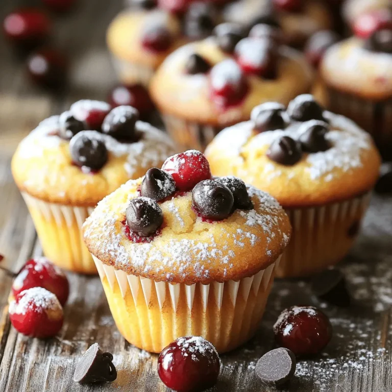 - 1 cup cherries, pitted and chopped - 1 cup unsweetened applesauce - 1/2 cup peanut butter or almond butter - 1/2 cup honey or maple syrup - 1 teaspoon vanilla extract - 2 cups rolled oats - 1/2 cup chocolate protein powder - 1 teaspoon baking powder - 1/2 teaspoon baking soda - 1/4 teaspoon salt - 1/3 cup dark chocolate chips To make the best Cherry Chocolate Protein Muffins, you need fresh ingredients. Start with cherries. Choose ripe cherries for a sweet taste. Pitting and chopping them helps mix them into the batter easily. Next, use unsweetened applesauce. It adds moisture and replaces some fat. This keeps the muffins light and fluffy. If you prefer a nutty flavor, choose between peanut butter or almond butter. Both work well. For sweetness, you can pick honey or maple syrup. Each adds a unique flavor. Don’t forget the vanilla extract. It enhances the overall taste. Now, let’s talk about the dry ingredients. Rolled oats add texture and fiber. They also help bind the muffins. The chocolate protein powder is key for a protein boost. It makes these muffins a healthy snack. Add baking powder and baking soda for lift. This ensures your muffins rise well. Lastly, sprinkle in some salt to balance the sweetness. The dark chocolate chips are the fun part. They melt in the oven and create pockets of gooey chocolate. This makes every bite a treat! For the full recipe, check out the instructions in the next section. Enjoy every step of making these delicious muffins! 1. First, preheat your oven to 350°F (175°C). This step is key to baking muffins evenly. 2. Prepare your muffin tin by lining it with paper liners. You can also lightly grease each cup to help prevent sticking. 3. In a large mixing bowl, combine the unsweetened applesauce, your choice of nut butter, honey, and vanilla extract. Mix well with a whisk or spatula until smooth. 4. Now, it’s time to fold in the chopped cherries. Gently stir them into the wet mixture. Make sure they spread evenly throughout the batter. 5. In another bowl, whisk together the rolled oats, chocolate protein powder, baking powder, baking soda, and salt. This mix will give your muffins a nice rise. 6. Gradually add the dry mix to the wet mixture. Fold them together gently, being careful not to overmix. Overmixing can make your muffins tough. 7. Next, fold in the dark chocolate chips. Ensure they are well-distributed, so you get a chocolate burst in every bite. 8. Use a spoon or an ice cream scoop to pour the batter into the muffin tin. Fill each cup about 2/3 full to allow room for rising. 9. Bake the muffins in your preheated oven for 18-20 minutes. Check for doneness by inserting a toothpick into the center. If it comes out clean, they are ready! 10. Once baked, remove the muffins and let them cool in the tin for 5 minutes. Then, transfer them to a wire rack to cool completely. This step helps keep the texture light and fluffy. For the full recipe, check out the details above. Enjoy your delicious Cherry Chocolate Protein Muffins! To make the best Cherry Chocolate Protein Muffins, avoid overmixing the batter. Overmixing can lead to tough muffins. Mix just until the dry and wet ingredients combine. This keeps your muffins light and fluffy. Measuring ingredients accurately is also key. Use dry measuring cups for solids like oats and protein powder. For liquids, use a liquid measuring cup. This ensures you add the right amounts for great results. I love serving these muffins warm. They taste best right out of the oven. A light dusting of powdered sugar or a drizzle of melted dark chocolate adds a special touch. You can also pair them with Greek yogurt for extra protein and creaminess. For a balanced meal, enjoy these muffins with a side of fruit. Slices of banana or a handful of berries can brighten your plate and add freshness. These muffins are packed with health benefits. Protein powder offers a great source of protein. It helps build and repair muscles. This makes them perfect for post-workout snacks. Cherries are rich in antioxidants. They help fight inflammation and support heart health. Oats provide fiber, which is good for digestion. They also keep you feeling full longer, making these muffins a smart choice for any time of day. For the complete recipe, check out the [Full Recipe]. {{image_4}} You can make Cherry Chocolate Protein Muffins gluten-free by using certified gluten-free oats. Almond flour also works well here. For a vegan option, replace honey with maple syrup. Use a vegan protein powder to keep it plant-based. This way, everyone can enjoy these tasty muffins, no matter their diet. - Gluten-free: Use gluten-free oats and almond flour. - Vegan: Swap honey for maple syrup and use vegan protein powder. Spicing up your muffins can add a fun twist. Try adding 1 teaspoon of cinnamon or nutmeg to the mix. This small change can bring warmth and depth to the flavor. You might also want to mix in nuts or seeds. Chopped walnuts or sunflower seeds can add crunch and nutrition to your muffins. - Spices: Add 1 teaspoon of cinnamon or nutmeg. - Nuts or seeds: Incorporate chopped walnuts or sunflower seeds. You can customize these muffins with fruits that are in season. In summer, try adding blueberries or peaches. In fall, diced apples or pumpkin puree would be delightful. Different types of chocolate can also change the taste. Dark chocolate, milk chocolate, or even white chocolate can make the muffins exciting and unique. - Seasonal fruits: Use blueberries in summer or apples in fall. - Chocolate types: Experiment with dark, milk, or white chocolate. To keep your Cherry Chocolate Protein Muffins fresh, follow these simple steps: - Allow the muffins to cool completely before storage. - Use an airtight container to maintain moisture. - Place parchment paper between layers to avoid sticking. I find that glass containers work best because they help keep the muffins soft and fresh. Freezing muffins is a great way to enjoy them later. Here’s how to do it: - Allow the muffins to cool fully. - Wrap each muffin in plastic wrap or aluminum foil, then place them in a freezer bag. - Label the bag with the date for easy tracking. When you’re ready to eat, thaw the muffins by leaving them out at room temperature. For quicker results, pop them in the microwave for about 20 seconds. This method keeps them moist and tasty. Cherry Chocolate Protein Muffins can last: - At room temperature: 3 to 4 days in an airtight container. - In the fridge: 1 week if stored properly. This means you can enjoy these muffins without worry for several days! Remember to check for freshness before eating. Enjoy your delicious snacks! Can I make these muffins ahead of time? Yes, you can make these muffins ahead of time. They store well for a few days. Just make sure to keep them in an airtight container. You can also freeze them for longer storage. What can I use instead of protein powder? If you don't have protein powder, you can use ground oats or almond flour. This will change the texture a bit but keeps the muffins tasty. You might need to adjust the liquid in the recipe. How can I reduce sugar in the recipe? To cut down on sugar, use less honey or maple syrup. You can also swap in a sugar substitute like stevia. This will help keep the sweetness but lower the sugar content. Is it possible to use fresh cherries instead of frozen? Yes, fresh cherries work great too! Just chop them up and remove the pits. Fresh cherries can add a nice burst of flavor. They may make the muffins a bit moister, so keep an eye on baking time. What is the protein content per muffin? Each muffin has about 7 grams of protein. This comes mainly from the protein powder and nut butter. It makes a healthy snack or breakfast option. Are these muffins suitable for kids? Absolutely! These muffins are great for kids. They are tasty and packed with nutrients. Plus, the chocolate bits make them fun to eat. In this article, we explored how to make delicious Cherry Chocolate Protein Muffins. We covered ingredients, step-by-step instructions, and tips for perfecting the recipe. You learned how to store these muffins and adapt them for different diets. These muffins are not just tasty; they offer health benefits too. Experiment with flavors and enjoy them as snacks or meals. Now, grab your ingredients and start baking your own batch today!