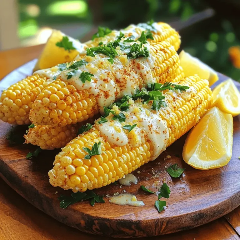To make Garlic Parmesan Corn on the Cob, gather these simple items: - 4 ears of fresh corn, husked - 4 tablespoons unsalted butter, melted - 3 cloves garlic, finely minced - ½ cup freshly grated Parmesan cheese - 1 teaspoon smoked paprika - ½ teaspoon sea salt - ¼ teaspoon freshly ground black pepper - Fresh parsley, finely chopped for garnish - 1 tablespoon fresh lemon juice (optional) Choose corn that feels firm and heavy. The husks should be bright green and tight. Look for silk that is golden and moist. Fresh corn has a sweet scent. Avoid corn with dry or brown husks. Sweet corn is best for this recipe. You will need a few tools to make this dish: - Grill or oven - Mixing bowl - Whisk - Brush for applying butter - Aluminum foil (if baking) - Serving platter for presentation These tools will make the cooking process easy and fun. For the best results, ensure your grill is clean and heated properly. The right tools help you create a dish that shines at any summer gathering. If you want the full recipe, check it out [here](#). To start, you need to preheat your grill or oven. If you choose to grill, set it to medium-high heat. This will help create a nice char on the corn. If baking sounds better, preheat your oven to 400°F (200°C). Both methods work well, giving you tasty corn. Next, prepare the garlic butter mixture. In a mixing bowl, combine melted unsalted butter, minced garlic, smoked paprika, sea salt, and black pepper. Whisk this mix together until all the ingredients blend well. The aroma will fill your kitchen, making it hard to wait for the corn! Now, it’s time to coat the corn. Take each ear of corn and brush it with your garlic butter mix. Make sure to cover every kernel. This ensures each bite bursts with flavor. For grilling, place the corn on the grill grates. Rotate it every 2-3 minutes until charred and tender, about 10-12 minutes total. If baking, wrap the corn in aluminum foil and bake for 20-25 minutes, turning halfway. After cooking, sprinkle grated Parmesan cheese on top while it’s still hot. Optionally, drizzle with fresh lemon juice for added flavor. Finally, garnish your corn with chopped parsley for a bright finish. Enjoy your Garlic Parmesan Corn on the Cob! For a complete guide, check out the Full Recipe. Grilling corn on the cob can be fun and easy. First, soak the husked corn in water for 15 minutes before grilling. This helps keep the corn moist. When you're ready, heat your grill to medium-high. Place the corn directly on the grates. Rotate the corn every 2-3 minutes. This gives it even cooking and a nice char. In about 10-12 minutes, the corn will be bright and tender. For the best garlic flavor, use fresh garlic. Mince the cloves finely to release the oils. Mix it well with the melted butter before brushing it on the corn. If you want a stronger taste, let the garlic sit in the butter for a bit. This helps the flavors blend. You can also add a touch of garlic powder if you like more depth. If you prefer a bit of heat, add a pinch of cayenne pepper to your garlic butter. For those who enjoy a milder taste, skip the pepper entirely. You can also adjust the smoked paprika amount. Start with less, then taste as you go. Everyone has different spice levels, so make it your own. Remember, you can always add more spice, but you can’t take it out! For the full recipe, check out the Garlic Parmesan Corn on the Cob section. {{image_4}} To change up the flavor, you can add more spices. Try adding chili powder for heat. You can also mix in some Italian herbs, like oregano or basil. They give a fresh lift. If you love herbs, fresh cilantro is a great choice. Just chop it fine and add it to your garlic butter mix. This will make your corn taste even better! Parmesan is great, but other cheeses can work too. For a creamier taste, use feta cheese. It adds a nice tang. If you want something sharper, try aged cheddar. It gives a bold kick. You can even use vegan cheese if you prefer. Just make sure it melts well. Each cheese choice will give your corn a unique twist. Serving corn on the cob can be fun and playful. Try cutting the corn into smaller pieces for easy sharing. You can also serve it on skewers for a fun touch. Drizzle it with a spicy sauce for extra flavor. If you want a fancy look, sprinkle some microgreens on top. They add color and freshness. For the full recipe, check out the detailed steps to make this dish shine! After enjoying your Garlic Parmesan Corn on the Cob, you may have some left. It’s best to store it in an airtight container. Let the corn cool to room temperature first. Wrap each ear in plastic wrap or foil for extra protection. This keeps it fresh and tasty for later. Store the container in the fridge. It can last about 3 to 4 days. When you’re ready to enjoy the leftover corn, reheating it is simple. You can use the microwave, grill, or oven. For the microwave, place the corn on a plate and cover it with a damp paper towel. Heat in short bursts of 30 seconds. Check to see if it’s warm. If using the grill, wrap the corn in foil to avoid drying out. Heat for about 5 to 7 minutes. For the oven, preheat to 350°F (175°C) and bake wrapped corn for 10 to 15 minutes. Freezing is a great option if you want to save the corn for a long time. Husk the corn and cut the kernels off the cob if you prefer. Place the kernels in a freezer bag, removing as much air as possible. Label the bag with the date. You can also freeze whole cobs. Wrap each cob in plastic wrap and place it in a freezer bag. The corn can last up to 6 months in the freezer. When you’re ready to use it, thaw in the fridge overnight before reheating. You can pair Garlic Parmesan Corn on the Cob with many easy side dishes. Some great options include: - Grilled chicken or fish - Fresh salad with vinaigrette - Coleslaw for crunch - Roasted potatoes for heartiness - Tomato and mozzarella salad for freshness These sides complement the sweet, buttery flavor of the corn. They also create a colorful plate. Yes, you can make Garlic Parmesan Corn on the Cob in the oven. Preheat your oven to 400°F (200°C). Wrap the corn tightly in aluminum foil to keep it moist. Bake for 20-25 minutes. Turn the foil halfway through cooking. This method gives you tender corn, full of flavor. To prevent the corn from sticking to the grill, follow these tips: - Preheat the grill to medium-high heat. - Brush the grill grates with oil before placing the corn. - Make sure to coat the corn with the garlic butter mixture. This keeps it moist and adds flavor. - Rotate the corn every few minutes to avoid sticking. These steps help you achieve perfectly grilled corn every time. Enjoy your cooking! Making Garlic Parmesan Corn on the Cob is simple and fun. We covered the best ingredients, tools, and methods. Preheating is key, and the garlic butter really adds flavor. You learned grilling tips and how to customize with herbs or spices. Don't forget about storage and reheating for later. Enjoy your delicious corn, and share it with friends. Each bite can bring smiles, making it worth the effort. Now, get cooking!
