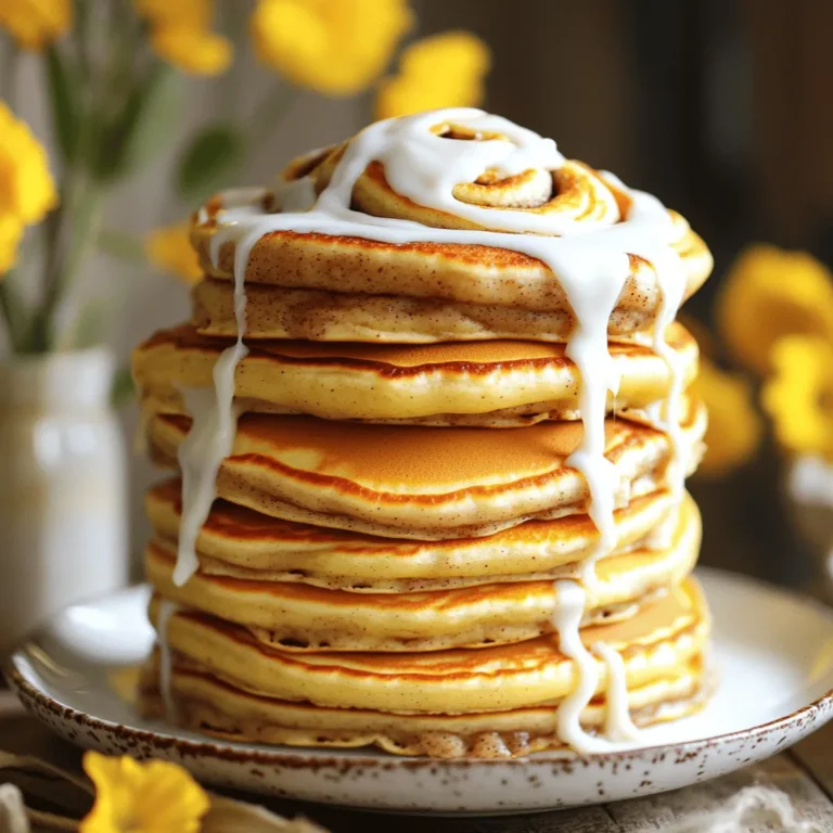 - 1 cup all-purpose flour - 2 tablespoons granulated sugar - 1 tablespoon baking powder - 1/2 teaspoon salt - 1 cup whole milk - 1 large egg - 2 tablespoons melted unsalted butter - 1 teaspoon pure vanilla extract To make these pancakes, you need a few key ingredients. The flour gives them structure. Sugar adds sweetness. Baking powder makes them rise. Salt enhances flavor. Whole milk keeps them moist. The egg binds everything together. Melted butter adds richness, and vanilla gives a lovely aroma. - 1/4 cup packed brown sugar - 1 tablespoon ground cinnamon - 2 tablespoons melted unsalted butter The cinnamon swirl is what makes these pancakes special. Brown sugar adds a deep sweetness. Ground cinnamon gives that classic cinnamon roll taste. Melted butter helps blend these ingredients into a smooth paste. - 4 oz cream cheese, softened at room temperature - 1 cup powdered sugar - 2 tablespoons whole milk - 1/2 teaspoon pure vanilla extract The cream cheese glaze is the perfect finish. Softened cream cheese gives it a creamy base. Powdered sugar adds sweetness without graininess. Whole milk helps achieve the right consistency. Vanilla enhances the flavor and ties everything together. For the complete list and details, check the Full Recipe. First, you need to create the cinnamon swirl. In a small bowl, mix together 1/4 cup of brown sugar, 1 tablespoon of ground cinnamon, and 2 tablespoons of melted butter. Stir these ingredients until they form a smooth paste. This will add a rich flavor to your pancakes. Set this mixture aside for later use. Now, let’s make the pancake batter. In a large mixing bowl, add 1 cup of all-purpose flour, 2 tablespoons of granulated sugar, 1 tablespoon of baking powder, and 1/2 teaspoon of salt. Whisk these dry ingredients together until they are well mixed. In another bowl, whisk 1 cup of whole milk, 1 large egg, 2 tablespoons of melted butter, and 1 teaspoon of vanilla extract until smooth. Pour the wet ingredients into the dry ingredients. Gently stir until just combined. Remember, it’s okay if the batter is a little lumpy. Next, heat a non-stick skillet over medium heat. Lightly grease the skillet with butter or cooking spray. Using a 1/4 cup measuring cup, pour the batter onto the skillet for each pancake. Before the edges set, take a small spoon and swirl the prepared cinnamon mixture over the top of each pancake in a circular pattern. Cook for 2-3 minutes, or until you see bubbles forming and the edges appear firm. Carefully flip each pancake over and continue cooking for 1-2 minutes until they turn golden brown. Repeat this process with the remaining batter and cinnamon mixture. While the pancakes cook, let’s prepare the cream cheese glaze. In a medium bowl, combine 4 oz of softened cream cheese, 1 cup of powdered sugar, 2 tablespoons of whole milk, and 1/2 teaspoon of vanilla extract. Whisk this mixture until it becomes smooth and creamy. Once the pancakes are ready, stack them high on a serving plate. Drizzle the creamy glaze generously over the top. Let it cascade down the sides for a beautiful presentation. Enjoy the delightful flavor of cinnamon and cream cheese in every bite! For a fun touch, you can garnish with a sprinkle of cinnamon or caramelized apple slices. For the complete details, check the Full Recipe! To get the best pancakes, avoid overmixing the batter. Mix just until you see no dry flour. Some lumps are okay. This keeps your pancakes fluffy. For the right cooking temperature, set your skillet to medium heat. If the pan is too hot, pancakes burn on the outside. If it's too cool, they won't cook well. A drop of water should sizzle when the pan is ready. Creating even swirls makes your pancakes look nice. Use a small spoon to spread the cinnamon mix. Start in the center and swirl outwards. This helps create a pretty pattern. For the perfect cinnamon mixture, ensure it’s thick but not runny. If it's too thin, it won't hold its shape. If it's too thick, it won't mix well. Aim for a creamy paste that easily spreads. You may want to adjust the cream cheese glaze. If it's too thick, add a splash of milk. Mix well until it's smooth. If it's too thin, add a bit more powdered sugar. This way, you get the right drizzle for your pancakes. {{image_4}} You can take these pancakes to a new level by adding fun mix-ins. Chocolate chips add a sweet twist. Just fold in about 1/2 cup to your batter. For a nutty flavor, try adding chopped walnuts or pecans. They give a nice crunch. Fruits can make your pancakes even better! Sliced bananas or fresh blueberries work great. Just sprinkle them on the batter before flipping. This adds flavor and makes your pancakes colorful. You can make these pancakes fit your diet. If you need gluten-free options, use a gluten-free flour mix. It will still taste great! For those who follow a vegan diet, swap the egg for a flax egg. Mix 1 tablespoon of flaxseed meal with 2.5 tablespoons of water. Let it sit for a few minutes to thicken. Use plant-based milk like almond or oat milk in your batter. For the glaze, you can use a vegan cream cheese alternative. These pancakes shine when you serve them right. Fresh fruit like strawberries or raspberries on the side adds color. A dollop of whipped cream makes them feel special. You can also serve these pancakes with breakfast meats. Crispy bacon or sausage pairs well with the sweet flavor. Mixing sweet and savory makes your meal satisfying. Enjoy your delicious creation! To keep your leftover pancakes fresh, place them in the fridge. Use a sealed container or a zip-top bag. This helps prevent them from drying out. Make sure to layer parchment paper between pancakes to avoid sticking. For the best taste, reheat pancakes in the oven. Preheat it to 350°F (175°C). Lay the pancakes on a baking sheet, cover with foil, and heat for about 10 minutes. You can also use a microwave. Place a pancake on a microwave-safe plate and cover with a damp paper towel. Heat for 20-30 seconds. This keeps them soft and moist. To freeze pancakes, let them cool completely first. Stack them with parchment paper in between. Place the stack in a freezer bag. Squeeze out as much air as you can before sealing. When you're ready to eat, take them out and let them thaw in the fridge overnight. You can also reheat them straight from the freezer using the oven or microwave. Enjoy your pancakes any time! These pancakes went viral due to their fun look and sweet flavor. People love the idea of cinnamon rolls and pancakes together. They are easy to make and share on social media. The swirl of cinnamon and cream cheese glaze catches the eye. Many food lovers enjoy posting their creations online. This mix of taste and appearance drives their popularity. Yes, you can make these pancakes ahead of time. Cooked pancakes store well in the fridge. Place them in an airtight container for up to three days. You can also freeze them for longer storage. Just remember to separate each pancake with parchment paper. This prevents them from sticking together. When you're ready to eat, just reheat them in a toaster or microwave. To check if the pancakes are done, look for bubbles on the surface. When the edges look firm, that’s a good sign too. Gently lift one pancake to see if it’s golden brown. If it is, flip it over and cook the other side. It should take about 2-3 minutes per side. Yes, you can use different types of milk. Almond milk, oat milk, and soy milk work well. These options suit those who are lactose intolerant. Just make sure to choose unsweetened versions for best results. The flavor will still be delicious with these substitutes. Many toppings go well with cinnamon roll pancakes. Here are a few ideas: - Maple syrup for sweetness - Fresh fruit like strawberries or bananas - Whipped cream for added creaminess - Nuts for a crunchy texture - Extra cinnamon for more flavor For the complete details on how to make these tasty treats, check out “Viral Cinnamon Roll Pancakes .” This blog post shared a simple recipe for delicious cinnamon roll pancakes. You learned how to prepare the batter, swirl the cinnamon mix, and make a creamy glaze. I also offered tips on cooking and variations to suit your taste. Remember, the key is to balance textures and flavors. Enjoy experimenting with add-ins and toppings. Make these pancakes today, and impress everyone with your tasty treats!