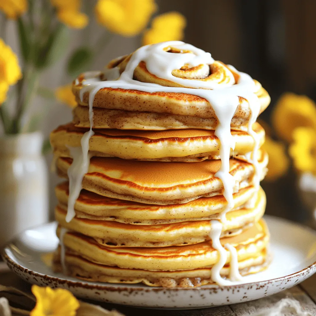 - 1 cup all-purpose flour - 2 tablespoons granulated sugar - 1 tablespoon baking powder - 1/2 teaspoon salt - 1 cup whole milk - 1 large egg - 2 tablespoons melted unsalted butter - 1 teaspoon pure vanilla extract To make these pancakes, you need a few key ingredients. The flour gives them structure. Sugar adds sweetness. Baking powder makes them rise. Salt enhances flavor. Whole milk keeps them moist. The egg binds everything together. Melted butter adds richness, and vanilla gives a lovely aroma. - 1/4 cup packed brown sugar - 1 tablespoon ground cinnamon - 2 tablespoons melted unsalted butter The cinnamon swirl is what makes these pancakes special. Brown sugar adds a deep sweetness. Ground cinnamon gives that classic cinnamon roll taste. Melted butter helps blend these ingredients into a smooth paste. - 4 oz cream cheese, softened at room temperature - 1 cup powdered sugar - 2 tablespoons whole milk - 1/2 teaspoon pure vanilla extract The cream cheese glaze is the perfect finish. Softened cream cheese gives it a creamy base. Powdered sugar adds sweetness without graininess. Whole milk helps achieve the right consistency. Vanilla enhances the flavor and ties everything together. For the complete list and details, check the Full Recipe. First, you need to create the cinnamon swirl. In a small bowl, mix together 1/4 cup of brown sugar, 1 tablespoon of ground cinnamon, and 2 tablespoons of melted butter. Stir these ingredients until they form a smooth paste. This will add a rich flavor to your pancakes. Set this mixture aside for later use. Now, let’s make the pancake batter. In a large mixing bowl, add 1 cup of all-purpose flour, 2 tablespoons of granulated sugar, 1 tablespoon of baking powder, and 1/2 teaspoon of salt. Whisk these dry ingredients together until they are well mixed. In another bowl, whisk 1 cup of whole milk, 1 large egg, 2 tablespoons of melted butter, and 1 teaspoon of vanilla extract until smooth. Pour the wet ingredients into the dry ingredients. Gently stir until just combined. Remember, it’s okay if the batter is a little lumpy. Next, heat a non-stick skillet over medium heat. Lightly grease the skillet with butter or cooking spray. Using a 1/4 cup measuring cup, pour the batter onto the skillet for each pancake. Before the edges set, take a small spoon and swirl the prepared cinnamon mixture over the top of each pancake in a circular pattern. Cook for 2-3 minutes, or until you see bubbles forming and the edges appear firm. Carefully flip each pancake over and continue cooking for 1-2 minutes until they turn golden brown. Repeat this process with the remaining batter and cinnamon mixture. While the pancakes cook, let’s prepare the cream cheese glaze. In a medium bowl, combine 4 oz of softened cream cheese, 1 cup of powdered sugar, 2 tablespoons of whole milk, and 1/2 teaspoon of vanilla extract. Whisk this mixture until it becomes smooth and creamy. Once the pancakes are ready, stack them high on a serving plate. Drizzle the creamy glaze generously over the top. Let it cascade down the sides for a beautiful presentation. Enjoy the delightful flavor of cinnamon and cream cheese in every bite! For a fun touch, you can garnish with a sprinkle of cinnamon or caramelized apple slices. For the complete details, check the Full Recipe! To get the best pancakes, avoid overmixing the batter. Mix just until you see no dry flour. Some lumps are okay. This keeps your pancakes fluffy. For the right cooking temperature, set your skillet to medium heat. If the pan is too hot, pancakes burn on the outside. If it's too cool, they won't cook well. A drop of water should sizzle when the pan is ready. Creating even swirls makes your pancakes look nice. Use a small spoon to spread the cinnamon mix. Start in the center and swirl outwards. This helps create a pretty pattern. For the perfect cinnamon mixture, ensure it’s thick but not runny. If it's too thin, it won't hold its shape. If it's too thick, it won't mix well. Aim for a creamy paste that easily spreads. You may want to adjust the cream cheese glaze. If it's too thick, add a splash of milk. Mix well until it's smooth. If it's too thin, add a bit more powdered sugar. This way, you get the right drizzle for your pancakes. {{image_4}} You can take these pancakes to a new level by adding fun mix-ins. Chocolate chips add a sweet twist. Just fold in about 1/2 cup to your batter. For a nutty flavor, try adding chopped walnuts or pecans. They give a nice crunch. Fruits can make your pancakes even better! Sliced bananas or fresh blueberries work great. Just sprinkle them on the batter before flipping. This adds flavor and makes your pancakes colorful. You can make these pancakes fit your diet. If you need gluten-free options, use a gluten-free flour mix. It will still taste great! For those who follow a vegan diet, swap the egg for a flax egg. Mix 1 tablespoon of flaxseed meal with 2.5 tablespoons of water. Let it sit for a few minutes to thicken. Use plant-based milk like almond or oat milk in your batter. For the glaze, you can use a vegan cream cheese alternative. These pancakes shine when you serve them right. Fresh fruit like strawberries or raspberries on the side adds color. A dollop of whipped cream makes them feel special. You can also serve these pancakes with breakfast meats. Crispy bacon or sausage pairs well with the sweet flavor. Mixing sweet and savory makes your meal satisfying. Enjoy your delicious creation! To keep your leftover pancakes fresh, place them in the fridge. Use a sealed container or a zip-top bag. This helps prevent them from drying out. Make sure to layer parchment paper between pancakes to avoid sticking. For the best taste, reheat pancakes in the oven. Preheat it to 350°F (175°C). Lay the pancakes on a baking sheet, cover with foil, and heat for about 10 minutes. You can also use a microwave. Place a pancake on a microwave-safe plate and cover with a damp paper towel. Heat for 20-30 seconds. This keeps them soft and moist. To freeze pancakes, let them cool completely first. Stack them with parchment paper in between. Place the stack in a freezer bag. Squeeze out as much air as you can before sealing. When you're ready to eat, take them out and let them thaw in the fridge overnight. You can also reheat them straight from the freezer using the oven or microwave. Enjoy your pancakes any time! These pancakes went viral due to their fun look and sweet flavor. People love the idea of cinnamon rolls and pancakes together. They are easy to make and share on social media. The swirl of cinnamon and cream cheese glaze catches the eye. Many food lovers enjoy posting their creations online. This mix of taste and appearance drives their popularity. Yes, you can make these pancakes ahead of time. Cooked pancakes store well in the fridge. Place them in an airtight container for up to three days. You can also freeze them for longer storage. Just remember to separate each pancake with parchment paper. This prevents them from sticking together. When you're ready to eat, just reheat them in a toaster or microwave. To check if the pancakes are done, look for bubbles on the surface. When the edges look firm, that’s a good sign too. Gently lift one pancake to see if it’s golden brown. If it is, flip it over and cook the other side. It should take about 2-3 minutes per side. Yes, you can use different types of milk. Almond milk, oat milk, and soy milk work well. These options suit those who are lactose intolerant. Just make sure to choose unsweetened versions for best results. The flavor will still be delicious with these substitutes. Many toppings go well with cinnamon roll pancakes. Here are a few ideas: - Maple syrup for sweetness - Fresh fruit like strawberries or bananas - Whipped cream for added creaminess - Nuts for a crunchy texture - Extra cinnamon for more flavor For the complete details on how to make these tasty treats, check out “Viral Cinnamon Roll Pancakes .” This blog post shared a simple recipe for delicious cinnamon roll pancakes. You learned how to prepare the batter, swirl the cinnamon mix, and make a creamy glaze. I also offered tips on cooking and variations to suit your taste. Remember, the key is to balance textures and flavors. Enjoy experimenting with add-ins and toppings. Make these pancakes today, and impress everyone with your tasty treats!