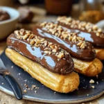 - 1 cup water - ½ cup unsalted butter, cubed - 1 cup all-purpose flour - 4 large eggs - 1 tablespoon granulated sugar - ½ teaspoon salt - 1 cup heavy cream - ½ cup hazelnut spread (such as Nutella) - 1 teaspoon pure vanilla extract - 1 tablespoon powdered sugar - 1 cup semi-sweet chocolate chips - ½ cup heavy cream - 1 tablespoon unsalted butter When I make chocolate hazelnut eclairs, I start with the choux pastry. This dough forms the base of the eclair. The mix of water, butter, flour, and eggs creates a light pastry that puffs up in the oven. Each bite should be airy and crisp. Next up is the hazelnut cream filling. I whip heavy cream until soft peaks form. Then, I add hazelnut spread, vanilla, and powdered sugar. This creamy filling adds sweetness and a nutty flavor to the eclairs. The last step is the chocolate ganache. I heat heavy cream until it simmers, then mix in chocolate chips and butter. This creates a rich, glossy topping. It’s the perfect finish to the eclairs. You can find the full recipe for these delicious treats in the sections above. Enjoy the process and have fun! - Combine water, butter, sugar, and salt in a saucepan; reach a rolling boil. - Add flour, stir until a ball forms and pulls away from the pan. - Cool slightly; incorporate eggs one at a time until the mixture is smooth. - Preheat your oven to 425°F (220°C); pipe the pastry into logs on a baking sheet. - Bake for 15-20 minutes until golden brown; avoid opening the oven door. - Cool the eclairs on a wire rack. - Whip heavy cream; mix in hazelnut spread, vanilla, and powdered sugar. - Continue whisking until stiff peaks form, creating a light, fluffy filling. - Make small incisions on each éclair or use a pastry syringe to fill them. - Generously fill each éclair with the hazelnut cream, ensuring they are well-stuffed. - Heat heavy cream until simmering; combine it with chocolate chips and butter. - Stir until the mixture is smooth and glossy, creating a rich ganache. - Dip the filled eclairs into the chocolate ganache. - Set them on a wire rack to let the ganache cure, creating a beautiful finish. For the complete method and tips, check the Full Recipe. - Use room temperature eggs for better mixing. - Ensure butter is melted completely before adding flour. When making choux pastry, the right temperature matters. Room temperature eggs mix better, leading to a lighter puff. Melt your butter fully before adding flour. This helps the dough come together smoothly. - Use a piping bag for easier control and filling. - Fill eclairs just before serving for optimal freshness. Filling your eclairs can feel tricky. A piping bag gives you control and precision. Fill them right before serving. This keeps them fresh and prevents sogginess. - Sprinkle with crushed hazelnuts or chocolate shavings. - Use colored chocolate or edible glitter for aesthetics. To make your eclairs pop, get creative with toppings! Sprinkle crushed hazelnuts for crunch. Add chocolate shavings for that extra touch. Colored chocolate or edible glitter can elevate your dessert's look. Making it pretty makes it even more fun to eat! {{image_4}} You can change the flavor of the hazelnut cream easily. Here are some ideas: - Incorporate almond extract for a nutty twist. This adds a rich depth to the taste. - Add raspberry puree for a fruity filling. The tartness works well with the sweet cream. These small changes can create new flavors that keep your eclairs exciting. The chocolate ganache can also be varied for a new experience. Try these options: - Use milk chocolate or white chocolate for different flavors. Each type gives a unique taste. - Experiment with flavored liqueurs mixed into ganache. A hint of orange or mint can elevate your dessert. These alternatives add fun and creativity to your eclairs. If you need a gluten-free option, you can still enjoy these treats. Here’s how: - Substitute all-purpose flour with a gluten-free blend. This ensures the choux pastry still puffs up nicely. - Ensure the hazelnut spread is gluten-free. Check the label to avoid gluten. With these swaps, everyone can enjoy chocolate hazelnut eclairs. Store your chocolate hazelnut eclairs in an airtight container in the refrigerator. This keeps them fresh and tasty. I find they are best enjoyed within two days. After that, the choux pastry can lose its crispness. If you want to save some for later, freeze unfilled eclairs. They can stay good for longer this way. For filled eclairs, consume them within a few hours of making. The cream filling tastes best fresh and can lose its texture if frozen. To enjoy your eclairs again, refresh them by briefly reheating in a warm oven. This helps restore some of the crispness. Avoid using the microwave, as it can make the pastry soggy. Keep these tips in mind to savor every bite of your delicious dessert! Eclairs are best consumed fresh but can last up to 2 days in the fridge. The texture may change a bit, but they will still taste great! Yes, you can prepare and freeze unfilled eclairs for later baking. Just make sure to cool them completely before freezing. When you're ready, bake them straight from the freezer. Use almond butter or any nut-based spread as alternatives. Peanut butter can also work, but it will change the flavor slightly. Choose what you enjoy best! They can be tricky but follow the steps carefully for success. Practice helps, and soon you'll be a pro at making these lovely treats. Use a piping bag with a large round tip and steady hands for even shapes. Keep the bag at a slight angle and squeeze gently to create a nice log shape. This small tip makes a big difference! You learned how to make delicious chocolate hazelnut eclairs, from dough to topping. We discussed the key ingredients like choux pastry, hazelnut cream, and ganache. Follow the simple steps, tips, and variations to impress yourself and others. Remember to serve fresh for the best taste. Enjoy your baking adventure and have fun with your flavors! With a bit of practice, you can master these treats and customize them however you like. Happy baking!