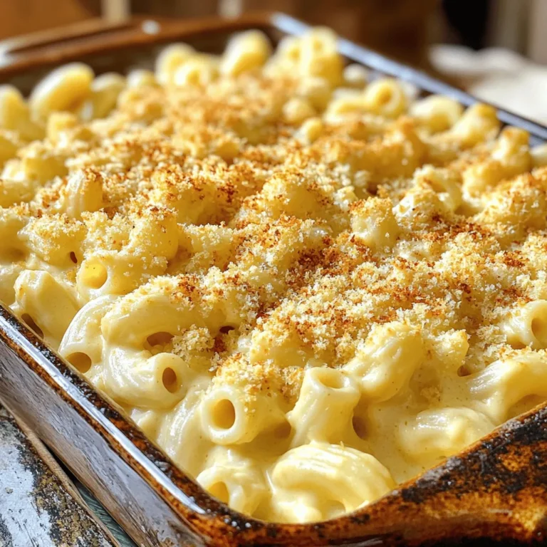- 8 oz elbow macaroni - 2 tablespoons unsalted butter - 2 tablespoons all-purpose flour - 2 cups milk (whole or 2%) - 2 cups white cheddar cheese, shredded - 1 cup Gruyère cheese, shredded - 1 teaspoon Dijon mustard - 1/2 teaspoon garlic powder - 1/4 teaspoon cayenne pepper (optional for a kick) - Salt and pepper to taste - 1/2 cup breadcrumbs (Panko for extra crunch) - 1 tablespoon olive oil When planning to make white cheddar mac and cheese, gather these simple yet key ingredients. The elbow macaroni forms the base of the dish. It holds the creamy cheese sauce well, making every bite rich and cheesy. Unsalted butter and flour create a roux, which thickens the sauce. This process adds depth of flavor to your meal. Next, milk brings creaminess. I recommend using whole or 2% milk for the best results. The star of the dish is, of course, the white cheddar cheese. It melts beautifully and gives a sharp, tangy taste that elevates the dish. Gruyère cheese adds another layer of flavor. It blends smoothly and enhances the creaminess. To add complexity, you can include Dijon mustard, garlic powder, and a touch of cayenne pepper. These ingredients provide a hint of heat and depth. Don't forget to season with salt and pepper to taste. For that crunchy topping, use breadcrumbs mixed with olive oil. Panko breadcrumbs are a great choice for extra crunch. They create a lovely contrast to the creamy pasta below. For the complete details on how to combine these ingredients into a perfect white cheddar mac and cheese, check out the Full Recipe. - Bring a large pot of salted water to a boil. - Add the elbow macaroni and cook until al dente, about 7-8 minutes. - Drain the pasta and set it aside. - Return the empty pot to medium heat. - Melt the unsalted butter in the pot. - Whisk in the all-purpose flour to form a roux. - Cook the roux until it turns a light golden color, about 1-2 minutes. - Gradually whisk in the milk, making sure to avoid lumps. - Heat the mixture until it thickens, about 5-7 minutes. - Lower the heat and mix in the shredded white cheddar and Gruyère cheese. - Stir until the cheeses melt and the sauce is creamy. - Mix in the Dijon mustard, garlic powder, and seasonings. - Add the drained macaroni to the cheese sauce. - Stir gently until all the pasta is coated in the rich cheese sauce. - Preheat your oven to 350°F (175°C). - In a small bowl, mix the breadcrumbs with olive oil until glossy. - Transfer the mac and cheese mixture to a greased baking dish. - Sprinkle the breadcrumb mixture evenly on top. - Bake for about 25-30 minutes until the top is golden brown and bubbly. For full details, check out the Full Recipe. - Always use freshly shredded cheddar. It melts better and tastes great. - Stir the milk in slowly. This helps avoid lumps in your sauce. - Use individual bowls for each person. It makes serving easy and fun. - Add parsley or extra cheese on top. This makes the dish look nice. - Try different cheeses like gouda or mozzarella. Each adds a new twist. - Add spices like paprika or thyme for more depth. They can change the whole dish. Follow these tips to create a white cheddar mac and cheese that shines. Each step adds to the creamy delight. Enjoy cooking! For the complete recipe, check out the Full Recipe section. {{image_4}} You can add fun ingredients to make your mac and cheese unique. Try mixing in cooked bacon or ham for a meaty twist. The salty flavor of bacon pairs well with the creamy cheese. If you want a healthier option, add steamed vegetables like broccoli or spinach. They add color and nutrients, making the dish more balanced. Cheese is the star of this dish, so don’t be shy! You can try different cheese blends for a gourmet touch. Mixing in cheeses like mozzarella or fontina can create new flavors. For a bolder taste, use sharp cheddar. It adds a nice kick that many people enjoy. If you like some heat, you can spice things up! Add jalapeños or red pepper flakes for a spicy kick. They will bring warmth and excitement to each bite. You can also adjust cayenne pepper based on your taste. Just a pinch can enhance the flavor without overwhelming the dish. These variations allow you to personalize your white cheddar mac and cheese. Each addition makes it special and delicious. For more ideas and the complete recipe, check out the Full Recipe. Store leftovers in an airtight container in the fridge for up to 3 days. Keeping them covered helps prevent drying out. This way, you can enjoy your creamy white cheddar mac and cheese later. Just make sure to cool it first before sealing. You can freeze cooked mac and cheese for up to 2 months. To do this, place it in a freezer-safe container. When you want to eat it, thaw it in the fridge overnight before reheating. This method helps keep the texture nice. To reheat, use the oven or microwave. If using the oven, add a splash of milk to restore creaminess. Heat it at a low temperature to avoid drying out. Stir occasionally to ensure even heating. Enjoy the same cheesy goodness as when it was fresh! For the full recipe, check out the detailed steps above. The best options include white cheddar and Gruyère for flavor and texture. White cheddar gives a sharp taste. Gruyère adds a rich creaminess. Together, they create a delicious mac and cheese that everyone loves. Yes, you can prepare it a day in advance and bake it right before serving. Just store the uncooked dish in the fridge. This helps the flavors meld. When ready, pop it in the oven. It will still taste fresh and cheesy. Ensure the cheese is freshly shredded and incorporate milk while reheating to maintain creaminess. This prevents clumping and keeps it smooth. You can also add a bit more milk if it seems dry. The goal is a rich, velvety sauce that coats every noodle perfectly. For the full recipe, check out the Creamy White Cheddar Mac & Cheese section. This blog post covered the basics of a delicious mac and cheese recipe. We explored the main, additional, and topping ingredients. I shared step-by-step cooking instructions and helpful tips for the best results. You can even adjust the flavors to match your taste or add extra ingredients for variety. In short, this dish is easy to customize and sure to please. Enjoy making this classic comfort food with your own unique twist!