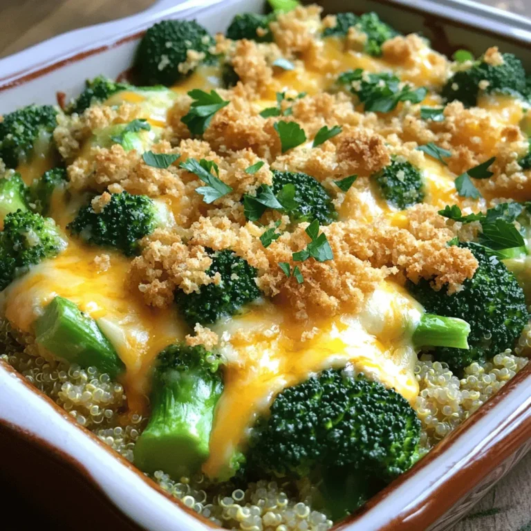 - 1 cup quinoa - 2 cups vegetable broth - 1 large head of broccoli - 1 cup sharp cheddar cheese - 1/2 cup cream cheese - 1/2 cup milk - 1/4 cup breadcrumbs - Olive oil In making this casserole, I love to start with fresh, high-quality ingredients. Quinoa is my base. It gives a great nutty flavor and is packed with protein. I use vegetable broth to cook the quinoa, adding depth of taste. For the star of this dish, I choose a large head of broccoli. You want it vibrant and crisp. Then, I mix in sharp cheddar cheese. It melts beautifully and adds a rich taste. Cream cheese brings creaminess, while milk ensures a smooth texture. The breadcrumbs on top are essential. They create a lovely crunch when baked, enhancing the whole dish. - Dairy or plant-based milk alternatives - Additional toppings like herbs or spices Sometimes, I like to switch things up. You can use any milk you prefer. Almond or oat milk works great if you want a plant-based option. Also, feel free to add herbs or spices for extra flavor, like thyme or red pepper flakes. This personal touch can change the whole dish! - Gluten-free options for breadcrumbs - Dairy-free alternatives for cheese and cream cheese If you need a gluten-free version, look for gluten-free breadcrumbs. For a dairy-free dish, use cashew cheese or any vegan cream cheese. These swaps let everyone enjoy this tasty casserole, no matter their diet. Plus, it’s fun to experiment! You can find the full recipe in the earlier section. 1. Preheat the oven and prepare baking dish: Start by preheating your oven to 375°F (190°C). This ensures it’s hot and ready when you bake. Grease your favorite casserole dish with a bit of olive oil to prevent sticking. 2. Rinse and cook quinoa: Rinse 1 cup of quinoa under cold water. This removes any bitter taste. In a medium pot, bring 2 cups of vegetable broth to a boil. Add the rinsed quinoa, cover, and lower the heat. Let it simmer for about 15 minutes. The quinoa will absorb the broth, becoming fluffy. 3. Steam the broccoli florets: While the quinoa cooks, take 1 large head of broccoli. Cut it into small florets. Steam them for about 4-5 minutes until they’re bright green and tender. Drain any excess water and set the broccoli aside. 1. Combine quinoa and broccoli mixture: In a large bowl, mix the fluffy quinoa with the steamed broccoli. Make sure to combine them well so that every bite has both flavors. 2. Add cheese and seasonings: Next, add 1 cup of grated sharp cheddar cheese and 1/2 cup of softened cream cheese to the bowl. Pour in 1/2 cup of milk, then add 1/2 teaspoon of garlic powder, 1/2 teaspoon of onion powder, 1/4 teaspoon of black pepper, and 1/4 teaspoon of salt. Mix everything thoroughly until it’s smooth and creamy. 1. Transfer to casserole dish: Carefully pour the mixture into your prepared casserole dish. Spread it out evenly to ensure it cooks uniformly. 2. Prepare and add breadcrumb topping: In a small bowl, mix 1/4 cup of breadcrumbs with 2 tablespoons of olive oil until the breadcrumbs are coated. Sprinkle this mixture over the casserole. This will create a crispy topping. 3. Bake and monitor cooking time: Place the casserole in the preheated oven. Bake for 25-30 minutes until the top turns golden brown and bubbly. Keep an eye on it towards the end to avoid burning. Enjoy making this simple yet tasty dish! For the full recipe, check out the detailed steps. To make fluffy quinoa, rinse it well before cooking. This step removes any bitter coating called saponin. Then, bring vegetable broth to a boil. Add the rinsed quinoa, cover, and simmer. Let it cook for about 15 minutes. The quinoa will absorb all the liquid. When done, fluff it gently with a fork. This keeps the grains separate and light. When steaming broccoli, time is key. Steam it for just 4 to 5 minutes. You want it bright green and tender, not mushy. Check the broccoli often. Once ready, drain any excess water. This helps keep the broccoli crisp and fresh. This casserole pairs well with a simple green salad. A light vinaigrette complements its cheesy flavors. You can also serve it with crusty bread. This adds texture and makes a hearty meal. For garnishes, sprinkle fresh parsley or chives on top. This adds a pop of color and flavor. You can also place extra grated cheddar on the table. Cheese lovers will appreciate this touch. Adjusting the salt and spice levels is easy. Start with the amounts in the recipe. Taste the mixture before baking. If you want more flavor, add a little salt or spice. You can also add a pinch of cayenne for heat. Feel free to incorporate other vegetables too. Spinach or bell peppers work well. Just chop them small and mix them in with the broccoli. This adds extra nutrients and flavor to your dish. {{image_4}} For a vegetarian option, you can keep the cheese. If you want a vegan dish, swap the cream cheese and cheddar for plant-based versions. Vegan cream cheese and cheese melt well. You can also add more veggies like spinach or mushrooms for taste and color. This casserole can be heartier with protein. You can add cooked chicken or chickpeas for extra nutrition. If you use chicken, cook it first and chop it into small pieces. For beans, rinse and drain them before mixing. Just remember to adjust cooking times as needed. If you add raw chicken, bake longer to ensure it cooks through. Want to spice things up? Use herbs and spices from different cultures. Add garlic, cumin, or curry powder for a new twist. For heat, toss in jalapeños or chili flakes. This makes the dish fun and different each time you make it. Explore and find flavors you love! For more details on making this delicious dish, check out the Full Recipe. To store your leftover broccoli cheddar quinoa casserole, use an airtight container. This keeps it fresh and tasty. Make sure to let it cool first. Leftovers can last in the fridge for about 3 to 4 days. You can reheat the casserole in the oven or microwave. For the oven, preheat to 350°F (175°C) and bake for about 15-20 minutes. Cover it with foil to keep the top from burning. If you choose the microwave, heat it in short intervals. Stir between each interval to ensure even heating. This way, you keep the texture nice and creamy. If you want to freeze the casserole, let it cool completely. Then, place it in a freezer-safe container. Wrap it tightly to avoid freezer burn. The casserole will keep well for up to 3 months. When you're ready to eat it, thaw it overnight in the fridge. Reheat it in the oven or microwave as mentioned above. Enjoy your meal later without any fuss! The casserole can last in the fridge for about three to five days. Store it in an airtight container to keep it fresh. If you freeze it, it can last up to three months. Just make sure to let it cool down before putting it in the freezer. Yes, you can prepare it a day before. Cook the quinoa and steam the broccoli in advance. Mix everything and place it in the casserole dish. Cover it tightly and store it in the fridge. When you’re ready to bake, just add some extra time in the oven, as it will be cold. Yes, the recipe is gluten-free. Just make sure to use gluten-free breadcrumbs. Most of the other ingredients, like quinoa and cheese, are naturally gluten-free. Always check the labels to be sure. This casserole pairs well with a simple green salad. You can also serve it with roasted vegetables or some crusty bread. A light soup can make a great side, too. It balances the flavors nicely. To scale the recipe, simply multiply the ingredients by the number of extra servings you want. For example, if you want to serve eight people, double each ingredient. Just ensure your casserole dish is big enough to hold everything. This article covered how to make a tasty Broccoli Cheddar Quinoa Casserole. We looked at essential ingredients, preparation steps, and cooking tips. You can customize flavors and adapt the dish for different diets. Don't forget the storage and reheating tips for your leftovers. This casserole is a great option for meals ahead or simple dinners. Now, gather your ingredients and enjoy cooking!