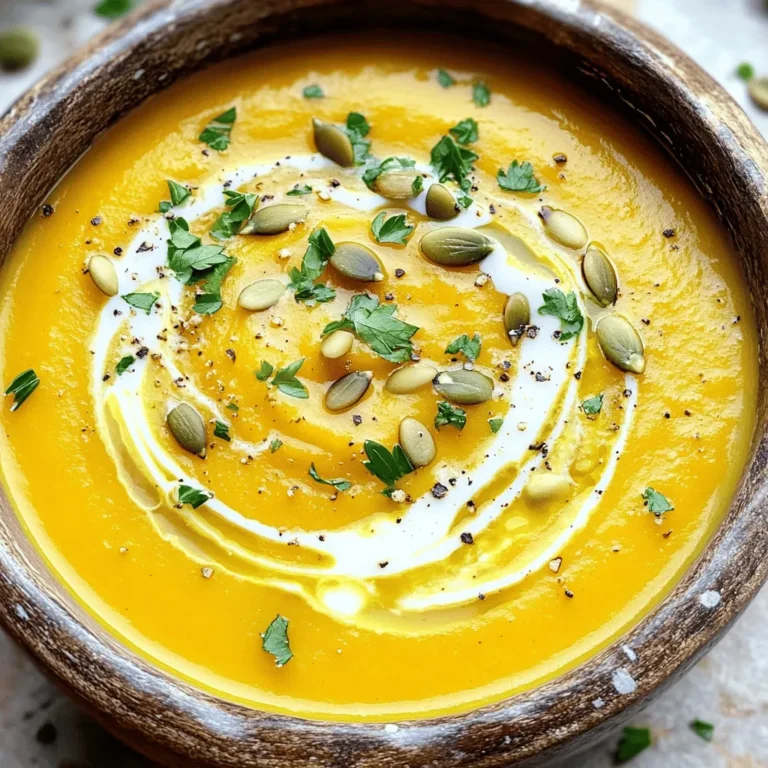 For a cozy bowl of roasted butternut squash soup, you will need: - 1 large butternut squash, peeled, seeded, and diced into 1-inch cubes - 1 medium onion, finely chopped - 3 cloves garlic, minced - 2 tablespoons extra virgin olive oil - 1 teaspoon ground cumin - 1/2 teaspoon ground nutmeg - 4 cups vegetable broth - Sea salt and freshly cracked black pepper, to taste - 1 cup coconut milk (or heavy cream for a richer option) - Fresh parsley or cilantro, chopped, for garnish - Optional: Toasted pumpkin seeds for garnish The key ingredients in this soup provide depth and warmth. The butternut squash serves as the main star. It brings a natural sweetness and creamy texture after roasting. The onion and garlic add savory notes. The spices, cumin and nutmeg, enhance the flavors with a hint of earthiness. The vegetable broth forms the base, making the soup rich. Lastly, the coconut milk or heavy cream enriches the texture, making each spoonful velvety. You can make your soup extra special with garnishes. Fresh herbs, like parsley or cilantro, add a pop of color. They also bring a fresh taste that brightens the dish. Toasted pumpkin seeds add crunch and a nutty flavor. Other options like a drizzle of extra virgin olive oil give a lovely finish. You can also try adding a pinch of chili flakes for a little heat. Each of these options makes the soup unique and fun. First, we need to set the stage for our soup. Preheat your oven to 400°F (200°C). This hot oven will help caramelize the squash. As it heats up, let’s prepare our ingredients. 1. Peel and seed the butternut squash. 2. Cut the squash into 1-inch cubes. 3. Chop the onion finely and mince the garlic. In a large bowl, toss the diced squash with olive oil, salt, pepper, cumin, and nutmeg. Make sure each piece gets a good coat. This step is key for flavor! Now it’s time to roast the squash. Spread the seasoned squash in a single layer on a baking sheet lined with parchment paper. Place it in the oven. Roast for 25-30 minutes. You want the squash to be fork-tender and a bit caramelized on the edges. This brings out the natural sweetness. While the squash is roasting, heat a splash of olive oil in a large pot over medium heat. Add the chopped onion and sauté for about 5 minutes. You want the onion to become soft and clear. Next, stir in the minced garlic. Cook for 1-2 minutes, just until it smells great. Be careful not to burn the garlic! Once the squash is done roasting, add it to the pot with the onions and garlic. Pour in the vegetable broth and bring it all to a gentle simmer. Let this mix simmer for about 10 minutes. This helps all the flavors blend nicely. For the final touch, blend the soup until smooth. You can use an immersion blender right in the pot or transfer it to a stand blender in batches. Finally, stir in the coconut milk for creaminess. Check the seasoning, and adjust with salt and pepper as needed. You can find the full recipe above to get all the details! Roasting butternut squash adds a rich flavor. Follow these steps for the best results: - Cut Evenly: Make sure to cut the squash into 1-inch cubes. This helps it cook evenly. - Use Enough Oil: Coat the squash well with olive oil. This enhances caramelization. - Don't Crowd the Pan: Spread the cubes in a single layer. Crowding can lead to steaming instead of roasting. - Check for Doneness: Roast until the squash is fork-tender. Look for a golden-brown color on the edges. The right texture makes your soup delightful. Here’s how to get it just right: - Blend Well: Use an immersion blender for a smooth finish. If using a stand blender, vent the lid to avoid splatter. - Adjust Liquid: If the soup is too thick, add more broth or coconut milk. Start with small amounts to avoid over-thinning. - Simmer: Let the soup simmer for 10 minutes after blending. This helps the flavors blend better. Boost the flavor of your soup with these tips: - Spice It Up: Add more cumin or nutmeg for depth. Adjust to your taste. - Fresh Herbs: Toss in fresh herbs like thyme or sage during blending. They add freshness. - Citrus Zest: A hint of lemon or orange zest brightens the soup. Just a little goes a long way. - Garnishes: Top with toasted pumpkin seeds or fresh parsley. This adds texture and visual appeal. These tips ensure your roasted butternut squash soup is tasty and inviting. For the full recipe, check below. {{image_4}} You can choose between coconut milk and heavy cream for a smooth soup. Coconut milk offers a light, sweet flavor. It works well if you want dairy-free options. Heavy cream gives a rich and thick texture. If you're looking for comfort, heavy cream is the way to go. Both choices make the soup creamy and delicious. I suggest trying both to see which one you prefer. If you love meat, there are tasty ways to add protein. You can stir in cooked chicken or turkey for a hearty meal. Shredded rotisserie chicken is a quick option. Another idea is to add crispy bacon bits for a smoky flavor. If you like sausage, try adding cooked and crumbled sausage. These options will make your soup more filling and satisfying. Don't be afraid to mix up the flavors in your soup. Fresh herbs like thyme or rosemary can bring a lovely aroma. You can add a pinch of cayenne for some heat. For a sweeter touch, try a bit of cinnamon or allspice. Experimenting with different spices can lead to new favorite flavors. Consider adding a splash of apple cider for a sweet and tangy twist. Make your soup your own by trying out new herbs and spices! To store your roasted butternut squash soup, let it cool first. Use airtight containers to keep your soup fresh. It will last in the fridge for about 4-5 days. Always label your containers with the date, so you know when to use them. If you want to freeze the soup, use freezer-safe containers. Leave some space at the top of each container. The soup will expand as it freezes. You can freeze it for up to 3 months. To use, just thaw it in the fridge overnight before reheating. When you are ready to enjoy the soup, reheat it gently. Pour the soup into a pot and warm it over low heat. Stir it often to keep it smooth. If the soup seems thick, add a little water or broth to thin it out. Taste it again and adjust the seasoning if needed. This way, you will keep the soup flavorful and cozy! To make this soup vegan, simply replace the coconut milk with more vegetable broth. You can also skip the cream altogether. The soup will still taste great and stay creamy with the butternut squash and seasonings. You can enhance the flavor by adding a splash of lemon juice or more spices. Yes, you can use frozen butternut squash. It saves time and effort. Just thaw it before use. You may need to adjust roasting time. If you skip roasting, sauté the frozen squash directly in the pot with the onions and garlic. This keeps the soup flavorful and smooth. Butternut squash is rich in vitamins A and C. It's full of fiber, which aids digestion. This squash helps boost your immune system, thanks to its antioxidants. It’s low in calories and makes a filling meal. Using it in soups can support your health while keeping you warm and cozy. Roasted butternut squash soup is simple and tasty. We explored its key ingredients, cooking steps, and helpful tips. I shared ways to substitute for creaminess and add protein. Proper storage and reheating keep your soup fresh and delicious. As you try making this soup, remember to experiment with flavors. Adjust the recipe to fit your taste. Enjoy every warm and comforting bowl you create!