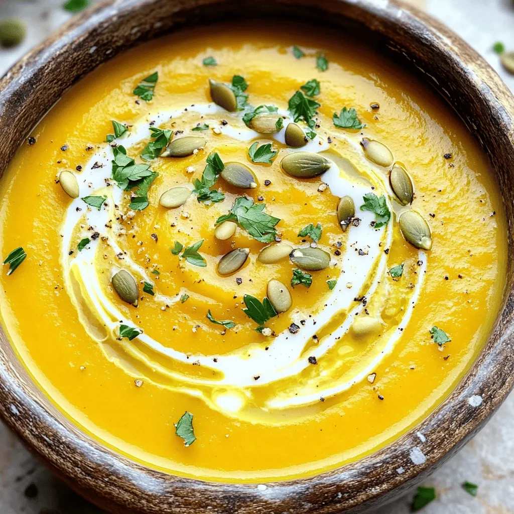 For a cozy bowl of roasted butternut squash soup, you will need: - 1 large butternut squash, peeled, seeded, and diced into 1-inch cubes - 1 medium onion, finely chopped - 3 cloves garlic, minced - 2 tablespoons extra virgin olive oil - 1 teaspoon ground cumin - 1/2 teaspoon ground nutmeg - 4 cups vegetable broth - Sea salt and freshly cracked black pepper, to taste - 1 cup coconut milk (or heavy cream for a richer option) - Fresh parsley or cilantro, chopped, for garnish - Optional: Toasted pumpkin seeds for garnish The key ingredients in this soup provide depth and warmth. The butternut squash serves as the main star. It brings a natural sweetness and creamy texture after roasting. The onion and garlic add savory notes. The spices, cumin and nutmeg, enhance the flavors with a hint of earthiness. The vegetable broth forms the base, making the soup rich. Lastly, the coconut milk or heavy cream enriches the texture, making each spoonful velvety. You can make your soup extra special with garnishes. Fresh herbs, like parsley or cilantro, add a pop of color. They also bring a fresh taste that brightens the dish. Toasted pumpkin seeds add crunch and a nutty flavor. Other options like a drizzle of extra virgin olive oil give a lovely finish. You can also try adding a pinch of chili flakes for a little heat. Each of these options makes the soup unique and fun. First, we need to set the stage for our soup. Preheat your oven to 400°F (200°C). This hot oven will help caramelize the squash. As it heats up, let’s prepare our ingredients. 1. Peel and seed the butternut squash. 2. Cut the squash into 1-inch cubes. 3. Chop the onion finely and mince the garlic. In a large bowl, toss the diced squash with olive oil, salt, pepper, cumin, and nutmeg. Make sure each piece gets a good coat. This step is key for flavor! Now it’s time to roast the squash. Spread the seasoned squash in a single layer on a baking sheet lined with parchment paper. Place it in the oven. Roast for 25-30 minutes. You want the squash to be fork-tender and a bit caramelized on the edges. This brings out the natural sweetness. While the squash is roasting, heat a splash of olive oil in a large pot over medium heat. Add the chopped onion and sauté for about 5 minutes. You want the onion to become soft and clear. Next, stir in the minced garlic. Cook for 1-2 minutes, just until it smells great. Be careful not to burn the garlic! Once the squash is done roasting, add it to the pot with the onions and garlic. Pour in the vegetable broth and bring it all to a gentle simmer. Let this mix simmer for about 10 minutes. This helps all the flavors blend nicely. For the final touch, blend the soup until smooth. You can use an immersion blender right in the pot or transfer it to a stand blender in batches. Finally, stir in the coconut milk for creaminess. Check the seasoning, and adjust with salt and pepper as needed. You can find the full recipe above to get all the details! Roasting butternut squash adds a rich flavor. Follow these steps for the best results: - Cut Evenly: Make sure to cut the squash into 1-inch cubes. This helps it cook evenly. - Use Enough Oil: Coat the squash well with olive oil. This enhances caramelization. - Don't Crowd the Pan: Spread the cubes in a single layer. Crowding can lead to steaming instead of roasting. - Check for Doneness: Roast until the squash is fork-tender. Look for a golden-brown color on the edges. The right texture makes your soup delightful. Here’s how to get it just right: - Blend Well: Use an immersion blender for a smooth finish. If using a stand blender, vent the lid to avoid splatter. - Adjust Liquid: If the soup is too thick, add more broth or coconut milk. Start with small amounts to avoid over-thinning. - Simmer: Let the soup simmer for 10 minutes after blending. This helps the flavors blend better. Boost the flavor of your soup with these tips: - Spice It Up: Add more cumin or nutmeg for depth. Adjust to your taste. - Fresh Herbs: Toss in fresh herbs like thyme or sage during blending. They add freshness. - Citrus Zest: A hint of lemon or orange zest brightens the soup. Just a little goes a long way. - Garnishes: Top with toasted pumpkin seeds or fresh parsley. This adds texture and visual appeal. These tips ensure your roasted butternut squash soup is tasty and inviting. For the full recipe, check below. {{image_4}} You can choose between coconut milk and heavy cream for a smooth soup. Coconut milk offers a light, sweet flavor. It works well if you want dairy-free options. Heavy cream gives a rich and thick texture. If you're looking for comfort, heavy cream is the way to go. Both choices make the soup creamy and delicious. I suggest trying both to see which one you prefer. If you love meat, there are tasty ways to add protein. You can stir in cooked chicken or turkey for a hearty meal. Shredded rotisserie chicken is a quick option. Another idea is to add crispy bacon bits for a smoky flavor. If you like sausage, try adding cooked and crumbled sausage. These options will make your soup more filling and satisfying. Don't be afraid to mix up the flavors in your soup. Fresh herbs like thyme or rosemary can bring a lovely aroma. You can add a pinch of cayenne for some heat. For a sweeter touch, try a bit of cinnamon or allspice. Experimenting with different spices can lead to new favorite flavors. Consider adding a splash of apple cider for a sweet and tangy twist. Make your soup your own by trying out new herbs and spices! To store your roasted butternut squash soup, let it cool first. Use airtight containers to keep your soup fresh. It will last in the fridge for about 4-5 days. Always label your containers with the date, so you know when to use them. If you want to freeze the soup, use freezer-safe containers. Leave some space at the top of each container. The soup will expand as it freezes. You can freeze it for up to 3 months. To use, just thaw it in the fridge overnight before reheating. When you are ready to enjoy the soup, reheat it gently. Pour the soup into a pot and warm it over low heat. Stir it often to keep it smooth. If the soup seems thick, add a little water or broth to thin it out. Taste it again and adjust the seasoning if needed. This way, you will keep the soup flavorful and cozy! To make this soup vegan, simply replace the coconut milk with more vegetable broth. You can also skip the cream altogether. The soup will still taste great and stay creamy with the butternut squash and seasonings. You can enhance the flavor by adding a splash of lemon juice or more spices. Yes, you can use frozen butternut squash. It saves time and effort. Just thaw it before use. You may need to adjust roasting time. If you skip roasting, sauté the frozen squash directly in the pot with the onions and garlic. This keeps the soup flavorful and smooth. Butternut squash is rich in vitamins A and C. It's full of fiber, which aids digestion. This squash helps boost your immune system, thanks to its antioxidants. It’s low in calories and makes a filling meal. Using it in soups can support your health while keeping you warm and cozy. Roasted butternut squash soup is simple and tasty. We explored its key ingredients, cooking steps, and helpful tips. I shared ways to substitute for creaminess and add protein. Proper storage and reheating keep your soup fresh and delicious. As you try making this soup, remember to experiment with flavors. Adjust the recipe to fit your taste. Enjoy every warm and comforting bowl you create!