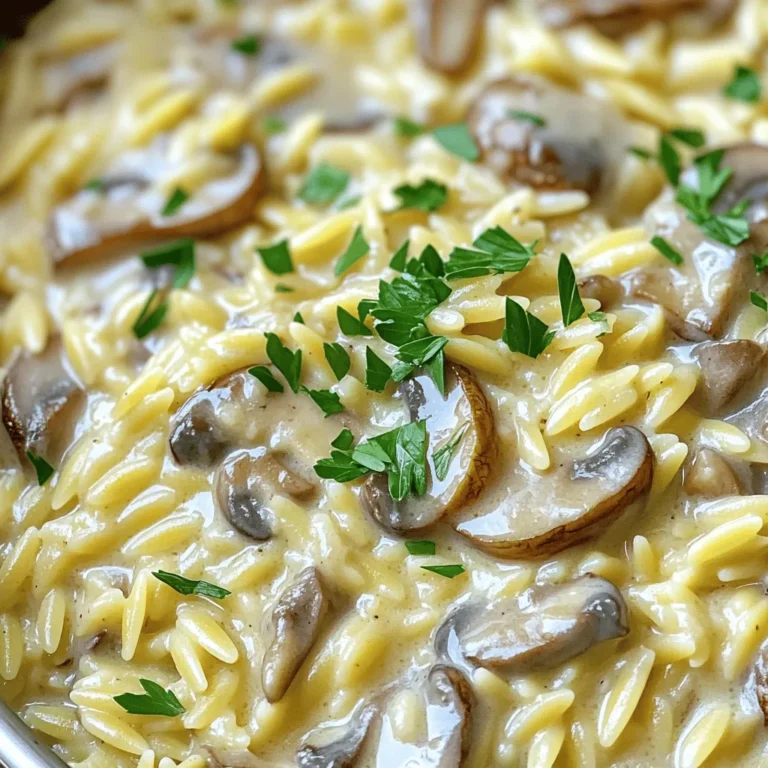 To create a delicious One Pot Creamy Mushroom Orzo, you need just a few key ingredients. This dish is simple, yet it packs a lot of flavor. You’ll enjoy the rich creaminess and earthy mushrooms in every bite. - Orzo Pasta - This small, rice-shaped pasta cooks quickly and absorbs flavors well. - It gives the dish a nice texture. - Vegetables and Seasonings - Use 1 medium onion, finely chopped, for sweetness. - Add 2 garlic cloves, minced, to enhance the aroma. - 8 ounces of sliced mushrooms (cremini or button) bring an earthy taste. - Dried thyme adds a warm, herbal note. - Season with 1/2 teaspoon salt and 1/4 teaspoon black pepper for balance. - Dairy and Garnish - 1 cup of heavy cream makes the dish rich and creamy. - Stir in 1/2 cup of grated Parmesan cheese for a savory finish. - Finally, sprinkle fresh chopped parsley on top for color and freshness. These ingredients work together to create a comforting meal. You can find the full recipe and step-by-step instructions to make this dish. To make your One Pot Creamy Mushroom Orzo, start by gathering all your ingredients. Here’s what you need: - 1 cup orzo pasta - 2 tablespoons olive oil - 1 medium onion, finely chopped - 2 garlic cloves, minced - 8 ounces mushrooms (cremini or button), sliced - 3 cups vegetable broth - 1 cup heavy cream - 1 teaspoon dried thyme - 1/2 teaspoon salt - 1/4 teaspoon black pepper - 1/2 cup grated Parmesan cheese - Fresh parsley, chopped, for garnish Sautéing the Aromatics Heat the olive oil in a large pot over medium heat. Once hot, add the chopped onion. Cook for about 4-5 minutes until the onion turns soft and clear. Next, add the minced garlic and sliced mushrooms. Stir and cook for 5-7 minutes. You want the mushrooms to brown and lose their liquid. This step adds depth to your dish. Incorporating Orzo and Broth Now, add the orzo pasta. Stir it well with the onions and mushrooms. Toast the orzo for 1-2 minutes to soak up those great flavors. Carefully pour in the vegetable broth and heavy cream. Add the dried thyme, salt, and black pepper. Mix everything well to combine all the ingredients. Finalizing the Dish Raise the heat to bring the mixture to a gentle simmer. Once it simmers, reduce the heat to low. Cover the pot and let it cook for 10-12 minutes, stirring occasionally. This helps the orzo cook al dente and thickens the sauce. Once cooked, take the pot off the heat. Stir in the grated Parmesan cheese until it melts. The sauce will become creamy and rich. Let the dish rest for a few minutes. This helps the sauce thicken even more. Serve your creamy mushroom orzo hot and garnish with fresh parsley. Enjoy this comforting dish! When you make one pot creamy mushroom orzo, a few mistakes can spoil the dish. First, don’t skip toasting the orzo. This step adds a nice nutty flavor. If you rush this, you miss that taste. Second, stir the pot often. This keeps the orzo from sticking to the bottom. Lastly, don’t skip resting the dish before serving. This thickens the sauce and enhances the flavor. To make your creamy mushroom orzo even better, consider these tips. If you want a lighter dish, switch heavy cream for half-and-half or coconut cream. Both options keep it creamy but lower in fat. You can also try cashew cream for a nutty taste. If you need a dairy-free option, almond milk works well, too. Fresh herbs can boost the flavor of your orzo. Try using thyme, basil, or even chives. Just chop them finely and add them at the end. This adds a fresh kick that dried herbs can’t match. You can also sprinkle some on top before serving for a beautiful look. Use these tips, and your one pot creamy mushroom orzo will shine! For the full recipe, check out the above section. {{image_4}} You can easily add protein to your one pot creamy mushroom orzo. Try cooked chicken, shrimp, or sausage. Simply sauté the protein with the onions and mushrooms. For a simple swap, add canned beans or lentils for a hearty touch. These options make the dish filling and satisfying. If you want a vegetarian or vegan version, use vegetable broth and plant-based cream. Swap the Parmesan cheese for nutritional yeast for a cheesy flavor. You can also try vegan cheese or cashew cream. These changes keep the dish creamy and delicious. - Flavor Enhancements with Spices Spices add depth and warmth. Consider adding garlic powder, smoked paprika, or a pinch of nutmeg. You can also sprinkle red pepper flakes for heat. These spices enhance the overall flavor and make the dish unique. - Different Cheese Options You have many cheese options to try. Use goat cheese for tanginess or mozzarella for a stretchy texture. Feta cheese can add a salty kick. Each cheese brings its own flavor and makes the dish exciting. For the full recipe, check out the One Pot Creamy Mushroom Orzo . After making your One Pot Creamy Mushroom Orzo, you can store leftovers easily. First, let the dish cool down to room temperature. Then, transfer it into an airtight container. This helps keep the orzo fresh for up to three days in the fridge. Be sure to press out any air before sealing. If you want to keep it longer, freezing is a great option. When you want to enjoy your creamy orzo again, reheating is simple. You can use a microwave or a stovetop. For the microwave, place the orzo in a bowl, cover it with a damp paper towel, and heat for about 1-2 minutes. Stir halfway through for even heating. On the stovetop, add a splash of broth or cream to a pan. Heat over low heat, stirring often, until warmed through. If you decide to freeze your dish, it’s best to do this right after cooking. Scoop the cooled orzo into freezer-safe containers. Leave some space at the top, as the orzo will expand when frozen. You can freeze it for up to two months. To defrost, move it to the fridge overnight or microwave it directly from the freezer. Just remember to add a bit of liquid when reheating to keep it creamy. Yes, you can make One Pot Creamy Mushroom Orzo ahead of time. Cook the dish, then let it cool. Store it in an airtight container in the fridge for up to three days. When you are ready to eat, simply reheat it on the stove over low heat. Add a splash of broth or cream to restore creaminess. This dish pairs well with many sides. A crisp green salad adds freshness. You can also serve it with roasted vegetables or garlic bread. For protein, grilled chicken or shrimp complements the orzo nicely. - How do I store leftovers? To store leftovers, let the orzo cool completely. Place it in a sealed container. Keep it in the fridge for up to three days. If you want to freeze it, use a freezer-safe container. It can last for up to three months in the freezer. - Can I use other types of pasta? Yes, you can use different pasta shapes. Smaller shapes like rice or small shells work well. Just adjust the cooking time based on the pasta you choose. Always check the package for precise cooking times. This article covered how to make a delicious one pot creamy mushroom orzo. We discussed key ingredients, step-by-step instructions, and tips to avoid mistakes. You learned about variations for protein and storage techniques. In conclusion, this dish is easy to customize and store. You have the skills to make a great meal. Enjoy experimenting with flavors and share your results!