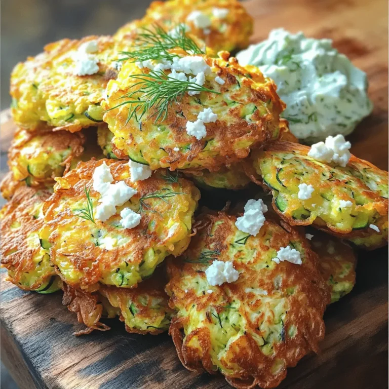 - 2 medium zucchinis, grated - 1 cup feta cheese, crumbled - 1/2 cup all-purpose flour - 1 teaspoon salt - 1/2 teaspoon black pepper - 1/2 teaspoon garlic powder - 1/2 cup fresh dill, chopped - 1/2 cup green onions, finely chopped - 2 large eggs - Olive oil, for frying To make Greek zucchini fritters, you need fresh and simple ingredients. Start with two medium zucchinis. Grate them finely and set them aside. This step is crucial because zucchini holds a lot of water. Next, grab a cup of feta cheese. Crumble it into small pieces to add a salty, creamy punch. You will also need half a cup of all-purpose flour. This helps bind the fritters together. For seasoning, use one teaspoon of salt, half a teaspoon of black pepper, and half a teaspoon of garlic powder. This mixture will give your fritters a nice flavor. Don’t forget the herbs! A half cup of fresh dill and a half cup of finely chopped green onions add freshness. Finally, you need two large eggs to hold everything together. For frying, have olive oil on hand. These ingredients come together to create a dish that is tasty and simple. For the full recipe, check the detailed instructions. First, grate the zucchinis into a large bowl. Sprinkle 1 teaspoon of salt over the grated zucchini. Let it rest for about 10 minutes. This step helps pull out moisture from the zucchini, which is key for great fritters. After 10 minutes, take a clean kitchen towel. Wrap the zucchini and squeeze it gently. Remove as much liquid as you can. This makes the fritters crispier. In another bowl, mix the squeezed zucchini with crumbled feta cheese, chopped dill, and finely chopped green onions. Add the flour, eggs, black pepper, and garlic powder. Stir everything well until you have a smooth batter. Now, heat about 1/4 inch of olive oil in a skillet over medium heat. The oil should be hot enough that a small drop of batter sizzles when added. Using a spoon, drop spoonfuls of the batter into the hot oil. Flatten each fritter slightly with the back of the spoon. Be careful not to overcrowd the pan; fry in batches if needed. Cook for about 3-4 minutes on each side. You want them to be golden brown and crispy. Once done, place the fritters on a plate lined with paper towels to soak up extra oil. Serve them warm. For extra flavor, top with more crumbled feta and a dollop of Greek yogurt or tzatziki sauce. Enjoy your tasty Greek Zucchini Fritters! For the full recipe, check [Full Recipe]. To make great Greek zucchini fritters, start by squeezing out excess moisture from the grated zucchini. After salting, let the zucchini sit for ten minutes. This helps draw out the water. Next, use a clean towel to squeeze the zucchini until it feels dry. If you skip this step, the fritters might turn out soggy. Adjust cooking time for crispiness. Fry the fritters for three to four minutes on each side. If your fritters are not crispy, try increasing the heat slightly. But be careful! Too high a heat can burn them. Garnishing can elevate your fritters. Try crumbled feta cheese on top. Fresh dill adds a nice touch too. A dollop of Greek yogurt or tzatziki sauce pairs perfectly. These add creaminess and flavor. For side dishes, think about serving a light salad. A fresh cucumber salad or a simple tomato salad works well. These sides balance the rich flavors of the fritters. Using the right frying pan is key. A non-stick skillet helps with even cooking. It also makes flipping the fritters easier. For shaping and flipping, have a spatula handy. A spoon works well for dropping the batter into the oil. If you want uniform fritters, use an ice cream scoop. This helps you get the same size every time. For the full recipe, check out the details above. Enjoy your cooking! {{image_4}} You can switch up the cheese in your fritters. Goat cheese adds a tangy flavor that pairs well with zucchini. If you want a milder taste, use mozzarella. Fresh herbs can also change the taste. Adding parsley gives a fresh touch, while mint adds a sweet note. Experiment with both for a unique twist! You can bake your fritters instead of frying them. This method cuts down the oil and keeps them light. Preheat your oven to 400°F (200°C). Place the fritters on a baking sheet and lightly spray them with oil. Bake for around 20 minutes, flipping halfway for an even cook. If you own an air fryer, use it for a crispier finish. Set your air fryer to 375°F (190°C). Cook the fritters in a single layer for about 10 minutes. Shake the basket halfway through to ensure they cook evenly. Serve your fritters on a bed of fresh salad. This adds crunch and freshness to your meal. You can top them with diced tomatoes, cucumber, and a drizzle of olive oil. Pair your fritters with different dipping sauces. Tzatziki is a classic choice, but you can try a spicy yogurt dip or a sweet chili sauce. These sauces will elevate the flavors and make your dish even more enjoyable. For the full recipe, check out the complete guide on Greek Zucchini Fritters! To store your Greek zucchini fritters, first let them cool completely. Place them in an airtight container. This keeps them fresh and tasty. Refrigerate the fritters for up to three days. If you want to keep them longer, freezing is a great option. To reheat your fritters, use an oven or skillet. Preheat your oven to 350°F (175°C). Place the fritters on a baking sheet for about 10 minutes. This will keep them crispy. If you use a skillet, add a bit of olive oil. Heat on medium until they are warm and crispy. Avoid microwaving, as this can make them soggy. You can freeze the fritters before or after cooking. To freeze before cooking, shape the fritters and place them on a baking sheet. Freeze them for about an hour. Then, transfer them to a freezer bag. To freeze after cooking, let them cool completely first. Then, store them in an airtight container. For thawing, place them in the fridge overnight. Reheat them in the oven or skillet for best results. Enjoy your Greek zucchini fritters any time! For the complete recipe, check the Full Recipe. To keep your zucchini fritters from falling apart, you must remove excess moisture. Grate the zucchinis and sprinkle them with salt. Let them rest for about 10 minutes. This helps draw out water. Afterward, use a clean towel to squeeze out the liquid. The drier the zucchini, the better the fritters will hold together. Next, bind the mixture well. Use enough flour and eggs to hold everything together. The flour acts as a glue, while the eggs provide structure. If your batter feels too loose, add a bit more flour until it thickens. Yes, you can make the batter ahead of time. Store it in the fridge for up to two hours. This way, you save time when you are ready to fry. Just remember that fresh batter is best for frying. If you wait too long, the zucchini may release more moisture. Give the batter a quick stir before cooking. Greek zucchini fritters are great with several sides. You can serve them with Greek yogurt or tzatziki sauce. These dips add a cool and creamy contrast. A simple salad with tomatoes and cucumbers pairs well too. For a heartier meal, try serving them with grilled chicken or lamb. To make gluten-free zucchini fritters, swap the all-purpose flour for a gluten-free flour blend. You can also use almond flour or chickpea flour. These options work well and provide a nice flavor. Just keep in mind that different flours absorb moisture differently. You may need to adjust the amount based on your chosen flour. Start with the same amount and tweak as needed for the right batter consistency. For the best results, follow the Full Recipe for guidance. In this article, we explored making delicious Greek zucchini fritters. You learned about key ingredients, preparation steps, and helpful tips. I also shared variations to suit your taste and how to store leftovers. These fritters are easy to make and can be adjusted for different diets. Enjoy the tasty result and impress your family or friends. Happy cooking!