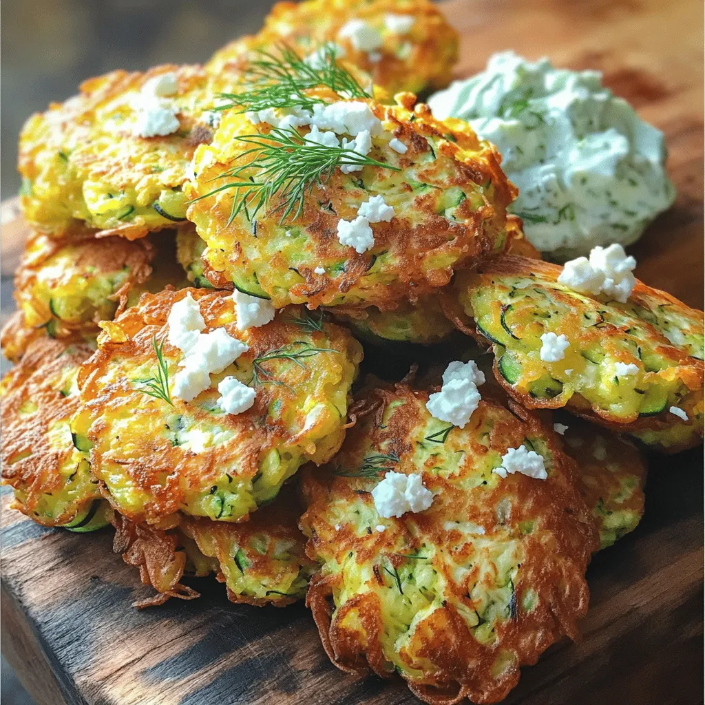 - 2 medium zucchinis, grated - 1 cup feta cheese, crumbled - 1/2 cup all-purpose flour - 1 teaspoon salt - 1/2 teaspoon black pepper - 1/2 teaspoon garlic powder - 1/2 cup fresh dill, chopped - 1/2 cup green onions, finely chopped - 2 large eggs - Olive oil, for frying To make Greek zucchini fritters, you need fresh and simple ingredients. Start with two medium zucchinis. Grate them finely and set them aside. This step is crucial because zucchini holds a lot of water. Next, grab a cup of feta cheese. Crumble it into small pieces to add a salty, creamy punch. You will also need half a cup of all-purpose flour. This helps bind the fritters together. For seasoning, use one teaspoon of salt, half a teaspoon of black pepper, and half a teaspoon of garlic powder. This mixture will give your fritters a nice flavor. Don’t forget the herbs! A half cup of fresh dill and a half cup of finely chopped green onions add freshness. Finally, you need two large eggs to hold everything together. For frying, have olive oil on hand. These ingredients come together to create a dish that is tasty and simple. For the full recipe, check the detailed instructions. First, grate the zucchinis into a large bowl. Sprinkle 1 teaspoon of salt over the grated zucchini. Let it rest for about 10 minutes. This step helps pull out moisture from the zucchini, which is key for great fritters. After 10 minutes, take a clean kitchen towel. Wrap the zucchini and squeeze it gently. Remove as much liquid as you can. This makes the fritters crispier. In another bowl, mix the squeezed zucchini with crumbled feta cheese, chopped dill, and finely chopped green onions. Add the flour, eggs, black pepper, and garlic powder. Stir everything well until you have a smooth batter. Now, heat about 1/4 inch of olive oil in a skillet over medium heat. The oil should be hot enough that a small drop of batter sizzles when added. Using a spoon, drop spoonfuls of the batter into the hot oil. Flatten each fritter slightly with the back of the spoon. Be careful not to overcrowd the pan; fry in batches if needed. Cook for about 3-4 minutes on each side. You want them to be golden brown and crispy. Once done, place the fritters on a plate lined with paper towels to soak up extra oil. Serve them warm. For extra flavor, top with more crumbled feta and a dollop of Greek yogurt or tzatziki sauce. Enjoy your tasty Greek Zucchini Fritters! For the full recipe, check [Full Recipe]. To make great Greek zucchini fritters, start by squeezing out excess moisture from the grated zucchini. After salting, let the zucchini sit for ten minutes. This helps draw out the water. Next, use a clean towel to squeeze the zucchini until it feels dry. If you skip this step, the fritters might turn out soggy. Adjust cooking time for crispiness. Fry the fritters for three to four minutes on each side. If your fritters are not crispy, try increasing the heat slightly. But be careful! Too high a heat can burn them. Garnishing can elevate your fritters. Try crumbled feta cheese on top. Fresh dill adds a nice touch too. A dollop of Greek yogurt or tzatziki sauce pairs perfectly. These add creaminess and flavor. For side dishes, think about serving a light salad. A fresh cucumber salad or a simple tomato salad works well. These sides balance the rich flavors of the fritters. Using the right frying pan is key. A non-stick skillet helps with even cooking. It also makes flipping the fritters easier. For shaping and flipping, have a spatula handy. A spoon works well for dropping the batter into the oil. If you want uniform fritters, use an ice cream scoop. This helps you get the same size every time. For the full recipe, check out the details above. Enjoy your cooking! {{image_4}} You can switch up the cheese in your fritters. Goat cheese adds a tangy flavor that pairs well with zucchini. If you want a milder taste, use mozzarella. Fresh herbs can also change the taste. Adding parsley gives a fresh touch, while mint adds a sweet note. Experiment with both for a unique twist! You can bake your fritters instead of frying them. This method cuts down the oil and keeps them light. Preheat your oven to 400°F (200°C). Place the fritters on a baking sheet and lightly spray them with oil. Bake for around 20 minutes, flipping halfway for an even cook. If you own an air fryer, use it for a crispier finish. Set your air fryer to 375°F (190°C). Cook the fritters in a single layer for about 10 minutes. Shake the basket halfway through to ensure they cook evenly. Serve your fritters on a bed of fresh salad. This adds crunch and freshness to your meal. You can top them with diced tomatoes, cucumber, and a drizzle of olive oil. Pair your fritters with different dipping sauces. Tzatziki is a classic choice, but you can try a spicy yogurt dip or a sweet chili sauce. These sauces will elevate the flavors and make your dish even more enjoyable. For the full recipe, check out the complete guide on Greek Zucchini Fritters! To store your Greek zucchini fritters, first let them cool completely. Place them in an airtight container. This keeps them fresh and tasty. Refrigerate the fritters for up to three days. If you want to keep them longer, freezing is a great option. To reheat your fritters, use an oven or skillet. Preheat your oven to 350°F (175°C). Place the fritters on a baking sheet for about 10 minutes. This will keep them crispy. If you use a skillet, add a bit of olive oil. Heat on medium until they are warm and crispy. Avoid microwaving, as this can make them soggy. You can freeze the fritters before or after cooking. To freeze before cooking, shape the fritters and place them on a baking sheet. Freeze them for about an hour. Then, transfer them to a freezer bag. To freeze after cooking, let them cool completely first. Then, store them in an airtight container. For thawing, place them in the fridge overnight. Reheat them in the oven or skillet for best results. Enjoy your Greek zucchini fritters any time! For the complete recipe, check the Full Recipe. To keep your zucchini fritters from falling apart, you must remove excess moisture. Grate the zucchinis and sprinkle them with salt. Let them rest for about 10 minutes. This helps draw out water. Afterward, use a clean towel to squeeze out the liquid. The drier the zucchini, the better the fritters will hold together. Next, bind the mixture well. Use enough flour and eggs to hold everything together. The flour acts as a glue, while the eggs provide structure. If your batter feels too loose, add a bit more flour until it thickens. Yes, you can make the batter ahead of time. Store it in the fridge for up to two hours. This way, you save time when you are ready to fry. Just remember that fresh batter is best for frying. If you wait too long, the zucchini may release more moisture. Give the batter a quick stir before cooking. Greek zucchini fritters are great with several sides. You can serve them with Greek yogurt or tzatziki sauce. These dips add a cool and creamy contrast. A simple salad with tomatoes and cucumbers pairs well too. For a heartier meal, try serving them with grilled chicken or lamb. To make gluten-free zucchini fritters, swap the all-purpose flour for a gluten-free flour blend. You can also use almond flour or chickpea flour. These options work well and provide a nice flavor. Just keep in mind that different flours absorb moisture differently. You may need to adjust the amount based on your chosen flour. Start with the same amount and tweak as needed for the right batter consistency. For the best results, follow the Full Recipe for guidance. In this article, we explored making delicious Greek zucchini fritters. You learned about key ingredients, preparation steps, and helpful tips. I also shared variations to suit your taste and how to store leftovers. These fritters are easy to make and can be adjusted for different diets. Enjoy the tasty result and impress your family or friends. Happy cooking!