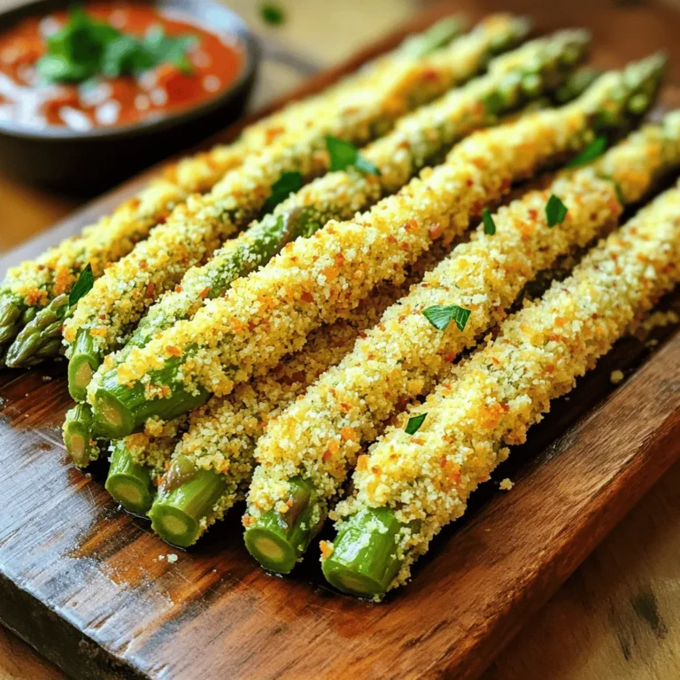- 1 bunch of fresh asparagus, trimmed (about 16-20 spears) - 1 cup freshly grated Parmesan cheese - 1/2 cup panko breadcrumbs - 3 cloves garlic, finely minced - 1 teaspoon garlic powder - 1/2 teaspoon fine sea salt - 1/4 teaspoon freshly ground black pepper - 2 large eggs, lightly beaten - 2 tablespoons extra virgin olive oil - 1 tablespoon fresh parsley, finely chopped For the best flavor, choose fresh asparagus that is bright green with firm stalks. Look for Parmesan cheese that you grate yourself. Pre-grated cheese often lacks the rich taste you want. When selecting panko breadcrumbs, ensure they are light and airy for that perfect crunch. It’s important to use fresh garlic for the best taste. Always measure your ingredients accurately for consistent results. Each serving of Garlic Parmesan Asparagus Fries offers a tasty balance of nutrients. These fries are low in calories and high in vitamins A and C. They provide healthy fats from olive oil and protein from eggs and cheese. One serving typically contains around 200 calories, 10g of protein, and 15g of fat. This makes them a healthier alternative to regular fries. Enjoy them guilt-free as a snack or side dish! To make Garlic Parmesan Asparagus Fries, start by gathering your ingredients. You will need fresh asparagus, Parmesan cheese, panko breadcrumbs, garlic, eggs, and olive oil. Next, preheat your oven to 425°F (220°C) and line a baking sheet with parchment paper for easy cleanup. In a shallow bowl, mix the panko breadcrumbs, grated Parmesan cheese, minced garlic, garlic powder, sea salt, and black pepper. Stir well to combine all the flavors. In another bowl, beat the eggs until they are smooth and a bit frothy. Now, take each asparagus spear and dip it in the egg mixture. Make sure to coat it well, but let any extra egg drip off. Then, roll the asparagus in the breadcrumb mix, pressing gently to ensure an even coat. Place the coated spears on your prepared baking sheet in a single layer. Drizzle the olive oil over the asparagus. This helps them get that nice crispy texture as they bake. Place the baking sheet in your oven. Bake the asparagus fries for about 15 to 20 minutes. Keep checking until they are fork-tender and the coating is a beautiful golden brown. Once done, take the baking sheet out of the oven. Let the fries cool for a few minutes. This step is important as it helps them crisp up even more. For a lovely presentation, serve your Garlic Parmesan Asparagus Fries on a long platter. Add a small bowl of marinara sauce or garlic aioli for dipping. This adds a tasty twist that everyone will love. Finally, sprinkle some fresh parsley on top for a touch of color and flavor. For the full recipe and more details, check out the [Full Recipe]. To get your Garlic Parmesan Asparagus Fries crispy, follow a few steps. First, use fresh asparagus. The fresher, the better! Next, coat each spear well with the egg and breadcrumb mixture. This helps the coating stick. Press the breadcrumbs onto the asparagus for a nice layer. Finally, drizzle olive oil over the fries. This adds flavor and aids crispiness. I’ve seen a few common mistakes in the kitchen. One is overcrowding the baking sheet. It causes steaming, making your fries soggy. Arrange the asparagus in a single layer. Another mistake is not preheating the oven. A hot oven ensures that the fries cook evenly. Lastly, don’t skip the panko breadcrumbs. They give the perfect crunch. Garnishing adds fun to your dish. Try these ideas to elevate your fries! First, sprinkle more parsley for color. You can also add lemon zest for a fresh taste. If you like heat, sprinkle some red pepper flakes on top. For a dip, serve marinara sauce or a creamy garlic aioli. These little touches make your Garlic Parmesan Asparagus Fries stand out. For the full recipe, check out the earlier section. {{image_4}} You can easily make these fries vegan. Instead of eggs, use a flax egg. Mix one tablespoon of ground flaxseed with three tablespoons of water. Let it sit for a few minutes to thicken. This mixture works great to bind the panko and cheese. For cheese, try using a vegan Parmesan. It adds flavor without dairy. This way, everyone can enjoy these tasty fries! To make Garlic Parmesan Asparagus Fries gluten-free, swap regular breadcrumbs for gluten-free panko. You can also use crushed nuts or almond flour. Both options give a nice crunch. Just ensure all your ingredients are gluten-free. This way, you can enjoy these fries without worry. Want to spice things up? Add some cayenne pepper or chili flakes to the breadcrumb mixture. This gives your fries a nice kick. You can also mix in some dried herbs like oregano or thyme. Fresh herbs like rosemary can add an amazing flavor too. Feel free to experiment and find your favorite taste! For the full recipe, check out the detailed instructions above. You can store leftover Garlic Parmesan Asparagus Fries in the fridge. Use an airtight container. They will stay fresh for up to three days. Make sure the fries are cool before sealing the container. This helps keep them crisp. To reheat, use an oven or air fryer. Preheat the oven to 350°F (175°C). Place the fries on a baking sheet. Heat for about 10 minutes. This keeps them crispy. Avoid using the microwave, as it makes them soggy. You can freeze these fries for later use. First, let them cool completely. Then, place them in a freezer-safe bag. Remove as much air as possible. They can last for up to three months. When ready to eat, bake from frozen at 425°F (220°C) for 20-25 minutes. Enjoy the crunch just like fresh! To make Garlic Parmesan Asparagus Fries, you start by preheating your oven to 425°F (220°C). Next, line a baking sheet with parchment paper. This helps with easy cleanup. Combine panko breadcrumbs, grated Parmesan cheese, minced garlic, garlic powder, sea salt, and black pepper in a shallow bowl. Mix them well. In another bowl, beat two eggs until they look frothy. Dip each asparagus spear into the eggs, letting the excess drip off. Roll them in the breadcrumb mix, ensuring they are coated evenly. Place the spears on the baking sheet in one layer. Drizzle olive oil on top. Bake for 15-20 minutes until crispy and golden. Finally, sprinkle fresh parsley on top for a nice finish. For the full recipe, check out the detailed instructions above. Yes, you can use frozen asparagus, but it may not be as crisp. Frozen asparagus tends to have more moisture. This can lead to soggy fries. If you use frozen asparagus, thaw and drain it well before coating. Pat it dry with a paper towel to remove excess water. This step helps keep the fries crispy when baked. If you need a substitute for Parmesan cheese, try nutritional yeast for a vegan option. It has a cheesy flavor and works well in this recipe. Grated Pecorino Romano offers a similar taste, though it is saltier. If you want a milder cheese, use grated mozzarella. Just remember, the flavor may change with these swaps, but they will still be tasty! This guide covers all you need for perfect Garlic Parmesan Asparagus Fries. We explored key ingredients, measurements, and nutrition. I provided step-by-step instructions to help you bake and serve. Plus, we shared tips for crispiness, mistakes to watch for, and fun garnishing ideas. In the end, try out variations like vegan or gluten-free. Proper storage can keep your fries fresh and tasty. With these insights, you can make delicious fries every time. Enjoy experimenting and sharing these yummy treats!