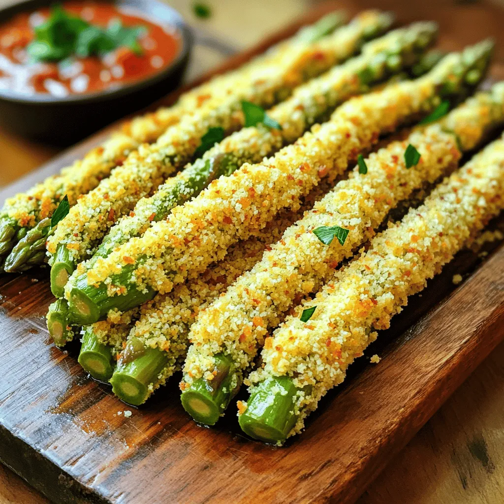 - 1 bunch of fresh asparagus, trimmed (about 16-20 spears) - 1 cup freshly grated Parmesan cheese - 1/2 cup panko breadcrumbs - 3 cloves garlic, finely minced - 1 teaspoon garlic powder - 1/2 teaspoon fine sea salt - 1/4 teaspoon freshly ground black pepper - 2 large eggs, lightly beaten - 2 tablespoons extra virgin olive oil - 1 tablespoon fresh parsley, finely chopped For the best flavor, choose fresh asparagus that is bright green with firm stalks. Look for Parmesan cheese that you grate yourself. Pre-grated cheese often lacks the rich taste you want. When selecting panko breadcrumbs, ensure they are light and airy for that perfect crunch. It’s important to use fresh garlic for the best taste. Always measure your ingredients accurately for consistent results. Each serving of Garlic Parmesan Asparagus Fries offers a tasty balance of nutrients. These fries are low in calories and high in vitamins A and C. They provide healthy fats from olive oil and protein from eggs and cheese. One serving typically contains around 200 calories, 10g of protein, and 15g of fat. This makes them a healthier alternative to regular fries. Enjoy them guilt-free as a snack or side dish! To make Garlic Parmesan Asparagus Fries, start by gathering your ingredients. You will need fresh asparagus, Parmesan cheese, panko breadcrumbs, garlic, eggs, and olive oil. Next, preheat your oven to 425°F (220°C) and line a baking sheet with parchment paper for easy cleanup. In a shallow bowl, mix the panko breadcrumbs, grated Parmesan cheese, minced garlic, garlic powder, sea salt, and black pepper. Stir well to combine all the flavors. In another bowl, beat the eggs until they are smooth and a bit frothy. Now, take each asparagus spear and dip it in the egg mixture. Make sure to coat it well, but let any extra egg drip off. Then, roll the asparagus in the breadcrumb mix, pressing gently to ensure an even coat. Place the coated spears on your prepared baking sheet in a single layer. Drizzle the olive oil over the asparagus. This helps them get that nice crispy texture as they bake. Place the baking sheet in your oven. Bake the asparagus fries for about 15 to 20 minutes. Keep checking until they are fork-tender and the coating is a beautiful golden brown. Once done, take the baking sheet out of the oven. Let the fries cool for a few minutes. This step is important as it helps them crisp up even more. For a lovely presentation, serve your Garlic Parmesan Asparagus Fries on a long platter. Add a small bowl of marinara sauce or garlic aioli for dipping. This adds a tasty twist that everyone will love. Finally, sprinkle some fresh parsley on top for a touch of color and flavor. For the full recipe and more details, check out the [Full Recipe]. To get your Garlic Parmesan Asparagus Fries crispy, follow a few steps. First, use fresh asparagus. The fresher, the better! Next, coat each spear well with the egg and breadcrumb mixture. This helps the coating stick. Press the breadcrumbs onto the asparagus for a nice layer. Finally, drizzle olive oil over the fries. This adds flavor and aids crispiness. I’ve seen a few common mistakes in the kitchen. One is overcrowding the baking sheet. It causes steaming, making your fries soggy. Arrange the asparagus in a single layer. Another mistake is not preheating the oven. A hot oven ensures that the fries cook evenly. Lastly, don’t skip the panko breadcrumbs. They give the perfect crunch. Garnishing adds fun to your dish. Try these ideas to elevate your fries! First, sprinkle more parsley for color. You can also add lemon zest for a fresh taste. If you like heat, sprinkle some red pepper flakes on top. For a dip, serve marinara sauce or a creamy garlic aioli. These little touches make your Garlic Parmesan Asparagus Fries stand out. For the full recipe, check out the earlier section. {{image_4}} You can easily make these fries vegan. Instead of eggs, use a flax egg. Mix one tablespoon of ground flaxseed with three tablespoons of water. Let it sit for a few minutes to thicken. This mixture works great to bind the panko and cheese. For cheese, try using a vegan Parmesan. It adds flavor without dairy. This way, everyone can enjoy these tasty fries! To make Garlic Parmesan Asparagus Fries gluten-free, swap regular breadcrumbs for gluten-free panko. You can also use crushed nuts or almond flour. Both options give a nice crunch. Just ensure all your ingredients are gluten-free. This way, you can enjoy these fries without worry. Want to spice things up? Add some cayenne pepper or chili flakes to the breadcrumb mixture. This gives your fries a nice kick. You can also mix in some dried herbs like oregano or thyme. Fresh herbs like rosemary can add an amazing flavor too. Feel free to experiment and find your favorite taste! For the full recipe, check out the detailed instructions above. You can store leftover Garlic Parmesan Asparagus Fries in the fridge. Use an airtight container. They will stay fresh for up to three days. Make sure the fries are cool before sealing the container. This helps keep them crisp. To reheat, use an oven or air fryer. Preheat the oven to 350°F (175°C). Place the fries on a baking sheet. Heat for about 10 minutes. This keeps them crispy. Avoid using the microwave, as it makes them soggy. You can freeze these fries for later use. First, let them cool completely. Then, place them in a freezer-safe bag. Remove as much air as possible. They can last for up to three months. When ready to eat, bake from frozen at 425°F (220°C) for 20-25 minutes. Enjoy the crunch just like fresh! To make Garlic Parmesan Asparagus Fries, you start by preheating your oven to 425°F (220°C). Next, line a baking sheet with parchment paper. This helps with easy cleanup. Combine panko breadcrumbs, grated Parmesan cheese, minced garlic, garlic powder, sea salt, and black pepper in a shallow bowl. Mix them well. In another bowl, beat two eggs until they look frothy. Dip each asparagus spear into the eggs, letting the excess drip off. Roll them in the breadcrumb mix, ensuring they are coated evenly. Place the spears on the baking sheet in one layer. Drizzle olive oil on top. Bake for 15-20 minutes until crispy and golden. Finally, sprinkle fresh parsley on top for a nice finish. For the full recipe, check out the detailed instructions above. Yes, you can use frozen asparagus, but it may not be as crisp. Frozen asparagus tends to have more moisture. This can lead to soggy fries. If you use frozen asparagus, thaw and drain it well before coating. Pat it dry with a paper towel to remove excess water. This step helps keep the fries crispy when baked. If you need a substitute for Parmesan cheese, try nutritional yeast for a vegan option. It has a cheesy flavor and works well in this recipe. Grated Pecorino Romano offers a similar taste, though it is saltier. If you want a milder cheese, use grated mozzarella. Just remember, the flavor may change with these swaps, but they will still be tasty! This guide covers all you need for perfect Garlic Parmesan Asparagus Fries. We explored key ingredients, measurements, and nutrition. I provided step-by-step instructions to help you bake and serve. Plus, we shared tips for crispiness, mistakes to watch for, and fun garnishing ideas. In the end, try out variations like vegan or gluten-free. Proper storage can keep your fries fresh and tasty. With these insights, you can make delicious fries every time. Enjoy experimenting and sharing these yummy treats!