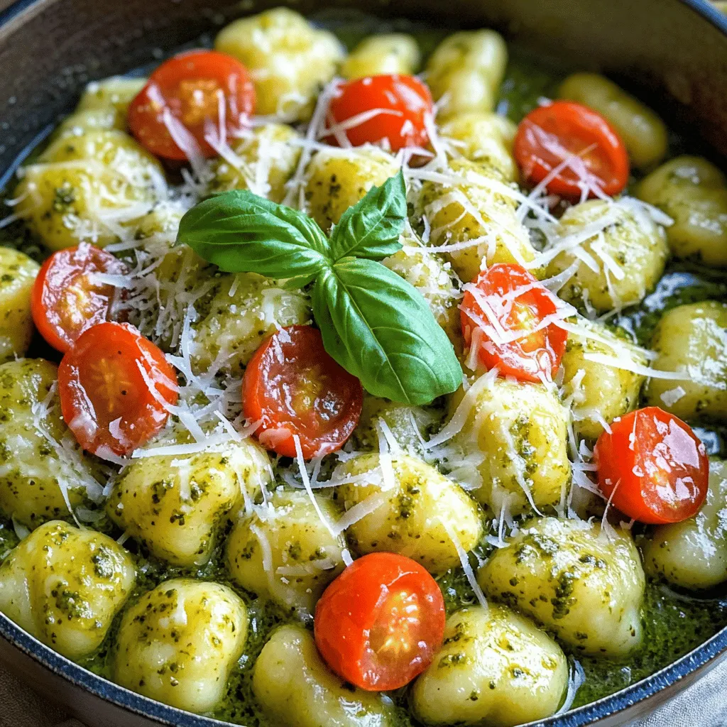 To make this dish, you need simple and fresh ingredients. Here’s what you will use: - 1 package (16 oz) potato gnocchi - 1 cup fresh basil pesto - 1 cup heavy cream - 1 cup cherry tomatoes, halved - ½ cup grated Parmesan cheese, plus extra for serving - 2 cloves garlic, finely minced - 2 tablespoons extra virgin olive oil - Sea salt and freshly cracked black pepper, to taste - Fresh basil leaves, for garnish These ingredients blend well to create a rich and creamy sauce. The gnocchi adds a soft texture, while the pesto brings great flavor. You can easily switch some ingredients for a different taste. Try these options: - Swap potato gnocchi for cauliflower gnocchi for a lighter version. - Use homemade pesto for a fresh touch. - Replace heavy cream with coconut cream for a dairy-free option. - Choose sun-dried tomatoes instead of cherry tomatoes for a bolder flavor. These alternatives let you customize your meal based on what you have at home. Each serving of creamy pesto gnocchi offers balanced nutrition. Here’s a quick breakdown: - Calories: Approximately 450 - Protein: 12g - Fat: 30g - Carbohydrates: 35g - Fiber: 2g This dish is rich in flavor and provides a satisfying meal. It balances carbs and fats well, making it a fulfilling choice for dinner. For the complete recipe, check the Full Recipe section above. To start, bring a large pot of salted water to a boil. This adds flavor to the gnocchi. Once the water is boiling, add the potato gnocchi. Cook them according to the package instructions. The gnocchi are done when they float to the top, usually in about 2-3 minutes. When cooked, drain them and set aside. In a large skillet, heat 2 tablespoons of extra virgin olive oil over medium heat. Wait until the oil shimmers. Then, add 2 cloves of finely minced garlic. Sauté the garlic for about 1 minute. It should smell good but not brown. Next, add 1 cup of cherry tomatoes, halved. Cook for another 2-3 minutes until the tomatoes soften. This step brings out their juices. Now, lower the heat and pour in 1 cup of heavy cream. Stir it well and let it simmer gently for about 2 minutes. After that, mix in 1 cup of fresh basil pesto and ½ cup of grated Parmesan cheese. Stir until you have a smooth and creamy sauce. Season with sea salt and freshly cracked black pepper to taste. Carefully fold the cooked gnocchi into the creamy pesto sauce. Make sure each piece is well coated. Stir gently to combine everything. Let the gnocchi heat through for another 2-3 minutes. Stir occasionally to ensure even heating. When everything is hot, remove the skillet from the heat. Serve the gnocchi in wide, shallow bowls. Garnish with fresh basil leaves and extra Parmesan cheese if you like. Enjoy your creamy pesto gnocchi! For the full recipe, check the ingredients section above. To cook gnocchi just right, follow these tips. Use a large pot for boiling water. Add a good amount of salt. When gnocchi float, they are done. This takes about 2-3 minutes. Be careful not to overcook them. Overcooked gnocchi can turn mushy and lose their charm. Quality pesto makes a big difference in taste. Look for fresh basil pesto with simple ingredients. Check for bright green color and a rich aroma. If you can, buy it from local markets. Homemade pesto is also a great choice. Use fresh basil, good olive oil, and garlic for the best flavor. To make your dish pop, serve it in wide, shallow bowls. This allows the colorful cherry tomatoes and fresh basil to shine. Drizzle some olive oil on top for extra richness. For a bit of crunch, sprinkle more grated Parmesan cheese on each serving. This adds a nice touch and enhances the dish. You can find the full recipe linked above for more detailed steps. {{image_4}} You can change the sauce to mix things up. Try using alfredo sauce instead of creamy pesto. The creamy texture will still shine. You can also add sun-dried tomatoes for a sweet twist. For a spicy kick, mix in some red pepper flakes. If you're feeling adventurous, consider a roasted red pepper sauce. Each option brings a new flavor to the dish. This dish is easy to adapt for different diets. To make it vegetarian, just skip the Parmesan or use a vegetarian version. For a vegan dish, use plant-based gnocchi and substitute the cream with coconut cream. You can also use nutritional yeast for a cheesy flavor without dairy. Fresh basil pesto can be made vegan by replacing cheese with cashews or almond butter. Want to take your creamy pesto gnocchi to the next level? Try adding fresh lemon juice for brightness. A sprinkle of lemon zest can also add a fresh aroma. Another great idea is to fold in some spinach or kale for extra greens. You can also mix in roasted garlic for a deep flavor. These small tweaks can create a more vibrant and delicious meal. For the full recipe, check out the Creamy Pesto Gnocchi Delight 🥔! To store your creamy pesto gnocchi, let it cool first. Place it in an airtight container. Keep it in the fridge for up to three days. The sauce may thicken, but it will still taste great. Always label the container with the date. When you’re ready to eat, reheat the gnocchi gently. You can use a skillet over low heat. Add a splash of cream or water to loosen the sauce. Stir often until it's hot. You can also microwave it for about 1-2 minutes. Cover it to keep moisture in. If you want to freeze your gnocchi, do it before cooking. Place the raw gnocchi on a baking sheet. Freeze them until solid, then transfer to a freezer bag. This way, they last for up to two months. When ready to use, cook directly from frozen. Just add a couple of extra minutes to the cooking time. The best type of gnocchi to use is potato gnocchi. It has a soft, fluffy texture that pairs well with creamy sauces. You can find it in most grocery stores. Look for fresh or frozen options. Fresh gnocchi cooks quickly and tastes great. Frozen gnocchi is handy for meal prep and lasts longer. Either way, gnocchi adds a wonderful base to your creamy pesto dish. Yes, you can make homemade pesto for this recipe. Fresh pesto boosts flavor and freshness. To make it, blend fresh basil, garlic, pine nuts, Parmesan cheese, and olive oil. Use a food processor for the best results. Adjust the ingredients to match your taste. Homemade pesto can also be stored in the fridge for a week. It’s a fun way to personalize your creamy pesto gnocchi. Creamy pesto gnocchi lasts about 3 days in the fridge. Store it in an airtight container to keep it fresh. If you need to save it longer, consider freezing it. Reheat gently on the stove or microwave before serving. Be careful not to overcook it again. This way, you can enjoy your flavorful dish anytime! For a full recipe, check out the detailed instructions above. In this post, you learned how to make creamy pesto gnocchi. We covered the key ingredients and helpful steps for cooking. I shared tips for perfect gnocchi and serving ideas. You also saw how to store leftovers and variations you can try. Remember, this dish is easy to make and full of flavor. Enjoy your cooking adventure!