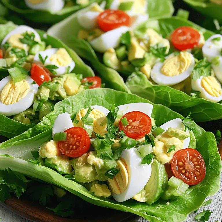 - 4 large hard-boiled eggs - 1 ripe avocado - 1 tablespoon Greek yogurt (or sour cream) - 1 tablespoon Dijon mustard - 1 tablespoon fresh lemon juice - 1 green onion, finely sliced - 1/4 teaspoon garlic powder - Salt and freshly ground black pepper, to taste - Optional: Halved cherry tomatoes and freshly chopped parsley - 8 large romaine or butter lettuce leaves To make avocado egg salad lettuce wraps, gather these fresh and simple ingredients. Start with four hard-boiled eggs. They add protein and texture. Next, grab a ripe avocado. This fruit brings creaminess and flavor. You will also need Greek yogurt or sour cream. This makes the salad rich and smooth. A tablespoon of Dijon mustard adds a zesty kick. Fresh lemon juice brightens the dish with some acidity. The green onion gives a mild bite and color. For seasoning, use garlic powder, salt, and black pepper to taste. You can add halved cherry tomatoes and parsley for a pop of color and taste if you wish. Finally, choose eight large romaine or butter lettuce leaves. These leaves make perfect wraps. They are crunchy and light, holding your delicious filling well. For the full recipe, check the previous section. You'll find all the steps to create this tasty meal. Enjoy the fresh flavors in every bite! - First, chop four hard-boiled eggs into small pieces and put them in a bowl. - Next, slice the ripe avocado in half, remove the pit, and scoop the soft flesh into the bowl with the eggs. - Now, add one tablespoon of Greek yogurt, one tablespoon of Dijon mustard, and one tablespoon of fresh lemon juice to the bowl. - Include one finely sliced green onion, 1/4 teaspoon of garlic powder, and a pinch of salt and pepper. - Use a fork to mash the avocado and mix everything together until you get a nice blend. Keep it slightly chunky for better texture. - Rinse eight large romaine or butter lettuce leaves under cold water and dry them well. - Take one lettuce leaf and spoon a good amount of the avocado egg salad into the center. Be careful not to overfill it. - If you'd like, add halved cherry tomatoes and parsley on top for a pretty finish. For the full recipe, check out the complete instructions above. Enjoy your fresh meal! - Keep the egg salad slightly chunky. This adds a nice bite to your wraps. - Adjust seasoning for personal preference. Taste your mix and tweak it to suit you. - Arrange wraps on a platter for serving. This makes your dish look inviting and fresh. - Garnish with cherry tomatoes and parsley for visual appeal. Their colors add a nice touch. - Prepare hard-boiled eggs in advance. This cuts down on your prep time. - Use pre-packaged avocado for quicker prep. It saves time and still tastes great. Use these tips to make your avocado egg salad lettuce wraps shine. You will enjoy a meal that is both fresh and tasty. For the full recipe, check the recipe section above. {{image_4}} You can easily enhance your avocado egg salad with extra ingredients. Adding diced bell peppers gives a nice crunch. You can also include chopped herbs like dill or cilantro for freshness. These additions lift the flavor and make each bite exciting. If you want to switch things up, try different wraps. Collard greens or spinach leaves are great substitutes for lettuce. They add unique tastes and textures. Whole grain tortillas are another option to consider. They provide a filling and hearty base for your egg salad. For a lighter option, use low-fat or vegan yogurt instead of Greek yogurt. This change keeps the salad creamy while cutting some calories. You can also switch Dijon mustard for hummus. Hummus adds flavor and makes the dish even creamier. You can find the full recipe [here](Full Recipe). You should refrigerate any leftover avocado egg salad in an airtight container. This way, it stays fresh for up to one hour before serving. However, I recommend eating it right away for the best taste. The flavors blend nicely when it’s fresh, and the texture remains creamy. Freezing avocado egg salad is not a good idea. The avocado will change texture and become mushy when thawed. To enjoy the best taste and texture, consume this dish fresh. You can prep the egg salad a day ahead of time. Store it in an airtight container in the fridge. Keep the salad separate from the lettuce leaves. This way, the lettuce stays crisp when you serve the wraps. For the full recipe, check the earlier section. No, fresh hard-boiled eggs provide better texture and flavor. Canned eggs lack the richness and depth that fresh eggs bring. When you boil eggs, the yolk stays creamy, while the whites turn firm. This contrast makes each bite delightful and satisfying. Consume within 1-2 days for best quality. As time passes, the avocado can brown, and the salad loses its fresh taste. Store it in an airtight container to keep it as fresh as possible. If you see browning, you can mix in a little lemon juice to help revive the color. Pair with fresh fruit, vegetable sticks, or a light soup. Fresh fruit adds sweetness, while crunchy vegetable sticks give texture. A light soup can balance the meal and add warmth. These sides complement the wraps and make for a well-rounded meal. In this post, we explored a simple, healthy recipe for avocado egg salad lettuce wraps. We covered the essential ingredients, step-by-step preparation, and tips for the best flavor and texture. These wraps are a great way to enjoy nutritious foods without heavy carbs. As you try this recipe, feel free to make it your own. Enjoy experimenting with different ingredients and variations. Eating healthy can be fun and tasty!