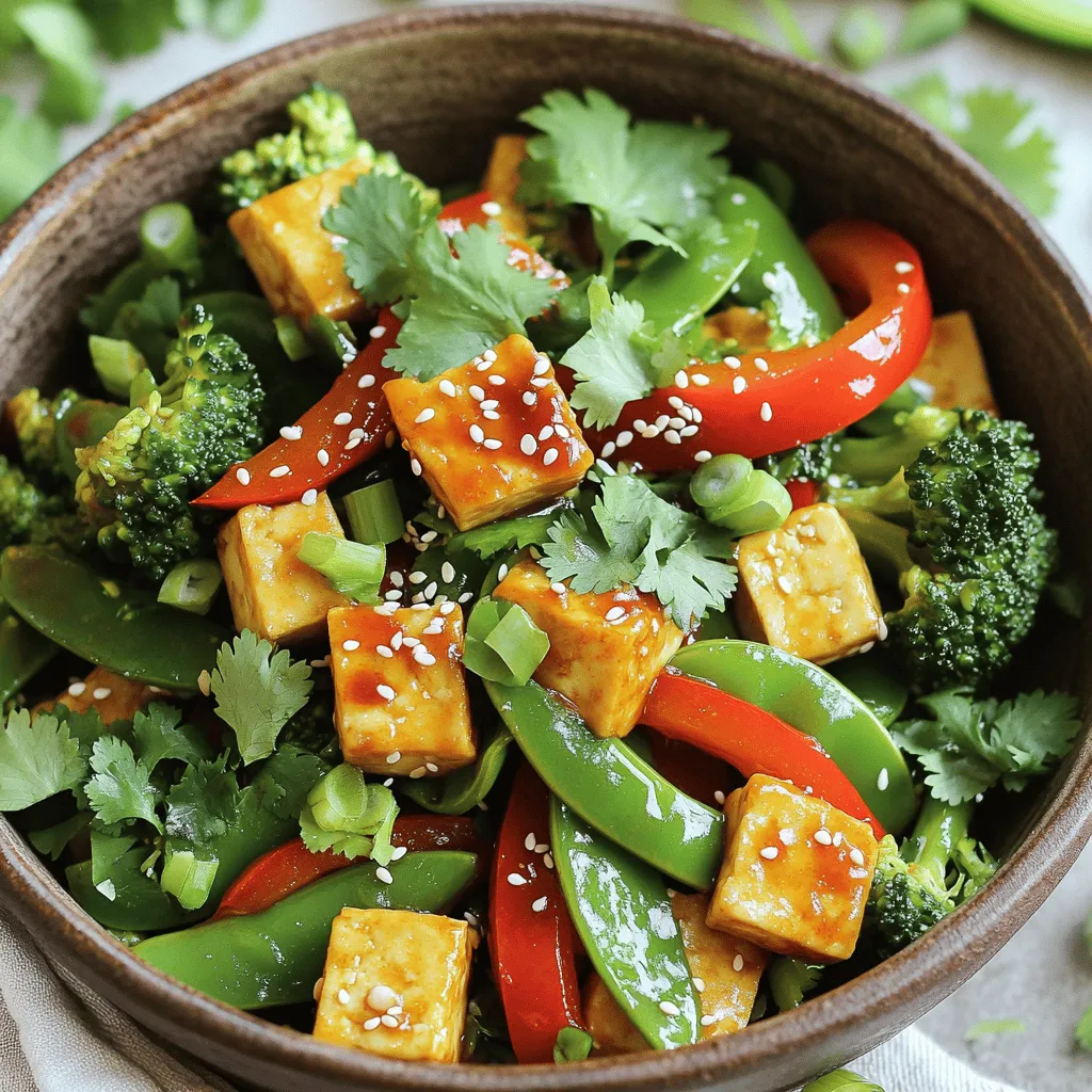 - 1 block (14 oz) firm tofu, well-drained and pressed - 1/4 cup sweet chili sauce - 1 red bell pepper, sliced into thin strips - 1 cup snow peas, trimmed - 1 cup broccoli florets - 2 tablespoons soy sauce - 1 tablespoon sesame oil - 3 cloves garlic, minced - 1 tablespoon fresh ginger, minced - Non-stick skillet or wok - Mixing bowl - Cooking utensils To make a great Sweet Chili Tofu Stir Fry, you need fresh and high-quality ingredients. Firm tofu is key for texture. Sweet chili sauce adds a nice sweet and spicy flavor. Bright veggies like red bell pepper, snow peas, and broccoli make your dish colorful and nutritious. When it comes to seasonings, soy sauce gives depth, while sesame oil adds a nutty finish. Garlic and ginger boost the aroma and flavor. You will need a non-stick skillet or wok for even cooking. A mixing bowl helps to prepare the tofu. Basic cooking utensils like spatulas or tongs are also essential. For the full recipe, check the detailed instructions. Enjoy your cooking! First, I cut the pressed tofu into bite-sized cubes. It’s key to make all pieces the same size. This ensures they cook evenly. Next, I toss these cubes in a bowl with cornstarch. Each piece should get a good coating. This step helps give the tofu a crispy texture when cooked. Now, I heat vegetable oil in a large non-stick skillet over medium-high heat. When the oil shimmers, I add the tofu cubes in a single layer. I sauté the tofu for about 5-7 minutes. I turn them occasionally to get all sides golden brown. Once they are crispy, I remove the tofu and place it on a plate with paper towels. This step absorbs any extra oil. In the same skillet, I add sliced red bell pepper, snow peas, and broccoli florets. I stir-fry these fresh veggies for 4-5 minutes. I want them vibrant and tender-crisp. Next, I add minced garlic and ginger. I stir them in for about one minute. This boosts the aroma and flavor of the dish. After this, I carefully return the crispy tofu to the skillet. I pour in the sweet chili sauce and soy sauce. I gently toss everything together, ensuring the sauce coats the tofu and veggies well. Finally, I drizzle sesame oil over the mix and stir it all to blend the flavors. For the full recipe, check the details above! To achieve crispy tofu, start with firm tofu. Use a block that is well-drained. Press the tofu to remove extra moisture. Wrap it in a clean towel and place something heavy on top. Let it sit for about 15-20 minutes. This step helps the tofu absorb flavors better and get crispy. Once pressed, cut the tofu into even cubes. Toss them in cornstarch. This makes a nice crunchy shell when you fry it. Heat vegetable oil in your skillet until it shimmers. Cook the tofu in a single layer. Turn them until all sides are golden brown. When picking sweet chili sauce, look for one with a good balance of sweet and spicy. Check the label for natural ingredients. Some sauces add preservatives, so read carefully. You can make your own sauce, too! Just mix sugar, vinegar, and chili paste. Homemade sauce lets you control the heat and sweetness. Store-bought options save time but might not have the same taste. Try both and see which you prefer! For the best meal, serve your stir fry with rice or noodles. Both soak up the sauce well and add heartiness. You can also add some lime wedges on the side. They give a fresh kick! For garnishing, sprinkle sesame seeds and chopped green onions on top. Fresh cilantro adds color and flavor. It makes your dish look fancy and fun. Remember, a beautiful plate makes the meal even better. For the full recipe, check out the instructions above. {{image_4}} You can easily make Sweet Chili Tofu Stir Fry more diverse. For a vegetarian twist, consider using tempeh or seitan instead of tofu. Both options bring a unique taste and texture to the dish. If you want to boost the veggie count, add carrots, bell peppers, or zucchini. These colorful additions not only enhance flavor but also make the meal more appealing. To take your stir fry to the next level, mix up the sauces. Try adding teriyaki or hoisin sauce for a different taste. You can also kick up the heat with spices like red pepper flakes or chili paste. A splash of lime juice can add a zesty twist, balancing the sweetness of the chili sauce. If you need a gluten-free meal, swap soy sauce with tamari. It has a similar taste but is free of gluten. You can also use coconut aminos as a soy sauce alternative. Always check the ingredient labels on your sweet chili sauce to ensure it's gluten-free. This way, you can enjoy your stir fry without any worries. For the full recipe, check out the recipe section above. To keep your Sweet Chili Tofu Stir Fry fresh, store leftovers in an airtight container. This way, it stays tasty and prevents odors from mixing. When you want to reheat, use a skillet over low heat. You can also use a microwave, but cover it with a damp paper towel to keep it moist. Yes, you can freeze Sweet Chili Tofu Stir Fry! To do this, let it cool completely first. Then, put it in a freezer-safe bag or container. Make sure to remove as much air as possible. When you’re ready to eat, thaw it overnight in the fridge. Reheat in a skillet or microwave until hot. In the fridge, Sweet Chili Tofu Stir Fry lasts about 3 to 5 days. If it starts to smell sour or looks slimy, it's time to toss it. Always trust your senses; if it doesn’t look or smell right, it’s best to throw it away. Making Sweet Chili Tofu Stir Fry takes about 25 minutes. You spend 15 minutes prepping the ingredients. Cooking takes around 10 minutes. This quick meal fits easily into a busy day. Yes, you can prepare this dish in advance. Cook the tofu and veggies, then store them separately. Keep the sauce aside. This way, you can mix them fresh when you are ready to eat. Just reheat everything and add the sauce before serving. You can serve this stir fry with rice or noodles. Both options soak up the sauce well. Try pairing it with a simple salad for extra crunch. You can also add steamed dumplings for a complete meal. In this guide, we explored making Sweet Chili Tofu Stir Fry. You learned about key ingredients like firm tofu, sweet chili sauce, and fresh veggies. We covered cooking methods, tips for crispy tofu, and serving suggestions. Experiment with flavors and variations to suit your taste. Remember, this dish is not just satisfying; it’s also easy to customize. With proper storage, you can enjoy your stir fry later. Enjoy making and sharing this delicious meal with others!