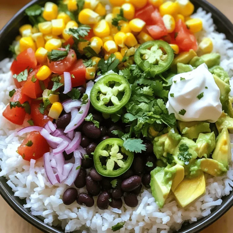 To make cilantro lime rice bowls, you need the following key ingredients: - 1 cup long-grain white rice - 2 cups vegetable broth (or water) - 1/4 cup fresh cilantro, finely chopped - 1 lime (zested and juiced) - 1 tablespoon olive oil - 1/2 teaspoon salt - 1/4 teaspoon black pepper - 1 cup black beans, drained and rinsed - 1 cup corn (fresh or frozen) - 1 avocado, diced - 1 medium tomato, diced - 1/4 red onion, finely chopped - 1/2 teaspoon chili powder You can make your bowls even better with these optional toppings: - Sliced jalapeños - Sour cream - Crumbled feta cheese If you need swaps for any ingredients, consider these options: - Use brown rice instead of white rice for more fiber. - Swap vegetable broth for chicken broth for added flavor. - Fresh cilantro can be replaced with parsley if you prefer. - If you don’t have lime, lemon juice works in a pinch. - For a dairy-free option, use a plant-based sour cream. These ingredients create a fresh and flavorful meal that is easy to customize to your taste. Check out the Full Recipe for detailed cooking steps! Start by rinsing 1 cup of long-grain white rice under cold water. This step washes away excess starch. You want the water to run clear. Next, in a medium saucepan, combine the rinsed rice and 2 cups of vegetable broth or water. Bring it to a rolling boil on medium-high heat. Once it boils, cover the pan, lower the heat, and simmer for 15 to 20 minutes. The rice should be tender and all the liquid absorbed. After cooking, let the rice sit for 5 minutes with the lid on. Then, fluff the rice in a large bowl using a fork. Now, it’s time to add flavor! In the bowl with your fluffed rice, pour in 1 tablespoon of olive oil. Next, add the juice and zest from 1 lime, 1/2 teaspoon salt, and 1/4 teaspoon black pepper. Mix everything well. Finally, gently fold in 1/4 cup of finely chopped fresh cilantro. This will give your rice a bright and fresh taste. In a separate bowl, combine 1 cup of drained and rinsed black beans and 1 cup of corn. Add in 1 diced avocado, 1 diced medium tomato, and 1/4 finely chopped red onion. For a little spice, sprinkle in 1/2 teaspoon chili powder. Mix all the ingredients gently. You want to keep the avocado in nice pieces for a pretty salad. To put it all together, scoop a generous portion of cilantro lime rice into each bowl. Then, top the rice with a hearty helping of your black bean and corn salad. You can add sliced jalapeños for heat, a dollop of sour cream for creaminess, or crumbled feta for a tangy finish. Each bowl should look colorful and inviting. For a fresh touch, serve with a lime wedge on the side. For the full recipe, check out the key ingredients and helpful tips above. Enjoy your delicious, fresh meal! To cook fluffier rice, start by rinsing it well. Rinsing removes extra starch. This step is key to keeping each grain separate. Use cold water until it runs clear. Next, use a proper water-to-rice ratio. For long-grain white rice, two cups of broth or water per cup of rice works great. Bring it to a boil. Once it boils, cover, reduce heat, and let it simmer. The rice needs about 15 to 20 minutes to cook. After cooking, let it sit covered for five minutes. Fluff it gently with a fork to keep it airy. When serving cilantro lime rice bowls, presentation matters. Start with a generous scoop of rice. Use a large bowl for each serving. This gives plenty of room for toppings. Layer the black bean and corn mixture on top. This adds color and flavor. Consider using a lime wedge on the side. It brightens the dish and invites guests to add a splash of lime juice. Keep toppings neat. If you choose jalapeños or sour cream, place them on top. This creates a visually appealing meal. If you have leftovers, store them correctly to keep them fresh. Place the rice and toppings in separate containers. This prevents sogginess. Use airtight containers for best results. Refrigerate your leftovers within two hours of cooking. They can last in the fridge for about three days. To reheat, add a splash of water for moisture. Heat gently in the microwave or on the stovetop. This helps maintain the rice's fluffy texture. For a longer shelf life, consider freezing portions. They can last up to three months in the freezer. {{image_4}} Cilantro lime rice bowls are quite flexible. They fit a vegetarian diet well. You can use vegetable broth for the rice. This adds great flavor. For a vegan option, skip any dairy toppings like sour cream or cheese. Instead, try using avocado for creaminess. This keeps your meal fresh and bright while still being hearty. For those who want more protein, there are many choices. You can add grilled chicken or shrimp for a tasty twist. If you prefer plant-based options, try adding tofu or tempeh. Both soak up flavors and give a nice texture. You can also mix in chickpeas or lentils for added protein and fiber. These additions make the meal more filling and satisfying. To kick up the flavor, consider adding spices. A pinch of cumin or smoked paprika can deepen the taste. If you like heat, slice some jalapeños or add a dash of hot sauce. You can also mix in fresh herbs like parsley for more freshness. Experiment with these enhancements to find your perfect balance. Each tweak brings a new flavor profile to the bowl. Try these variations to make your cilantro lime rice bowls even more exciting. For the full recipe, check out the detailed instructions to get started! Once you finish your cilantro lime rice bowls, let them cool. Place them in an airtight container. The rice and toppings can stay fresh for up to four days in the fridge. This keeps the flavors intact and makes meal prep easy. If you want to save some for later, freezing is great. First, let the bowls cool completely. Then, store rice and toppings separately in freezer-safe containers. They can last up to three months in the freezer. When you're ready to eat, simply thaw them in the fridge overnight. To reheat, add a splash of water to the rice and cover it. Heat in the microwave for 1-2 minutes. Stir halfway through to warm evenly. For the toppings, heat them in a pan over low heat. This method keeps everything tasty and fresh. For the complete cooking process, refer to the Full Recipe. Yes, you can use brown rice. It will take longer to cook, about 40-45 minutes. Brown rice has more fiber and nutrients. Just keep in mind that it has a nuttier flavor and a chewier texture. You may also need to adjust the liquid amount. Use about 2 1/2 cups of vegetable broth for every cup of brown rice. Cilantro lime rice bowls can last for 3 to 5 days in the fridge. Store them in an airtight container to keep them fresh. The rice may absorb more moisture over time, so it might get a bit mushy. To avoid this, consider storing the rice and toppings separately. You can serve many things with cilantro lime rice bowls. Grilled chicken or shrimp adds protein and flavor. For a vegetarian option, try adding roasted veggies or tofu. A side of tortilla chips and salsa makes a great crunchy addition. You can also pair them with a fresh salad or guacamole for extra creaminess. Explore these options to make your meal even more delicious! In this blog post, I covered essential ingredients and step-by-step instructions for creating delicious cilantro lime rice bowls. I shared tips for fluffier rice and how to serve and store leftovers. You can also explore variations, like vegetarian options and protein additions. These bowls are not only tasty but also easy to customize. Remember, experimenting with flavors makes cooking fun and personal. Enjoy your cooking journey, and don't be afraid to make it your own!