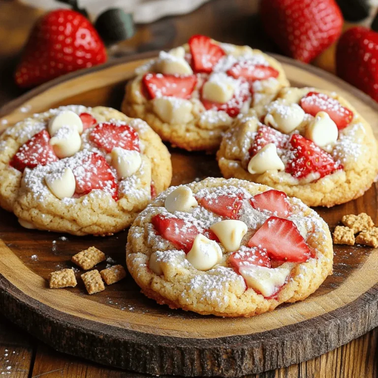 To make these delightful strawberry cheesecake cookies, gather these simple items: - 1 cup unsalted butter, softened to room temperature - 1 cup cream cheese, softened - 1 cup granulated sugar - 1/2 cup packed brown sugar - 1 large egg - 2 teaspoons pure vanilla extract - 2 cups all-purpose flour - 1 teaspoon baking powder - 1/2 teaspoon baking soda - 1/4 teaspoon fine sea salt - 1 cup fresh strawberries, hulled and diced - 1/2 cup white chocolate chips (optional) - 1/4 cup graham cracker crumbs (for topping) You can swap some ingredients to suit your taste or needs. Try these: - Unsalted butter: Use coconut oil or margarine for a dairy-free option. - Cream cheese: Substitute with Greek yogurt for a lighter version. - Granulated sugar: Use coconut sugar or a sugar substitute for a lower-glycemic option. - All-purpose flour: Replace it with almond flour or gluten-free flour for a gluten-free treat. Spice up your cookies with these fun add-ins: - Nuts: Chopped walnuts or pecans can add a nice crunch. - Spices: A pinch of cinnamon or nutmeg boosts flavor. - Citrus zest: Lemon or orange zest gives a fresh twist. - Dark chocolate chips: For a richer taste, swap white chocolate with dark chocolate. By mixing and matching these ingredients, you can create a cookie that’s perfect for you! For the complete recipe and more tips, check out the Full Recipe. Start by preheating your oven to 350°F (175°C). This step is key for even baking. While your oven heats, line a baking sheet with parchment paper. This helps prevent the cookies from sticking and makes cleanup easy. In a large mixing bowl, add 1 cup of softened unsalted butter and 1 cup of cream cheese. Beat them together using an electric mixer until smooth. This creamy base will give your cookies a rich flavor. Next, add 1 cup of granulated sugar and 1/2 cup of packed brown sugar. Mix until fluffy. Then, add 1 large egg and 2 teaspoons of pure vanilla extract. Beat again until everything is creamy and well blended. In a separate bowl, whisk together 2 cups of all-purpose flour, 1 teaspoon of baking powder, 1/2 teaspoon of baking soda, and 1/4 teaspoon of fine sea salt. Gradually add this dry mix to the wet ingredients. Stir gently until just combined. Be careful not to overmix because this can make the cookies tough. Finally, fold in 1 cup of diced fresh strawberries and 1/2 cup of white chocolate chips, if you like. Do this gently to keep the strawberries intact. Scoop the dough onto your prepared baking sheet. Use a cookie scoop or tablespoon to drop generous amounts of dough, spacing them about 2 inches apart. This space allows the cookies to spread while baking. For a fun twist, sprinkle a bit of graham cracker crumbs on top of each cookie. This adds a lovely texture that reminds you of cheesecake. Now, place the baking sheet in the oven. Bake for 12-15 minutes. Look for the edges to turn golden while the centers stay soft. Once done, let the cookies cool on the baking sheet for 5 minutes. Then, transfer them to a wire rack to cool completely. Enjoy your tasty treats! You can find the full recipe for these Strawberry Cheesecake Cookie Delights in the earlier section. To make the best strawberry cheesecake cookies, follow these tips: - Use room temperature butter and cream cheese. This helps create a smooth, creamy base. - Don’t overmix the dough. Mix just until combined to keep cookies soft. - Chill the dough for 30 minutes. This helps the cookies hold their shape. - Space cookies well on the baking sheet. This prevents them from sticking together while baking. Sometimes, things don’t go as planned. Here are solutions to common problems: - Cookies spread too much? Chill the dough longer before baking. - Cookies too dry? Ensure you measure flour correctly. Too much flour makes dry cookies. - Strawberries mushy? Gently fold them into the dough to keep them fresh and intact. Want to make your cookies even better? Try these ideas: - Add a squeeze of lemon juice. It brightens the flavor and balances sweetness. - Mix in cinnamon or nutmeg. These spices add warmth and depth. - Use dark chocolate instead of white. Dark chocolate gives a rich contrast to the sweet cookie. For the complete recipe, check out the Full Recipe. {{image_4}} You can switch strawberries for other fruits. Raspberries, blueberries, or peaches work well. Each fruit brings a new taste and color. Raspberries add a tart kick. Blueberries give a sweet burst. Peaches can offer a juicy, fresh flavor. Just remember to chop the fruit into small pieces. This helps keep the cookies light and fluffy. You can make these cookies gluten-free easily. Just swap all-purpose flour for gluten-free flour blend. Look for a blend that includes xanthan gum. This helps with texture. You may need to adjust baking time slightly. Watch for a golden edge, just like the regular recipe. Enjoy your gluten-free treat without missing the classic taste! Mix in fun flavors to change up your cookies. Try adding lemon zest for a fresh twist. A bit of almond extract can add a lovely nutty note. You can also add a dash of cinnamon for warmth. If you love chocolate, consider using dark chocolate chips. These additions give you endless options to explore. For the full recipe, check out the complete guide on how to make these delightful cookies! To keep your strawberry cheesecake cookies fresh, store them in an airtight container. This way, they stay soft and tasty for days. You can stack them carefully, but be sure to place parchment paper between layers. This prevents sticking. If you plan to share, a nice tin works well too! Freezing cookies is easy and a smart way to save them. First, let the cookies cool completely. Then, arrange them in a single layer on a baking sheet. Freeze for about one hour. After that, transfer the cookies to a freezer-safe bag or container. They can last up to three months in the freezer. When you want one, just thaw it at room temperature for a few minutes. Strawberry cheesecake cookies can last about five days at room temperature. If you keep them in the fridge, they can stay fresh for up to a week. Remember, the fresher they are, the better they taste! For the best flavor, enjoy them within the first few days after baking. If you want to know more about making these tasty treats, check out the Full Recipe. To make Strawberry Cheesecake Cookies, start by mixing the butter and cream cheese. Beat them until creamy. Then, add in the sugars and mix until fluffy. Add the egg and vanilla extract next. In a separate bowl, whisk the dry ingredients: flour, baking powder, baking soda, and salt. Gradually combine the dry with the wet mixture. Finally, gently fold in the diced strawberries. Use a scoop to drop the dough on a baking sheet. Sprinkle graham cracker crumbs on top, then bake until the edges are golden. You can find the complete process in the Full Recipe. Yes, you can use frozen strawberries. However, make sure to thaw and drain them first. This helps keep your cookies from becoming too wet. Frozen strawberries can also break down more during mixing. So, be gentle when folding them into your dough. This way, you’ll still get those lovely bits in your cookies. If your cookie dough is sticky, don’t worry! First, try chilling the dough for about 30 minutes. This will help it firm up. If it’s still too sticky, you can add a little more flour, one tablespoon at a time. Mix it in gently until the dough is manageable. This will make it easier to scoop and shape the cookies. In this article, we explored the key ingredients for Strawberry Cheesecake Cookies and learned how to make them. I shared step-by-step instructions to ensure you bake perfect cookies every time. Tips for flavor and troubleshooting common issues were also included. Variations and storage methods help you enjoy these cookies longer. Remember, baking is fun, and practice makes perfect. Enjoy your sweet creations!